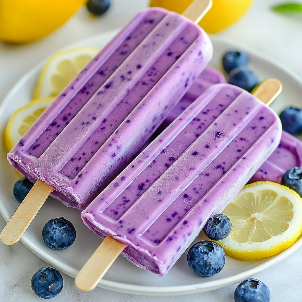 - 2 cups fresh or frozen blueberries - 1 cup plain Greek yogurt - 1/2 cup honey or maple syrup - 1/4 cup freshly squeezed lemon juice - Zest of 1 lemon - 1/2 cup water (if using frozen blueberries) - Pinch of salt - Blueberries: These berries are full of vitamins. They boost heart health and improve brain function. - Greek Yogurt: It provides protein and probiotics. This aids digestion and keeps you full longer. - Honey or Maple Syrup: These natural sweeteners add flavor. They also have antioxidants and may help soothe sore throats. - Lemon Juice: It is rich in vitamin C. This helps strengthen the immune system and brighten your skin. - Lemon Zest: The zest adds flavor and aroma. It also contains healthy oils that have anti-inflammatory properties. - Water: Adding water helps blend the mixture smoothly, especially with frozen fruit. - Salt: Just a pinch enhances the flavors. It balances the sweetness and brightens the taste. - Greek Yogurt: Use dairy-free yogurt for a vegan option. Almond or coconut yogurt works well. - Honey: Swap honey for agave syrup to make it vegan. - Lemon Juice: Lime juice is a great substitute if you want a different twist. - Blueberries: You can use strawberries or raspberries if you prefer. Each will give a fresh taste. - Maple Syrup: If you have a nut allergy, stick with honey or regular sugar. {{ingredient_image_1}} First, gather all your ingredients. You will need: - 2 cups fresh or frozen blueberries - 1 cup plain Greek yogurt - 1/2 cup honey or maple syrup - 1/4 cup freshly squeezed lemon juice - Zest of 1 lemon - 1/2 cup water (if using frozen blueberries) - Pinch of salt Start by placing the blueberries, Greek yogurt, honey, lemon juice, lemon zest, and salt into a blender. If you're using frozen blueberries, add the water. This helps blend everything well. When you blend the mixture, turn the blender to high. Blend until it is smooth. You might need to stop once or twice. Use a spatula to scrape down the sides. This ensures all the ingredients mix together nicely. After blending, taste the mixture. If you want it sweeter, add more honey or syrup. Blend again to mix in the sweetness. Now, take your popsicle molds. Pour the blueberry yogurt mixture into each mold. Leave a little space at the top. The popsicles will expand as they freeze. Next, insert popsicle sticks into the molds. Place them into the freezer. Let them freeze for at least 4 to 6 hours. You want them to be completely solid. When you are ready to enjoy, take the molds out of the freezer. To release the popsicles, run warm water over the outside for about 10 seconds. This will help them come out easily. Enjoy your refreshing blueberry lemon yogurt popsicles! To adjust the sweetness, start with honey or maple syrup. Blend your mix, then taste it. If it’s not sweet enough, add more sweetener. You can go slow. Add a little, blend, and taste again. This way, you get it just right. For perfect popsicles, blend until smooth. Stop once to scrape the sides of your blender. This helps mix all the flavors well. When pouring into molds, leave a small gap at the top. This gap lets the popsicles expand as they freeze. Remember, freeze them for at least 4 to 6 hours. This ensures they are solid. Serve your popsicles on a wooden board or a bright platter. Add fresh blueberries and lemon slices for color. You can also drizzle honey on top for a touch of sweetness. Kids love seeing bright colors, and it makes the treat more fun! Pro Tips Use Fresh Ingredients: Fresh blueberries and lemons will provide the best flavor and vibrant color to your popsicles. Experiment with Sweetness: Adjust the sweetness to your preference; you can use more or less honey or maple syrup depending on your taste. Layer Your Flavors: For a fun twist, layer different fruit purees or yogurt flavors in the popsicle molds for a colorful treat. Store Properly: To prevent freezer burn, wrap the popsicles in plastic wrap or store them in an airtight container after they have frozen. {{image_2}} You can mix up your blueberry lemon yogurt popsicles easily. Try using strawberries or raspberries instead of blueberries. Each fruit gives a new taste. You can also use peaches or mangoes for a tropical twist. Just keep the lemon juice and yogurt for that creamy base. This way, you can enjoy many flavors in one recipe. If you prefer a dairy-free treat, use coconut yogurt instead of Greek yogurt. It gives a rich, creamy texture. Almond milk or oat milk can replace the yogurt too. Just blend them with the fruit and lemon juice. This will still keep your popsicles smooth and tasty. Add a bit of vanilla extract for a warm flavor. A pinch of cinnamon can also bring out the fruit's sweetness. For a fun twist, mix in some fresh mint leaves before blending. This adds a refreshing taste that pairs well with lemon. You can even fold in some chopped nuts for a crunchy surprise. These small changes can make your popsicles unique and exciting. To keep your blueberry lemon yogurt popsicles fresh, follow these steps: - Use airtight containers or freezer bags. - Label each bag or container with the date. - Place them flat in the freezer. This helps them freeze evenly. - Avoid stacking other items on top until they are fully frozen. If stored correctly, these popsicles can last for about two months. After that, they may lose flavor and texture. Always check for ice crystals or off smells before enjoying. If you notice either, it's best to toss them out. Reusing your popsicle molds is easy and eco-friendly. - Clean them with warm soapy water after each use. - Rinse thoroughly to remove any soap. - Let them dry completely before storing. - You can use the same molds for different flavors, just make sure to clean them well. This way, you can enjoy a variety of pops throughout the season! Yes, you can use frozen blueberries. They work well in this recipe. Just remember to add 1/2 cup of water if you use frozen berries. This helps everything blend smoothly. Frozen blueberries taste great and make your popsicles cold and refreshing. To prevent sticking, use warm water. Run warm water over the outside of the molds for about 10 seconds. This will loosen the popsicles. You can also lightly spray the molds with non-stick spray before pouring in the mixture. Both methods will help you enjoy your popsicles without any hassle. If your popsicles are too hard, let them sit at room temperature for a few minutes. This will help them soften. You can also run warm water over the molds longer than 10 seconds. This will help you get them out easier. If they are still hard, just wait a little longer before trying again. This article covered the ingredients, health benefits, and substitutes for delicious popsicles. We shared step-by-step instructions for preparing and freezing, plus tips for sweetness and presentation. Variations like fruit combos and dairy-free options add fun. We also discussed storage and common questions. Enjoy making unique popsicles that are tasty and healthy! You have the tools to craft your flavors.