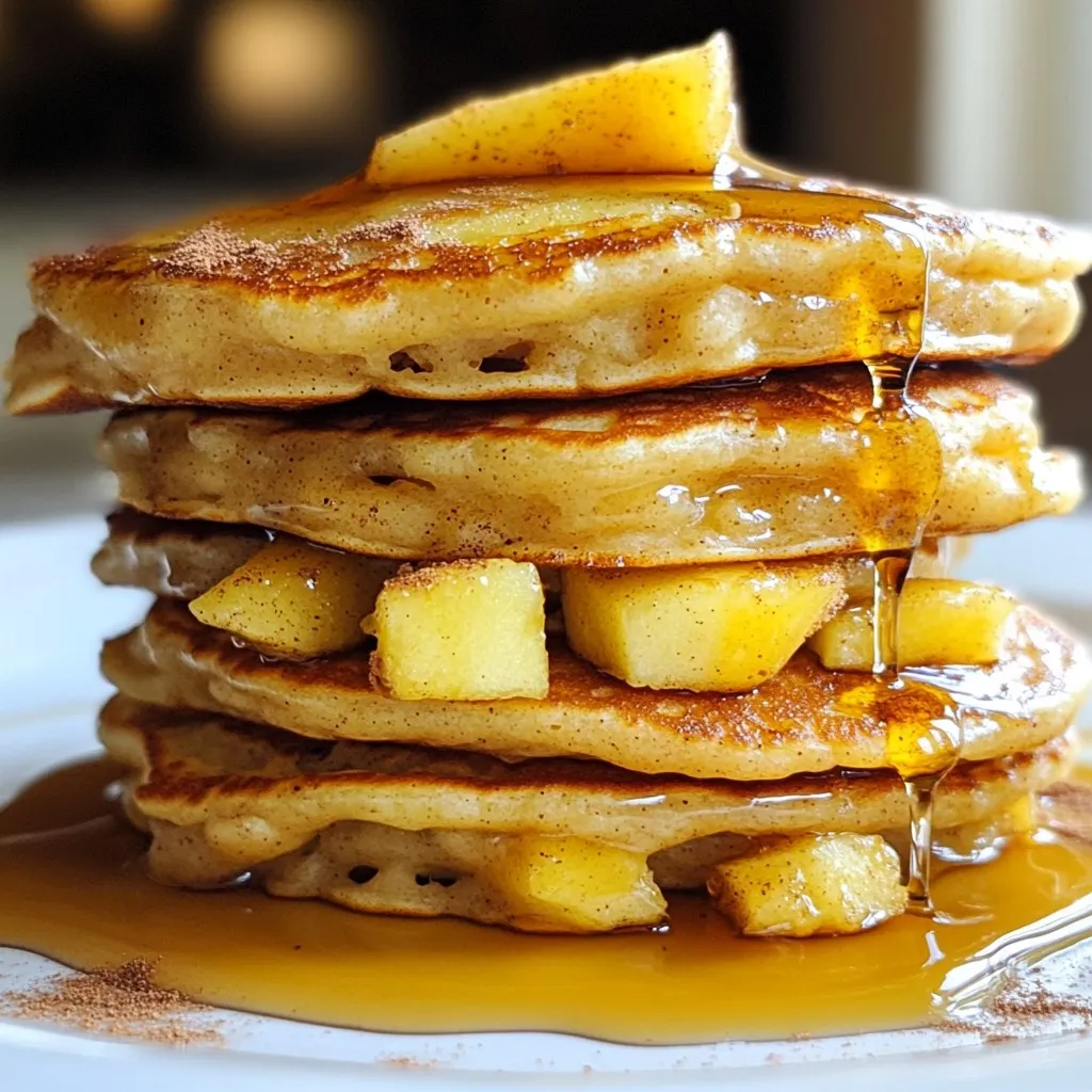 To make apple yogurt pancakes, you need these key items: - 1 cup all-purpose flour - 1 tablespoon baking powder - 1 teaspoon cinnamon - 1/4 teaspoon salt - 1 large apple, peeled and grated - 1 cup plain Greek yogurt - 1/2 cup milk (or any non-dairy milk) - 1 large egg - 2 tablespoons maple syrup (plus extra for serving) - 1 teaspoon vanilla extract - Butter or oil for cooking These ingredients work together to create fluffy and tasty pancakes. The apple adds sweetness, while the yogurt makes them soft. You can make your pancakes even better with these extras: - Additional grated apple - Fresh berries - Sliced bananas - Whipped cream - Nuts or seeds - A sprinkle of powdered sugar These toppings add flavor and color. You can mix and match to find your favorite. Don’t worry if you lack some ingredients. You can swap out a few things: - Use whole wheat flour for a healthier option. - Substitute non-dairy yogurt for the Greek yogurt. - Swap maple syrup with honey or agave syrup. These changes will still give you a great taste. Always feel free to experiment with what you have! {{ingredient_image_1}} Start by gathering a medium bowl. Add 1 cup of all-purpose flour. Then, mix in 1 tablespoon of baking powder, 1 teaspoon of cinnamon, and 1/4 teaspoon of salt. Use a whisk to blend these dry ingredients well. This step helps the baking powder work better. In another bowl, it’s time for the wet ingredients. Grate 1 large apple and add it to the bowl. Then, add 1 cup of plain Greek yogurt. Pour in 1/2 cup of milk, which can be dairy or non-dairy. Crack in 1 large egg, and add 2 tablespoons of maple syrup and 1 teaspoon of vanilla extract. Stir this mixture until it is smooth and creamy. Now, heat a non-stick skillet over medium heat. Add a small amount of butter or oil to the skillet. Once the skillet is hot, pour about 1/4 cup of batter for each pancake. Cook each pancake for 2-3 minutes. You’ll know it’s time to flip when bubbles form on top and the edges look set. Flip the pancake and cook for another 2-3 minutes until golden brown. Repeat this process with the rest of the batter. Serve the pancakes warm, drizzled with more maple syrup and topped with extra grated apple or yogurt if you like. To make your pancakes fluffy, you need to mix the batter gently. Overmixing can make them tough. Combine the wet and dry ingredients just until you see no dry flour. It’s okay if there are a few lumps. Let the batter sit for a few minutes before cooking. This helps it rise better. Using a non-stick skillet is key. Before you pour in the batter, add a small amount of butter or oil to coat the surface. If you notice pancakes sticking, add a bit more fat. This helps them flip easily and come out perfectly golden. Cook your pancakes on medium heat. If the pan is too hot, the outside will burn before the inside cooks. Test the heat by sprinkling a few drops of water in the pan. If they dance and sizzle, your pan is ready. Cook each pancake for about 2-3 minutes per side. Look for bubbles forming on top; that’s your cue to flip! Pro Tips Use Fresh Apples: For the best flavor and moisture, use freshly grated apples. Varieties like Granny Smith or Honeycrisp work wonderfully. Don’t Overmix: When combining the wet and dry ingredients, mix just until they are combined. A few lumps are okay; overmixing can result in tough pancakes. Check the Heat: Ensure your skillet is at the right temperature. If it's too hot, pancakes can burn before cooking through; if too cool, they may turn out soggy. Keep Them Warm: If you're making a large batch, keep the pancakes warm in a low oven (around 200°F or 93°C) while you finish cooking the rest. {{image_2}} You can switch up the apple in your pancakes. Try adding bananas, blueberries, or strawberries. Each fruit brings its own taste. If you use bananas, mash them first. They add sweetness and moisture. Blueberries add a burst of flavor. Toss them in the batter whole. Strawberries, sliced thin, work well too. Mix these fruits in the same way as the apple. Just remember to adjust the amount to fit your taste. For a gluten-free version, use a gluten-free flour mix. Many brands offer good blends that mimic all-purpose flour. Just check that it has a good texture. You may also need to add a bit more liquid. This helps keep the batter moist. If you like, add a tablespoon of ground flaxseed or chia seeds. These add fiber and help bind the mixture without gluten. To make these pancakes vegan, swap the egg for a flax egg. Mix one tablespoon of ground flaxseed with three tablespoons of water. Let it sit for five minutes until it thickens. Replace the Greek yogurt with a plant-based yogurt. Almond or coconut yogurt works well. Use non-dairy milk, like almond or oat milk, in place of cow's milk. You can still enjoy fluffy pancakes while being vegan! After you make your apple yogurt pancakes, you might have some left over. To store them, let the pancakes cool down first. Then, place them in a stack with parchment paper between each pancake. This keeps them from sticking together. Put the stack in an airtight container. Store it in the fridge for up to three days. To reheat your pancakes, use the microwave or a skillet. If you use the microwave, place a pancake on a plate. Heat it for 15 to 30 seconds. If you prefer a skillet, heat it over medium heat. Add a bit of butter or oil, then warm the pancake for about one minute on each side. This keeps the pancakes fluffy and tasty. If you want to save pancakes for later, freezing is a great option. Stack the cooled pancakes with parchment paper in between. Then, wrap the stack tightly in plastic wrap. Place it in a freezer bag. You can freeze them for up to two months. When you're ready to eat, let them thaw in the fridge overnight. Reheat them as mentioned earlier for the best taste. Yes, you can use whole wheat flour. It gives a nutty taste and more fiber. Just note that the pancakes may be a bit denser. To keep them fluffy, you might need to add a little extra milk or yogurt. Start with half a cup and adjust as needed. Test a small batch first to find the right texture. To make these pancakes dairy-free, swap Greek yogurt with a plant-based yogurt. Almond, coconut, or soy yogurt works well. Use almond milk, coconut milk, or oat milk instead of regular milk. Check your yogurt label to ensure it is dairy-free. These swaps keep the flavor and fluffiness you love. Serve these pancakes warm for the best taste. Drizzle with maple syrup for sweetness. You can also top them with extra grated apple for crunch. Another option is to add a dollop of yogurt on top. Pairing them with fresh fruit, like berries or bananas, adds color and flavor. Enjoy your delicious stack! In this article, we explored the essential ingredients for making great pancakes. We also discussed step-by-step instructions to prepare, mix, and cook them. You now know tips for fluffiness, avoiding sticking, and the right temperature. We shared delicious variations, storage tips, and answered common questions about swaps and serving. Pancakes can be simple yet versatile. Experiment with ingredients and toppings. Enjoy making your perfect stack!