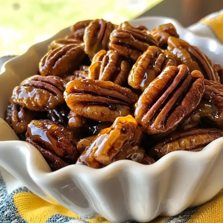 - 1 cup raw pecan halves - 1/2 cup granulated sugar - 1/4 cup water - 1 teaspoon vanilla extract - 1/2 teaspoon ground cinnamon - Pinch of salt These simple ingredients make a tasty treat. You only need raw pecans and a few pantry staples. The sugar and water create a sweet syrup that binds to the nuts. The vanilla adds depth, while cinnamon gives warmth. The salt brings out all the flavors. If you want to switch things up, you can use other nuts. Almonds or walnuts work well too. You can replace granulated sugar with brown sugar for a richer taste. If you need a sugar-free option, use a sweetener like erythritol. You can also leave out the vanilla if you don’t have it. To make your candied pecans even better, try adding some fun extras. A dash of cayenne pepper can add heat. You can also mix in some cocoa powder for a chocolate flavor. Dried fruits like cranberries or cherries can add a nice touch. Experiment and find what you love! {{ingredient_image_1}} To start, gather all your ingredients. You need: - 1 cup raw pecan halves - 1/2 cup granulated sugar - 1/4 cup water - 1 teaspoon vanilla extract - 1/2 teaspoon ground cinnamon - Pinch of salt In a medium saucepan, mix the sugar, water, cinnamon, and salt. Stir this over medium heat. Keep stirring until the sugar dissolves fully. This step is key for a smooth syrup. Once the sugar dissolves, add the pecan halves. Make sure they get coated well with the syrup. Stir them often. You want to watch the mixture closely. Cook for about 8 to 10 minutes. The liquid will thicken and candy. It will change color and smell sweet. When it looks right, take it off the heat. Quickly stir in the vanilla extract. This adds a nice touch of flavor. Now, you need to cool the pecans. Spread them on a baking sheet lined with parchment paper. Make sure they are in a single layer. This helps them cool and harden. Let them sit until they are completely cool. If they stick together, just break them apart. You can serve these nuts in a decorative bowl. They also make great gifts in small jars with ribbons. Enjoy your tasty nutty delight! To make the best candied pecans, follow these steps. Use a medium saucepan for even heat. Combine sugar, water, cinnamon, and salt. Stir the mix over medium heat until the sugar dissolves. This is key for smooth candy. Once the sugar melts, add the pecans. Stir to coat them well. Cook while stirring often. This keeps the nuts from burning. It usually takes about 8 to 10 minutes for the mixture to thicken. When it looks syrupy, you know it’s ready. Quickly add vanilla extract right before removing it from the heat. This gives a nice flavor boost. Always spread the pecans on parchment paper. This helps them cool and harden without sticking. Store the candied pecans in an airtight container. This keeps them fresh and crunchy. Make sure they are completely cool before storing. Warm pecans can create moisture, which makes them soft. You can keep them at room temperature for a week. For longer storage, place them in the fridge. They can last up to a month when stored properly. Just be sure to let them warm up a bit before serving. Candied pecans are great for many occasions. Serve them in a nice bowl at parties. They make a sweet snack for movie night too. You can also use them to top salads. They add a sweet crunch that everyone loves. For gifts, pack them in small jars. Tie a ribbon around them for a personal touch. People will appreciate this tasty treat! Pro Tips Use Fresh Pecans: Always choose fresh raw pecan halves for the best flavor and crunch in your candied pecans. Watch the Heat: Keep an eye on the heat while cooking, as the sugar can burn quickly if it gets too hot. Experiment with Spices: Feel free to add other spices like nutmeg or ginger for a unique twist on the flavor. Storage Matters: Store cooled candied pecans in an airtight container to maintain their crispiness for longer. {{image_2}} You can easily change the taste of candied pecans. For a spicy kick, add cayenne pepper or chili powder. This heat works great with the sweet syrup. If you love chocolate, drizzle melted dark or milk chocolate over the cooled pecans. This adds a rich layer of flavor. You can also mix in a bit of espresso powder for a coffee twist. There are endless ways to make them uniquely yours! If you follow a vegan diet, you can still enjoy these nuts. Simply replace granulated sugar with maple syrup or coconut sugar. Both options give a nice sweetness. For gluten-free diets, this recipe is already safe. Just ensure all your ingredients are certified gluten-free. You can enjoy these treats without worry! While this recipe uses pecans, you can swap in other nuts. Almonds, walnuts, or cashews work well too. Each nut brings its own taste and texture. Almonds will add a nice crunch, while cashews give a creamy flavor. Experiment with what you have on hand. The process remains the same, so get creative! To keep your candied pecans fresh, store them in an airtight container. A glass jar or a plastic container works well. Make sure the pecans are completely cool before sealing. This helps prevent moisture from making them soft. When stored properly, candied pecans last about two weeks. If you notice any signs of moisture or a change in smell, it's best to toss them. For the best taste, eat them within the first week. You can freeze candied pecans if you want to keep them longer. Place them in a freezer-safe bag or container. Make sure to remove as much air as possible. They will stay good for about three months in the freezer. When you're ready to eat them, just thaw them at room temperature. Enjoy them as a crunchy snack or on top of your favorite dish! Yes, you can use many types of nuts. Almonds, walnuts, or cashews work well. Each nut brings a unique flavor. Just remember, different nuts may need slight adjustments in cooking time. Make sure to watch them closely. You can use maple syrup or honey instead. These natural sweeteners add a lovely flavor. Combine them with a bit of water to create a syrup. Follow the same steps as the original recipe. Cook until it thickens and coats the nuts. Candied pecans are super versatile. You can add them to salads for crunch. They also make a tasty snack on their own. Use them as toppings for desserts like ice cream or yogurt. Plus, they make great gifts when packaged nicely. In this article, we explored how to make perfect candied pecans. We discussed the essential ingredients and shared helpful substitutions and add-ins. I provided step-by-step cooking instructions alongside tips to perfect the candying process. You learned various flavor options and how to accommodate different diets. Lastly, we covered storage methods and answered common questions. Candied pecans are versatile, tasty treats. Try making them today to enjoy or share!