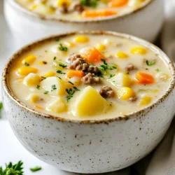 - 1 pound ground beef - 4 medium potatoes, diced - 1 medium onion, chopped - 3 cloves garlic, minced - 4 cups beef broth - 1 cup carrots, sliced - 2 cups heavy cream - 1 cup frozen corn - 1 tablespoon Worcestershire sauce - 1 teaspoon dried thyme - Salt and pepper to taste - Chopped fresh parsley for garnish This soup starts with ground beef. I love using 1 pound for a rich flavor. Next, we need 4 medium potatoes, diced into bite-sized pieces. They add heartiness. A medium onion, chopped, brings depth. I also add 3 cloves of minced garlic for that great aroma. Beef broth is essential. Four cups make the soup flavorful and filling. Carrots add sweetness and color. One cup, sliced, is perfect. Heavy cream is what makes this soup creamy. I use 2 cups to get a smooth texture. Frozen corn adds a pop of sweetness. One cup works well here. For flavor, I add 1 tablespoon of Worcestershire sauce. It brings a nice umami kick. Dried thyme adds a hint of earthiness, so just 1 teaspoon is enough. Don’t forget salt and pepper to taste. They enhance all the flavors. Finally, I like to sprinkle fresh parsley on top. It adds a bright touch and looks lovely in the bowl. {{ingredient_image_1}} - Browning the ground beef Start by heating a skillet over medium heat. Add one pound of ground beef. Cook it until it's brown. Break it apart with a spatula as it cooks. Once it's done, drain any fat and set it aside. - Preparing vegetables While the beef cooks, wash and dice four medium potatoes. Chop one medium onion and mince three cloves of garlic. Slice one cup of carrots. Gather these ingredients to add to your crockpot. - Combining ingredients in the crockpot In your crockpot, add the diced potatoes, chopped onion, minced garlic, sliced carrots, and one cup of frozen corn. Pour in four cups of beef broth. Then, add the cooked ground beef. Stir in one tablespoon of Worcestershire sauce, one teaspoon of dried thyme, salt, and pepper. - Cooking times for low and high settings Cover the crockpot and set it to low for 6-8 hours. If you're in a hurry, set it to high for 4-5 hours. The soup is ready when the potatoes and carrots are tender. - Adding cream before serving About 30 minutes before you serve, stir in one cup of heavy cream. This makes the soup creamy and rich. Let it warm through. - Adjusting seasoning Before serving, taste the soup. Add more salt and pepper if needed. This step helps enhance the flavor. When it's ready, ladle the soup into bowls and garnish with chopped fresh parsley. Enjoy your comforting meal! To enhance flavor in your soup, start by browning the ground beef well. This adds depth and richness. Use fresh garlic for a stronger taste. You can also add a dash of hot sauce if you like some heat. To avoid mushy potatoes, choose a waxy type like Yukon Gold. These hold their shape better when cooked. Cut the potatoes into even-sized pieces to ensure they cook uniformly. If you want them firmer, add them halfway through cooking. Pair this soup with crusty bread or a fresh salad. A slice of warm bread helps soak up the creamy goodness. You can also serve it with some grated cheese on top for extra flavor. For presentation, use rustic bowls and sprinkle fresh parsley on top. This adds color and freshness. Consider adding a side of crunchy crackers for texture. One common error is overcooking the potatoes. This can lead to a mushy texture. Keep an eye on the cooking time, especially if you use high heat. If you don’t have beef broth, chicken broth works well, too. You can also use ground turkey for a leaner option. Just remember to adjust the cooking time if needed. Pro Tips Brown the Beef: Ensure the ground beef is well-browned for deeper flavor before adding it to the crockpot. Use Fresh Herbs: For a brighter flavor, consider adding fresh thyme or parsley just before serving. Adjust the Creaminess: Feel free to use half-and-half instead of heavy cream for a lighter version of the soup. Thicken the Soup: If you prefer a thicker soup, mash some of the potatoes in the crockpot before serving. {{image_2}} You can make this soup lighter by using leaner meats. Ground turkey or chicken works well. They give a nice taste without too much fat. If you want a lighter soup, consider cream alternatives. You can use half-and-half or coconut milk. These options keep it creamy while changing the flavor slightly. To spice things up, think about adding spices for heat. A pinch of cayenne pepper or red pepper flakes will add warmth. If you like it spicy, go for it! You can also use different vegetables in this soup. Try adding bell peppers, spinach, or zucchini. Each veggie brings its own taste and texture. To make this soup gluten-free, use gluten-free beef broth. Many stores sell it. Just check the label before you buy. For vegan adaptations, swap out the ground beef for lentils or beans. Use vegetable broth instead of beef broth. Replace the heavy cream with coconut cream or a nut-based cream. This keeps the soup rich and tasty without animal products. To store leftovers, let the soup cool first. Then, place it in an airtight container. You can keep it in the fridge for up to three days. When you are ready to eat, reheat the soup on the stove over medium heat. Stir it often to warm it up evenly. You can also use the microwave. Just heat it in short bursts, stirring in between, so it warms through. You can freeze this soup for later. First, let it cool completely. Then, pour it into a freezer-safe container. Leave some space at the top, as the soup may expand when frozen. It will stay fresh for about three months. To thaw, place it in the fridge overnight. When you are ready, reheat it on the stove or microwave, stirring well. This soup is safe to eat for three days in the fridge. If you freeze it, enjoy it within three months for the best taste. Always check for any signs of spoilage before eating. If it looks or smells off, it’s best to throw it out. Yes, you can switch out the ground beef. Turkey or chicken work well too. They keep the soup light and tasty. You could also use sausage for a spicy kick. Just keep an eye on the cooking time. Sausage may need less time to cook. Ground lamb can add a nice flavor as well. Feel free to experiment! If your soup turns out too thick, don't worry. You can add more broth or water to it. Stir well to combine. If you want a creamier texture, add more heavy cream. Heat it through on low for a bit. This will help blend the flavors nicely. Always taste it again after adding more liquid. Adjust the seasoning if needed. To make this soup faster, try a few tricks. First, use a pressure cooker instead of a crockpot. It can cook in about 30 minutes. You can also prep your veggies ahead of time. Dice your potatoes and chop your onions in advance. Lastly, use pre-cooked ground beef. Just warm it up in the pot before adding other ingredients. This saves time and still tastes great! This blog post covered all you need for a hearty soup. We explored essential ingredients like ground beef, potatoes, and garlic. You learned the right preparation steps and how to use a crockpot effectively. I also shared tips to enhance flavor and avoid common mistakes. Plus, we looked at tasty variations and storage methods. Remember, cooking is fun. Don't hesitate to try new flavors or adjust recipes to fit your needs. Enjoy making this soup your own!