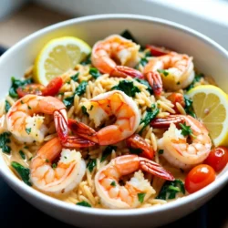 When making One-Pot Garlic Butter Shrimp Orzo, you need fresh and simple ingredients. Each one plays a key role in the flavor and texture. Hereβs what you will need: - 1 pound large shrimp, peeled and deveined - 1 cup orzo pasta - 4 tablespoons unsalted butter - 4 cloves garlic, minced - 1 small onion, finely chopped - 2 cups chicken broth - 1 cup cherry tomatoes, halved - 1 cup fresh spinach - 1 teaspoon paprika - 1 teaspoon lemon zest - Salt and pepper to taste - Fresh parsley, chopped (for garnish) - Lemon wedges (for serving) Using fresh shrimp adds a sweet flavor. The orzo pasta is soft and absorbs all the great tastes. Butter gives a rich touch, while garlic and onion provide depth. Chicken broth brings moisture and warmth. Cherry tomatoes burst with flavor, and spinach adds a healthy touch. Paprika gives a slight kick, while lemon zest brightens the dish. Always use salt and pepper to balance flavors. Garnishing with parsley and lemon wedges makes your dish pop. These ingredients come together to create a meal that is not only tasty but also beautiful on the plate. {{ingredient_image_1}} - SautΓ©ing garlic and onion Start by melting 2 tablespoons of butter in a large pot over medium heat. Once the butter is melted, add 4 cloves of minced garlic and 1 small chopped onion. SautΓ© for about 3-4 minutes until the onion turns soft and clear. This step brings out a rich flavor that forms the base of your dish. - Cooking the shrimp Next, stir in 1 pound of large, peeled, and deveined shrimp. Season them with 1 teaspoon of paprika, salt, and pepper. Cook the shrimp for 2-3 minutes. They should turn pink and opaque. Remove the shrimp from the pot and set them aside. This keeps them juicy and prevents overcooking. - Toasting the orzo In the same pot, add 1 cup of orzo pasta. Toast it lightly in the butter for about 2 minutes until it gets a light golden color. This step adds a nice nutty flavor to the orzo. - Adding chicken broth Pour in 2 cups of chicken broth and bring the mixture to a boil. Once boiling, reduce the heat to a simmer. Cook uncovered for 8-10 minutes. Stir occasionally until the orzo is al dente and most of the liquid is absorbed. This creates a creamy texture that binds the dish. - Incorporating cherry tomatoes and spinach After the orzo is cooked, add 1 cup of halved cherry tomatoes, 1 cup of fresh spinach, and the remaining 2 tablespoons of butter. Also, add the zest of 1 lemon. Stir everything together until the spinach wilts and the tomatoes soften. This adds freshness and brightness to the dish. - Final touches before serving Return the cooked shrimp to the pot and mix gently. Heat everything through and adjust seasoning with extra salt and pepper if needed. Let the dish rest for a couple of minutes before serving. This allows the flavors to meld together beautifully. Enjoy your One-Pot Garlic Butter Shrimp Orzo! Itβs simple yet packed with flavor. To cook shrimp properly, you want them pink and firm. Overcooking makes them rubbery. Cook them for just 2-3 minutes. Keep an eye on them. For orzo, you need a nice texture. Cook it until al dente. This means it should be tender but still have a bite. Stir it often to avoid sticking. Spices add flavor. Paprika gives warmth and color. Lemon zest brightens the dish. Add more salt and pepper to taste. A little extra can make a big difference. Serve your dish in deep bowls. This helps keep the orzo and shrimp in place. It also looks nice. Garnish with fresh parsley. It adds a pop of green. Lemon wedges on the side can give a fresh squeeze right before eating. This makes each bite zesty and fun. Pro Tips Fresh Shrimp: Use the freshest shrimp available for the best flavor and texture. If possible, buy shrimp that is still on ice or from a reputable seafood market. Toast the Orzo: Toasting the orzo in butter before adding liquid enhances its nutty flavor and helps prevent it from becoming mushy. Season to Taste: Always taste the dish before serving and adjust the seasoning as needed. A little extra salt or pepper can elevate the flavors significantly. Rest Before Serving: Allow the dish to rest for a couple of minutes after cooking. This helps the flavors meld together and improves the overall dish quality. {{image_2}} You can switch out shrimp for other proteins. Chicken works well here. Simply cut it into small pieces and cook it until it's no longer pink. Tofu is another great option. Use firm tofu, and cube it. SautΓ© it until golden for added flavor. This makes a tasty vegetarian dish. Adding herbs and spices can boost the dish's flavor. You might try basil or oregano for a fresh taste. A pinch of red pepper flakes adds a nice kick. For the broth, you can also use vegetable broth. This makes the dish lighter and keeps it vegetarian. A splash of white wine can add a fun twist, too. Just remember to let it cook down for a few minutes. To keep your One-Pot Garlic Butter Shrimp Orzo fresh, store leftovers properly. Place the dish in an airtight container. It can stay in the fridge for up to three days. Make sure it cools down to room temperature first. This helps prevent condensation, which can make it soggy. If you want to keep it longer, freeze it. Transfer the cooled orzo to a freezer-safe bag. Squeeze out as much air as possible before sealing. It can last for up to three months in the freezer. Label the bag with the date for easy tracking. When you're ready to enjoy your leftovers, reheating is easy. The best method is on the stove. Place the orzo in a pan with a splash of broth or water. Heat over low to medium heat. Stir often to avoid sticking. This keeps the dish moist and tasty. You can also use the microwave. Place the orzo in a microwave-safe bowl with a splash of liquid. Cover it with a damp paper towel. Heat it in 30-second intervals, stirring in between. This method helps prevent overcooking. Be careful not to overcook the shrimp when reheating. They can become rubbery if heated too long. Aim for just warming the dish until itβs heated through. Enjoy your meal as if it was freshly made! Can I use other types of pasta? Yes, you can use other pasta. Options like penne or fusilli work well. Just adjust the cooking time to match the pasta you pick. Is this recipe gluten-free? This recipe is not gluten-free because of the orzo. However, you can swap orzo for gluten-free pasta. Many brands offer tasty gluten-free options. How long does it take to cook shrimp? Shrimp cooks quickly. It usually takes 2 to 3 minutes to turn pink. Watch closely, as overcooking can make shrimp tough. Can I prepare this dish ahead of time? You can prep some parts ahead. Chop the veggies and clean the shrimp. However, itβs best to cook and serve the dish fresh for the best taste. This dish combines shrimp, orzo, and fresh ingredients for a tasty meal. You learned how to sautΓ©, toast, and combine flavors to create something special. Remember to cook shrimp properly and adjust spices to your taste. You can also switch proteins or broths for variety. With the right storage and reheating tips, leftovers can stay fresh and delicious. I hope you feel inspired to make this dish your own!