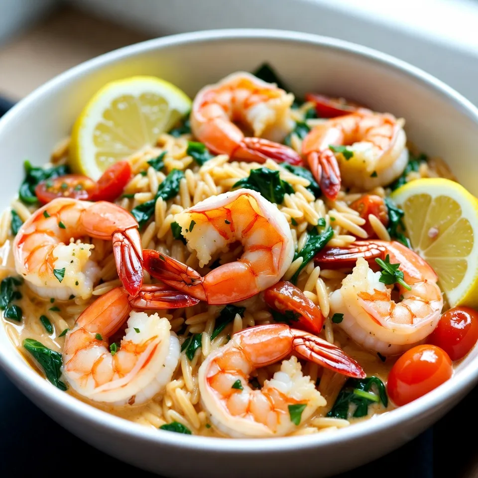 When making One-Pot Garlic Butter Shrimp Orzo, you need fresh and simple ingredients. Each one plays a key role in the flavor and texture. Here’s what you will need: - 1 pound large shrimp, peeled and deveined - 1 cup orzo pasta - 4 tablespoons unsalted butter - 4 cloves garlic, minced - 1 small onion, finely chopped - 2 cups chicken broth - 1 cup cherry tomatoes, halved - 1 cup fresh spinach - 1 teaspoon paprika - 1 teaspoon lemon zest - Salt and pepper to taste - Fresh parsley, chopped (for garnish) - Lemon wedges (for serving) Using fresh shrimp adds a sweet flavor. The orzo pasta is soft and absorbs all the great tastes. Butter gives a rich touch, while garlic and onion provide depth. Chicken broth brings moisture and warmth. Cherry tomatoes burst with flavor, and spinach adds a healthy touch. Paprika gives a slight kick, while lemon zest brightens the dish. Always use salt and pepper to balance flavors. Garnishing with parsley and lemon wedges makes your dish pop. These ingredients come together to create a meal that is not only tasty but also beautiful on the plate. {{ingredient_image_1}} - Sautéing garlic and onion Start by melting 2 tablespoons of butter in a large pot over medium heat. Once the butter is melted, add 4 cloves of minced garlic and 1 small chopped onion. Sauté for about 3-4 minutes until the onion turns soft and clear. This step brings out a rich flavor that forms the base of your dish. - Cooking the shrimp Next, stir in 1 pound of large, peeled, and deveined shrimp. Season them with 1 teaspoon of paprika, salt, and pepper. Cook the shrimp for 2-3 minutes. They should turn pink and opaque. Remove the shrimp from the pot and set them aside. This keeps them juicy and prevents overcooking. - Toasting the orzo In the same pot, add 1 cup of orzo pasta. Toast it lightly in the butter for about 2 minutes until it gets a light golden color. This step adds a nice nutty flavor to the orzo. - Adding chicken broth Pour in 2 cups of chicken broth and bring the mixture to a boil. Once boiling, reduce the heat to a simmer. Cook uncovered for 8-10 minutes. Stir occasionally until the orzo is al dente and most of the liquid is absorbed. This creates a creamy texture that binds the dish. - Incorporating cherry tomatoes and spinach After the orzo is cooked, add 1 cup of halved cherry tomatoes, 1 cup of fresh spinach, and the remaining 2 tablespoons of butter. Also, add the zest of 1 lemon. Stir everything together until the spinach wilts and the tomatoes soften. This adds freshness and brightness to the dish. - Final touches before serving Return the cooked shrimp to the pot and mix gently. Heat everything through and adjust seasoning with extra salt and pepper if needed. Let the dish rest for a couple of minutes before serving. This allows the flavors to meld together beautifully. Enjoy your One-Pot Garlic Butter Shrimp Orzo! It’s simple yet packed with flavor. To cook shrimp properly, you want them pink and firm. Overcooking makes them rubbery. Cook them for just 2-3 minutes. Keep an eye on them. For orzo, you need a nice texture. Cook it until al dente. This means it should be tender but still have a bite. Stir it often to avoid sticking. Spices add flavor. Paprika gives warmth and color. Lemon zest brightens the dish. Add more salt and pepper to taste. A little extra can make a big difference. Serve your dish in deep bowls. This helps keep the orzo and shrimp in place. It also looks nice. Garnish with fresh parsley. It adds a pop of green. Lemon wedges on the side can give a fresh squeeze right before eating. This makes each bite zesty and fun. Pro Tips Fresh Shrimp: Use the freshest shrimp available for the best flavor and texture. If possible, buy shrimp that is still on ice or from a reputable seafood market. Toast the Orzo: Toasting the orzo in butter before adding liquid enhances its nutty flavor and helps prevent it from becoming mushy. Season to Taste: Always taste the dish before serving and adjust the seasoning as needed. A little extra salt or pepper can elevate the flavors significantly. Rest Before Serving: Allow the dish to rest for a couple of minutes after cooking. This helps the flavors meld together and improves the overall dish quality. {{image_2}} You can switch out shrimp for other proteins. Chicken works well here. Simply cut it into small pieces and cook it until it's no longer pink. Tofu is another great option. Use firm tofu, and cube it. Sauté it until golden for added flavor. This makes a tasty vegetarian dish. Adding herbs and spices can boost the dish's flavor. You might try basil or oregano for a fresh taste. A pinch of red pepper flakes adds a nice kick. For the broth, you can also use vegetable broth. This makes the dish lighter and keeps it vegetarian. A splash of white wine can add a fun twist, too. Just remember to let it cook down for a few minutes. To keep your One-Pot Garlic Butter Shrimp Orzo fresh, store leftovers properly. Place the dish in an airtight container. It can stay in the fridge for up to three days. Make sure it cools down to room temperature first. This helps prevent condensation, which can make it soggy. If you want to keep it longer, freeze it. Transfer the cooled orzo to a freezer-safe bag. Squeeze out as much air as possible before sealing. It can last for up to three months in the freezer. Label the bag with the date for easy tracking. When you're ready to enjoy your leftovers, reheating is easy. The best method is on the stove. Place the orzo in a pan with a splash of broth or water. Heat over low to medium heat. Stir often to avoid sticking. This keeps the dish moist and tasty. You can also use the microwave. Place the orzo in a microwave-safe bowl with a splash of liquid. Cover it with a damp paper towel. Heat it in 30-second intervals, stirring in between. This method helps prevent overcooking. Be careful not to overcook the shrimp when reheating. They can become rubbery if heated too long. Aim for just warming the dish until it’s heated through. Enjoy your meal as if it was freshly made! Can I use other types of pasta? Yes, you can use other pasta. Options like penne or fusilli work well. Just adjust the cooking time to match the pasta you pick. Is this recipe gluten-free? This recipe is not gluten-free because of the orzo. However, you can swap orzo for gluten-free pasta. Many brands offer tasty gluten-free options. How long does it take to cook shrimp? Shrimp cooks quickly. It usually takes 2 to 3 minutes to turn pink. Watch closely, as overcooking can make shrimp tough. Can I prepare this dish ahead of time? You can prep some parts ahead. Chop the veggies and clean the shrimp. However, it’s best to cook and serve the dish fresh for the best taste. This dish combines shrimp, orzo, and fresh ingredients for a tasty meal. You learned how to sauté, toast, and combine flavors to create something special. Remember to cook shrimp properly and adjust spices to your taste. You can also switch proteins or broths for variety. With the right storage and reheating tips, leftovers can stay fresh and delicious. I hope you feel inspired to make this dish your own!