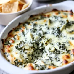 To make this creamy spinach artichoke dip, you will need: - 2 cups fresh spinach, chopped - 1 cup canned artichoke hearts, drained and chopped - 1 cup cream cheese, softened - 1 cup sour cream - 1 cup shredded mozzarella cheese - 1/2 cup grated Parmesan cheese - 2 cloves garlic, minced - 1 teaspoon onion powder - 1/2 teaspoon red pepper flakes (optional) - Salt and pepper to taste - Tortilla chips or sliced baguette for serving These ingredients create a rich and tasty dip. The cream cheese and sour cream give it a smooth texture. The spinach and artichokes add flavor and color. Mozzarella and Parmesan cheese make it cheesy and comforting. You can make this dip even more fun with add-ins. Here are some ideas: - Cooked and crumbled bacon for a smoky touch - Chopped sun-dried tomatoes for a sweet flavor - Extra cheese for a cheesier dip - Fresh herbs like basil or parsley for extra freshness Add-ins can change the taste of your dip. Feel free to mix and match to find your favorite combination. If you have dietary needs, you can still enjoy this dip. Here are some swaps: - Use Greek yogurt instead of sour cream for a lighter option - Swap cream cheese for a dairy-free alternative, like cashew cream - Choose gluten-free chips or veggies for dipping - Use nutritional yeast instead of cheese for a vegan option These substitutions keep the dip delicious while catering to your needs. Enjoy this creamy treat, no matter your diet! {{ingredient_image_1}} First, gather all your ingredients. You will need: - 2 cups fresh spinach, chopped - 1 cup canned artichoke hearts, drained and chopped - 1 cup cream cheese, softened - 1 cup sour cream - 1 cup shredded mozzarella cheese - 1/2 cup grated Parmesan cheese - 2 cloves garlic, minced - 1 teaspoon onion powder - 1/2 teaspoon red pepper flakes (optional) - Salt and pepper to taste Next, chop the fresh spinach and artichokes. Mince the garlic. Make sure cream cheese is soft for easy mixing. In a large bowl, mix the cream cheese, sour cream, mozzarella, and Parmesan. Stir until smooth. This step is key for a creamy texture. Then, gently fold in the spinach, artichokes, and garlic. Add onion powder and red pepper flakes if you want a kick. Season with salt and pepper to your taste. Now, transfer the dip to a baking dish. Spread the mixture out evenly. Preheat your oven to 375°F (190°C). Once ready, bake the dip for 25-30 minutes. Look for a bubbly, golden top. This shows it’s done. Let it cool slightly before serving. Enjoy it warm with tortilla chips or sliced baguette! You can prepare this dip in advance. Mix all the ingredients in a bowl. Transfer it to a baking dish, cover it, and refrigerate. This method keeps it fresh. You can bake it later, just add a few extra minutes to the cooking time. Serve the dip warm for the best flavor. The cheese should be melty and bubbly. If it cools down, it may lose some creaminess. You can reheat it in the oven or microwave if needed. For a great look, serve the dip in the baking dish. Add a sprinkle of fresh parsley on top. You can also sprinkle extra Parmesan cheese for a nice touch. Pair it with tortilla chips or sliced baguette for easy dipping. Pro Tips Use Fresh Ingredients: Fresh spinach and high-quality artichokes will enhance the flavor and texture of your dip, making it more vibrant and delicious. Adjust the Creaminess: For a lighter dip, substitute half of the sour cream with Greek yogurt. It adds creaminess without the extra calories. Make Ahead: Prepare the dip a day in advance and store it in the refrigerator. Just bake it right before serving for a quick and easy appetizer. Experiment with Cheeses: Feel free to mix different cheeses like cheddar or pepper jack for a unique flavor profile. Just ensure to maintain the creaminess with cream cheese and sour cream. {{image_2}} To make a spicy version, add more flavor! Include 1 teaspoon of hot sauce or increase the red pepper flakes to 1 teaspoon. You can also mix in diced jalapeños. This will give your dip a nice kick. Keep tasting as you add spice, so it suits your taste! If you want a vegetarian dip, stick with the basic recipe. All the ingredients are plant-based. Use fresh spinach and canned artichokes. For extra flavor, consider adding chopped sun-dried tomatoes or olives. They add a nice touch and enhance the dish. For a low-carb version, swap out the sour cream for Greek yogurt. Use less cream cheese and add more mozzarella. You can also serve the dip with fresh veggies like bell peppers or cucumber slices instead of chips or bread. This keeps it light but just as tasty! After your party, let the dip cool. Place it in an airtight container. Store it in the fridge for up to four days. Make sure to use a clean spoon each time you serve it. This keeps the dip fresh and safe to eat. You can freeze creamy spinach artichoke dip, but it can change texture. To freeze, let the dip cool completely. Then, place it in a freezer-safe container. Seal it tightly and label it with the date. It can last up to three months in the freezer. When you're ready to use it, move it to the fridge to thaw overnight. To reheat, scoop the dip into an oven-safe dish. Preheat your oven to 350°F (175°C). Bake for about 20 minutes, or until it's warm and bubbling. If you want it extra creamy, stir in a bit more sour cream or cream cheese before reheating. You can also reheat it in the microwave. Heat in short bursts, stirring in between, until warm. Enjoy your dip with fresh tortilla chips or sliced baguette! Yes, you can use frozen spinach. Just make sure to thaw and drain it well. If it is too wet, it can make the dip watery. I like to squeeze the spinach in a towel to remove excess moisture. This keeps the dip creamy and thick. This dip lasts about 3 to 5 days in the fridge. Store it in an airtight container. If you want to keep it fresh longer, consider freezing it. But remember, the texture may change slightly after freezing. I love serving this dip with tortilla chips or sliced baguette. You can also try fresh veggies like carrots or celery sticks. They give a nice crunch and balance the creaminess of the dip. You can even serve it with pita chips for a fun twist! This blog post covered key steps to make creamy spinach artichoke dip. We explored ingredients, baking directions, and tips for serving. You also learned about fun variations and how to store the dip. Remember, making this dip is easy and rewarding. Enjoy customizing it to fit your taste. I hope you feel ready to create your own yummy version. Happy dipping!
