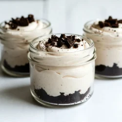 To make No Bake Oreo Cheesecake Jars, you'll need some simple and tasty ingredients. Each component adds flavor and texture. Here’s what you need: - 16 Oreo cookies, crushed - 2 tablespoons unsweetened cocoa powder - 1 cup cream cheese, softened - 1/2 cup powdered sugar - 1 teaspoon vanilla extract - 1 cup heavy whipping cream - 1/2 cup sour cream - A pinch of salt - Extra Oreos for garnish These ingredients come together to create a rich and creamy dessert. Start with the crunchy Oreos for the base. The cocoa powder adds a deep chocolate flavor. Cream cheese provides that smooth and creamy texture, while the powdered sugar sweetens the mix. Vanilla extract gives the filling a warm flavor. Heavy whipping cream makes the filling light and fluffy, and sour cream adds a nice tang. Finally, a pinch of salt helps to balance all the sweet flavors. Using extra Oreos for garnish not only makes it pretty, but it also adds more crunch. This dessert is easy to make and fun to enjoy. You can layer the ingredients in jars and see each layer. This adds to the fun of eating it! {{ingredient_image_1}} To start, take your 16 Oreo cookies and crush them in a bowl. I like to use a rolling pin for this, but you can use a food processor too. Next, add 2 tablespoons of cocoa powder to the crushed cookies. Mix well. You want a nice, even blend. Now, take this mixture and divide it among your jars. Press it down firmly to form a solid base layer. This crust will give your cheesecake great flavor. In a large mixing bowl, grab 1 cup of softened cream cheese. Use an electric mixer to beat it until smooth and creamy. This step is crucial for a silky texture. Next, slowly add 1/2 cup of powdered sugar and 1 teaspoon of vanilla extract. Mix until everything is nicely combined. Now, in another bowl, whip 1 cup of heavy whipping cream until it forms stiff peaks. Gently fold this whipped cream into the cream cheese mixture. This will make your filling light and fluffy. Finally, add 1/2 cup of sour cream and a pinch of salt. Fold gently until it’s all smooth. Now it’s time to layer the cheesecake. Spoon a layer of your cheesecake filling over the Oreo crust in each jar. Use a spatula to smooth it out. You can repeat this process, adding another layer of filling to each jar. Fill them up, but leave a little space at the top. Cover each jar with a lid or plastic wrap and chill them in the fridge. Let them sit for at least 4 hours. The longer they chill, the better they taste! To make a great no bake Oreo cheesecake, start with softened cream cheese. Softened cream cheese mixes better. It helps to create a smooth and creamy filling. Take the cream cheese out of the fridge for at least 30 minutes before using. This makes it easier to blend. Next, whip your heavy cream to stiff peaks. This means the cream should hold its shape well when you lift the mixer. Stiff peaks add air and lightness to the filling. Gently fold the whipped cream into the cream cheese mix. This keeps the texture fluffy. For a stunning presentation, use clear jars to show off the layers. Place the jars on a nice platter. You can add whole Oreo cookies next to the jars for a fun touch. Before serving, crush extra Oreos and sprinkle them on top of each jar. This adds a nice crunch and looks great. A dollop of whipped cream can also add flair. This simple garnish makes your dessert even more delightful. Pro Tips Chill for Best Results: Allow the jars to chill overnight for a richer flavor and smoother texture in your cheesecake. Perfect Whipping: Make sure your heavy whipping cream is cold before whipping to achieve the best stiff peaks. Layering Technique: Use a spatula to smooth out each layer of cheesecake filling for a polished look in your jars. Garnishing Tricks: For added visual appeal, use a mix of crushed and whole Oreos as garnish on top of your jars. {{image_2}} You can easily change the taste of your No Bake Oreo Cheesecake Jars. Here are some fun ideas: - Adding extracts: Try using almond or mint extract for a new twist. Just add a few drops when mixing the cream cheese. These flavors will surprise your taste buds. - Incorporating chocolate chips or fruit: Mix in some mini chocolate chips for extra texture. You can also add fresh fruit like strawberries or raspberries. This gives a nice contrast to the rich cheesecake. You can make this recipe fit different diets without losing taste. - Alternatives for low-fat options: Use low-fat cream cheese and light sour cream. This keeps the creamy texture but cuts some calories. You can also use a sugar substitute if you want fewer carbs. - Gluten-free ingredient suggestions: Swap out regular Oreos for gluten-free cookies. Many brands now offer tasty gluten-free options. This way, everyone can enjoy this delightful dessert. To keep your No Bake Oreo Cheesecake Jars fresh, follow these steps: - Cover the jars: Use the lids or plastic wrap to seal them tightly. This prevents air from getting in and keeps them fresh. - Store in the fridge: Place your jars in the fridge. They will stay good for up to five days. - Can you refreeze? I don’t recommend refreezing these jars. The texture may change and become watery. - How to refresh texture before serving: If the texture feels a bit off, gently stir the cheesecake filling. You can also add a little whipped cream to make it creamy again. Can I use different cookies for the crust? Yes, you can use different cookies. Try chocolate wafer cookies or graham crackers. Each will give a unique taste. Just crush them well before mixing. How long can I keep these jars in the fridge? You can keep the jars in the fridge for up to five days. Make sure they are sealed tightly. This will help keep them fresh. Can I make this recipe ahead of time? Absolutely! This recipe is great for making ahead of time. You can prepare it one day before serving. The flavors will blend and taste even better. What if my cheesecake filling is too runny? If your filling is too runny, try adding more whipped cream. This will help thicken it. You can also chill it longer, which may help set the filling. How to fix grainy cream cheese mixture? To fix grainy cream cheese, ensure it is fully softened. Use a mixer to beat it until smooth. If it’s still grainy, whip in some heavy cream until it’s creamy. You learned how to make a delicious no-bake Oreo cheesecake. We covered the key ingredients, easy steps, and helpful tips. Remember, using softened cream cheese gives the best texture. Get creative with flavors and adjust for dietary needs. Store your jars correctly to enjoy them longer. With these insights, you’ll impress everyone with your dessert skills. Enjoy making and sharing this treat!