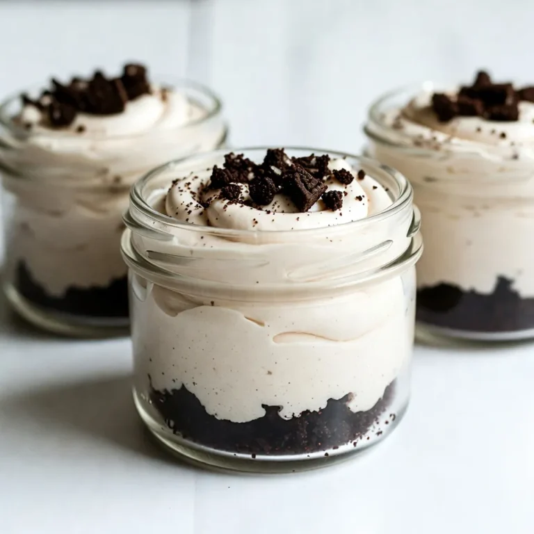 To make No Bake Oreo Cheesecake Jars, you'll need some simple and tasty ingredients. Each component adds flavor and texture. Here’s what you need: - 16 Oreo cookies, crushed - 2 tablespoons unsweetened cocoa powder - 1 cup cream cheese, softened - 1/2 cup powdered sugar - 1 teaspoon vanilla extract - 1 cup heavy whipping cream - 1/2 cup sour cream - A pinch of salt - Extra Oreos for garnish These ingredients come together to create a rich and creamy dessert. Start with the crunchy Oreos for the base. The cocoa powder adds a deep chocolate flavor. Cream cheese provides that smooth and creamy texture, while the powdered sugar sweetens the mix. Vanilla extract gives the filling a warm flavor. Heavy whipping cream makes the filling light and fluffy, and sour cream adds a nice tang. Finally, a pinch of salt helps to balance all the sweet flavors. Using extra Oreos for garnish not only makes it pretty, but it also adds more crunch. This dessert is easy to make and fun to enjoy. You can layer the ingredients in jars and see each layer. This adds to the fun of eating it! {{ingredient_image_1}} To start, take your 16 Oreo cookies and crush them in a bowl. I like to use a rolling pin for this, but you can use a food processor too. Next, add 2 tablespoons of cocoa powder to the crushed cookies. Mix well. You want a nice, even blend. Now, take this mixture and divide it among your jars. Press it down firmly to form a solid base layer. This crust will give your cheesecake great flavor. In a large mixing bowl, grab 1 cup of softened cream cheese. Use an electric mixer to beat it until smooth and creamy. This step is crucial for a silky texture. Next, slowly add 1/2 cup of powdered sugar and 1 teaspoon of vanilla extract. Mix until everything is nicely combined. Now, in another bowl, whip 1 cup of heavy whipping cream until it forms stiff peaks. Gently fold this whipped cream into the cream cheese mixture. This will make your filling light and fluffy. Finally, add 1/2 cup of sour cream and a pinch of salt. Fold gently until it’s all smooth. Now it’s time to layer the cheesecake. Spoon a layer of your cheesecake filling over the Oreo crust in each jar. Use a spatula to smooth it out. You can repeat this process, adding another layer of filling to each jar. Fill them up, but leave a little space at the top. Cover each jar with a lid or plastic wrap and chill them in the fridge. Let them sit for at least 4 hours. The longer they chill, the better they taste! To make a great no bake Oreo cheesecake, start with softened cream cheese. Softened cream cheese mixes better. It helps to create a smooth and creamy filling. Take the cream cheese out of the fridge for at least 30 minutes before using. This makes it easier to blend. Next, whip your heavy cream to stiff peaks. This means the cream should hold its shape well when you lift the mixer. Stiff peaks add air and lightness to the filling. Gently fold the whipped cream into the cream cheese mix. This keeps the texture fluffy. For a stunning presentation, use clear jars to show off the layers. Place the jars on a nice platter. You can add whole Oreo cookies next to the jars for a fun touch. Before serving, crush extra Oreos and sprinkle them on top of each jar. This adds a nice crunch and looks great. A dollop of whipped cream can also add flair. This simple garnish makes your dessert even more delightful. Pro Tips Chill for Best Results: Allow the jars to chill overnight for a richer flavor and smoother texture in your cheesecake. Perfect Whipping: Make sure your heavy whipping cream is cold before whipping to achieve the best stiff peaks. Layering Technique: Use a spatula to smooth out each layer of cheesecake filling for a polished look in your jars. Garnishing Tricks: For added visual appeal, use a mix of crushed and whole Oreos as garnish on top of your jars. {{image_2}} You can easily change the taste of your No Bake Oreo Cheesecake Jars. Here are some fun ideas: - Adding extracts: Try using almond or mint extract for a new twist. Just add a few drops when mixing the cream cheese. These flavors will surprise your taste buds. - Incorporating chocolate chips or fruit: Mix in some mini chocolate chips for extra texture. You can also add fresh fruit like strawberries or raspberries. This gives a nice contrast to the rich cheesecake. You can make this recipe fit different diets without losing taste. - Alternatives for low-fat options: Use low-fat cream cheese and light sour cream. This keeps the creamy texture but cuts some calories. You can also use a sugar substitute if you want fewer carbs. - Gluten-free ingredient suggestions: Swap out regular Oreos for gluten-free cookies. Many brands now offer tasty gluten-free options. This way, everyone can enjoy this delightful dessert. To keep your No Bake Oreo Cheesecake Jars fresh, follow these steps: - Cover the jars: Use the lids or plastic wrap to seal them tightly. This prevents air from getting in and keeps them fresh. - Store in the fridge: Place your jars in the fridge. They will stay good for up to five days. - Can you refreeze? I don’t recommend refreezing these jars. The texture may change and become watery. - How to refresh texture before serving: If the texture feels a bit off, gently stir the cheesecake filling. You can also add a little whipped cream to make it creamy again. Can I use different cookies for the crust? Yes, you can use different cookies. Try chocolate wafer cookies or graham crackers. Each will give a unique taste. Just crush them well before mixing. How long can I keep these jars in the fridge? You can keep the jars in the fridge for up to five days. Make sure they are sealed tightly. This will help keep them fresh. Can I make this recipe ahead of time? Absolutely! This recipe is great for making ahead of time. You can prepare it one day before serving. The flavors will blend and taste even better. What if my cheesecake filling is too runny? If your filling is too runny, try adding more whipped cream. This will help thicken it. You can also chill it longer, which may help set the filling. How to fix grainy cream cheese mixture? To fix grainy cream cheese, ensure it is fully softened. Use a mixer to beat it until smooth. If it’s still grainy, whip in some heavy cream until it’s creamy. You learned how to make a delicious no-bake Oreo cheesecake. We covered the key ingredients, easy steps, and helpful tips. Remember, using softened cream cheese gives the best texture. Get creative with flavors and adjust for dietary needs. Store your jars correctly to enjoy them longer. With these insights, you’ll impress everyone with your dessert skills. Enjoy making and sharing this treat!