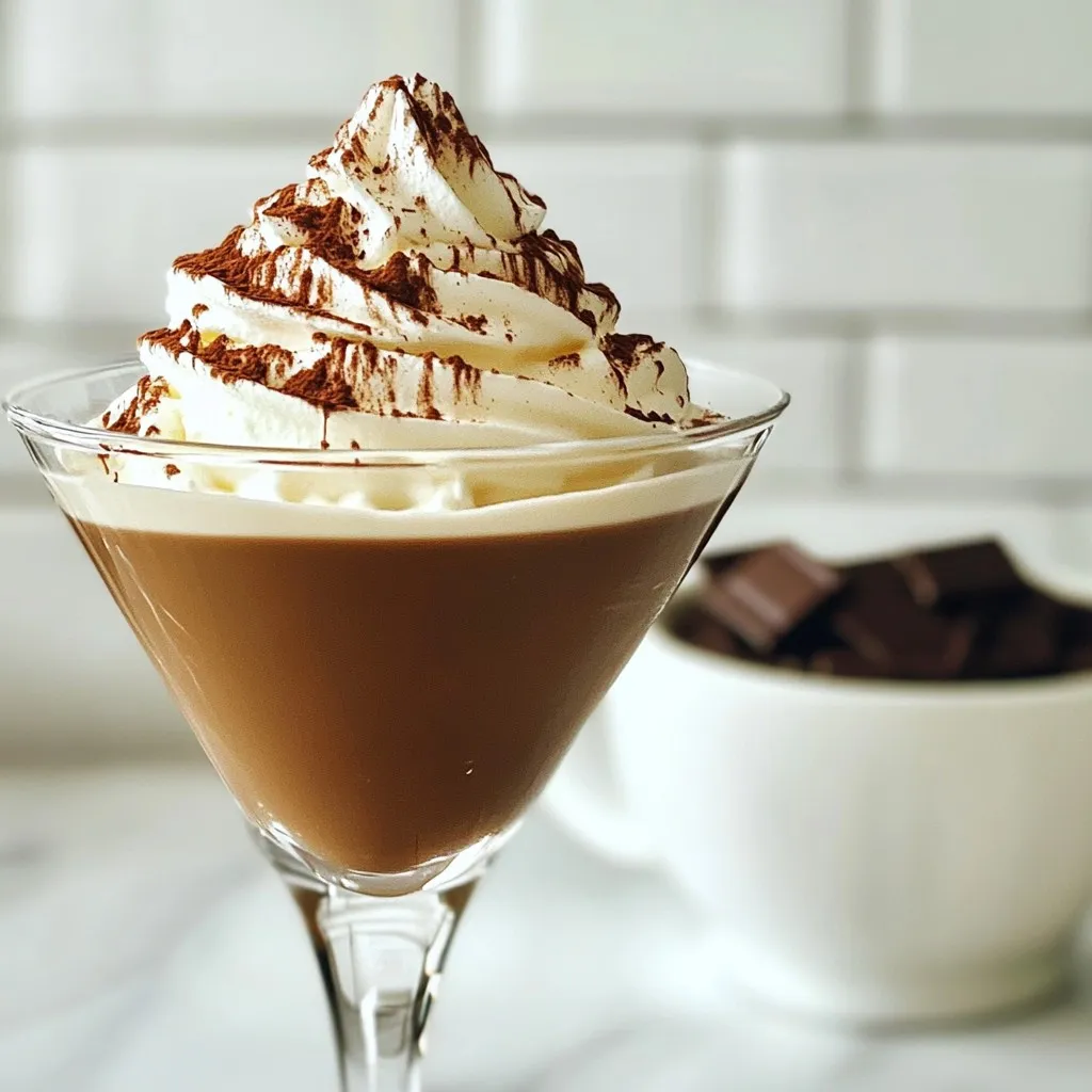 - 1/2 cup chocolate milk - 1/4 cup cream or half-and-half - 2 tablespoons chocolate syrup - 3 tablespoons cocoa powder - 1/4 cup vanilla extract - 1 tablespoon powdered sugar (optional) - Ice cubes - Chocolate shavings or cocoa powder (for garnish) - Whipped cream (for topping) To make the Ultimate Baileys Chocolate Martini, you need precise amounts. Use 1/2 cup of chocolate milk for a rich base. Add 1/4 cup of cream or half-and-half for smoothness. Use 2 tablespoons of chocolate syrup to enhance the chocolate flavor. Add 3 tablespoons of cocoa powder for depth. Include 1/4 cup of vanilla extract for sweetness. You can add 1 tablespoon of powdered sugar if you like it sweeter. Don’t forget a handful of ice cubes to chill it. Finally, have chocolate shavings or cocoa powder ready for garnish, and some whipped cream to top it off. For the best taste, I recommend using high-quality chocolate milk. Brands like Hershey’s or your local dairy make great options. If you prefer a lighter drink, choose half-and-half over cream. You can swap chocolate syrup with homemade syrup for a fresher taste. For cocoa powder, use Dutch-processed for a smoother flavor. If you want to skip powdered sugar, you can add a bit more chocolate syrup. For a vegan version, use almond milk or coconut cream instead of regular milk and cream. Always pick fresh, high-quality ingredients for the best results! {{ingredient_image_1}} To start, gather your ingredients for the ultimate Baileys chocolate martini. You will need: - 1/2 cup chocolate milk - 1/4 cup cream or half-and-half - 2 tablespoons chocolate syrup - 3 tablespoons cocoa powder - 1/4 cup vanilla extract - 1 tablespoon powdered sugar (optional) - Ice cubes - Chocolate shavings or cocoa powder for garnish - Whipped cream for topping In a shaker, combine the chocolate milk, cream, chocolate syrup, cocoa powder, and vanilla extract. If you want more sweetness, add powdered sugar. Next, add a handful of ice cubes to the shaker. Secure the lid tightly. This is key to avoid spills. Shake vigorously for about 30 seconds. You want the mixture to be well combined and chilled. Now, it’s time to serve! Strain the mixture into a chilled martini glass. This helps keep your drink cold. Top it with a swirl of whipped cream. Then, sprinkle chocolate shavings or cocoa powder on top. For an elegant touch, add a chocolate stick or mini chocolate bar on the rim of the glass. Enjoy your smooth and decadent treat! To make your Baileys Chocolate Martini even better, focus on the flavors. Use high-quality chocolate milk. It adds a rich taste. Try different chocolate syrups for unique twists. You can also mix in some espresso for a coffee kick. This adds depth and warmth. If you like it sweeter, add more powdered sugar. Tailor the sweetness to your taste. For a creamy martini, use half-and-half instead of cream. It blends smoothly. Shaking the mixture well is key. Shake it for at least 30 seconds. This cools the drink and mixes the flavors. Strain it into the glass to remove ice shards. This step ensures a silky texture. Garnishing makes your martini stand out. Start with a swirl of whipped cream on top. It looks lovely and tastes great. Then add chocolate shavings or cocoa powder. This gives it a fancy touch. You can even place a chocolate stick on the rim. It adds flair and a fun treat. Pro Tips Chill Your Glasses: Place your martini glasses in the freezer for about 15 minutes before serving to keep your drink cold longer. Quality Ingredients Matter: Use high-quality chocolate milk and cocoa powder for a richer flavor that elevates your martini experience. Experiment with Flavors: Try adding a splash of flavored vodka or liqueur, such as hazelnut or orange, to create a unique twist on this classic drink. Perfect Whipped Cream: For a more stable whipped cream topping, consider using a stabilizer like gelatin or powdered sugar to keep it from deflating. {{image_2}} You can change the flavor of your Baileys chocolate martini. Here are some fun ideas: - Mint Chocolate: Add a splash of mint extract. - Orange Chocolate: Mix in some orange zest or orange liqueur. - Hazelnut Chocolate: Use hazelnut syrup for a nutty twist. These flavors will add a new twist to the classic recipe. Feel free to mix and match! If you want a tasty treat without alcohol, try this simple swap: - Use chocolate milk and cream. - Skip the Baileys and add more chocolate syrup. - You can still enjoy the whipped cream and chocolate shavings. This non-alcoholic version tastes just as good. It’s perfect for kids or anyone avoiding alcohol. Seasonal themes can make your drink even more special. Here are some ideas: - Holiday Spice: Add cinnamon or nutmeg for winter vibes. - Spring Fresh: Use fresh berries as a garnish. - Summer Chill: Blend in ice for a frozen treat. - Halloween Fun: Use orange food coloring and serve with ghost-shaped marshmallows. These themes will impress your guests and make every sip feel festive! If you have leftover chocolate milk, cream, or cocoa powder, store them in the fridge. Keep them in airtight containers. This helps keep them fresh. For chocolate syrup, a cool, dark place works best. Make sure to tightly seal the bottle after use. You can pre-make your chocolate martini mix. Just combine the chocolate milk, cream, syrup, cocoa powder, and vanilla in a jar. Store it in the fridge for up to two days. When ready to serve, shake it with ice. This makes it quick and easy for guests. Most ingredients last a while. Chocolate milk and cream last about a week in the fridge. Cocoa powder keeps its taste for months if stored well. Chocolate syrup can last for a year. Always check the expiration dates on your ingredients to ensure freshness. Serve a Chocolate Martini in a chilled martini glass. The glass should be cold to keep the drink smooth and refreshing. You can add a chocolate stick or a mini chocolate bar on the rim. This adds a fancy touch and a bit of extra flavor. Want to impress your friends? Use chocolate shavings or cocoa powder to garnish the top. This makes your drink look elegant and tasty. Yes, you can prepare some parts of the Chocolate Martini in advance. Mix the chocolate milk, cream, chocolate syrup, cocoa powder, and vanilla in a shaker. Store this mix in the fridge for up to one day. When you’re ready, just add ice, shake, and pour. This saves time and lets you enjoy the fun part of serving your drink! Making a vegan Chocolate Martini is easy! Simply swap the cream for a plant-based milk, like almond or coconut milk. Use vegan chocolate syrup and skip the powdered sugar if you want. The flavor will still be rich and delightful. Your vegan friends will love this version just as much! This article covered ingredients, steps, tips, and variations for making a Chocolate Martini. You learned how to mix flavors and achieve the perfect texture. I shared how to store leftovers and answered key questions. With these insights, you can craft a great drink for any occasion. Enjoy experimenting with flavors and impressing your friends. Cheers to your next Chocolate Martini!