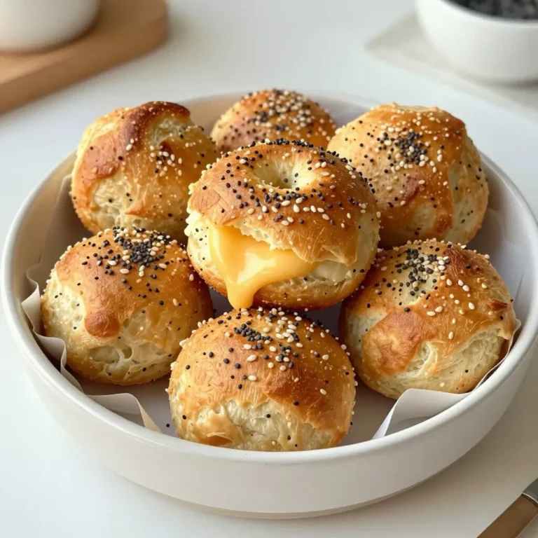 - 1 ½ cups shredded mozzarella cheese - 2 oz cream cheese, softened - 2 large eggs - 1 cup almond flour - 1 tsp baking powder - 1 tsp garlic powder - 1 tsp onion powder - 1 tsp sesame seeds - 1 tsp poppy seeds - 1 tsp coarse sea salt - 1 tsp everything bagel seasoning Gather these simple ingredients before starting. The shredded mozzarella cheese adds pull and flavor. Cream cheese gives the bites a rich, creamy texture. Almond flour makes these bites low-carb and keto-friendly. The baking powder helps the bites rise and become fluffy. Garlic powder and onion powder provide a savory kick. Sesame seeds and poppy seeds add crunch and taste. Coarse sea salt enhances all the flavors. Finally, everything bagel seasoning gives these bites their name and classic flavor. - Calories per serving: About 120 calories - Macronutrient breakdown: - Carbohydrates: 3g - Proteins: 6g - Fats: 10g - Dietary benefits: These bites are keto-friendly and low in carbs. Each serving offers a tasty treat without the carbs. You enjoy a satisfying snack while sticking to your diet. The mix of healthy fats and proteins keeps you full, too. {{ingredient_image_1}} Preheat your oven to 375°F (190°C). This step is key for a good bake. Grab a mini muffin tin. Line it with parchment paper or spray it with non-stick cooking spray. This helps the bites come out easily. In a microwave-safe bowl, mix 1 ½ cups of shredded mozzarella cheese with 2 oz of softened cream cheese. Microwave in 30-second bursts. Stir after each burst. Keep going until the cheese is fully melted and smooth. This mix gives a creamy base for your dough. In a separate bowl, whisk 2 large eggs until they are frothy. Add the melted cheese mixture to the eggs. Stir well to blend. In another bowl, combine 1 cup of almond flour, 1 tsp of baking powder, 1 tsp of garlic powder, 1 tsp of onion powder, 1 tsp of sesame seeds, 1 tsp of poppy seeds, and 1 tsp of coarse sea salt. Gradually mix this dry mixture into the cheese and egg blend. Stir until you form a soft dough. Now it's time to shape the dough. Use a cookie scoop or your hands to portion the dough. Roll them into small balls. Place each ball into the muffin tin, filling it about ¾ full. This keeps them from overflowing while baking. Sprinkle 1 tsp of everything bagel seasoning on top of each dough ball. This adds flavor and crunch. Bake in the preheated oven for 12-15 minutes. Keep an eye on them as they bake. Look for a golden brown color and check if they feel firm to the touch. Once done, let them cool slightly before removing them from the tin. Enjoy these bites warm for the best taste! To get the right dough consistency, mix slowly. Start with cheese and eggs. Add dry ingredients bit by bit. If the dough feels sticky, add more almond flour until it’s smooth. This gives you a nice shape for your bites. For the best cheese melt, microwave mozzarella and cream cheese together. Stir every 30 seconds. This helps them blend well. Make sure they are fully melted before mixing with eggs. This will keep your bites soft and cheesy. These bagel bites are great with dips. Cream cheese is a classic choice. It adds a rich taste. Guacamole also works well, giving a fresh twist. You can even try hummus for a unique touch. These dips make each bite more fun. To store leftovers, let them cool first. Place them in an airtight container. This keeps them fresh for up to three days. You can also freeze them. Just place them in a freezer-safe bag. When ready to eat, thaw and reheat in the oven. This keeps them tasty and warm! Pro Tips Use Fresh Ingredients: For the best flavor and texture, ensure your cream cheese and mozzarella are fresh. This will enhance the overall taste of your bagel bites. Customize Your Seasoning: Feel free to adjust the everything bagel seasoning to your liking. Adding more garlic or onion powder can give it an extra kick! Portion Evenly: Use a cookie scoop for uniformity when portioning the dough. This will ensure even baking and a consistent size for all your bagel bites. Experiment with Dips: These bagel bites pair wonderfully with a variety of dips. Try them with cream cheese, guacamole, or a spicy mustard for a delightful twist. {{image_2}} You can change up the flavor of your bagel bites by adding herbs or spices. For a fresh twist, try adding chopped chives or dill to the dough. You can also mix in crushed red pepper for some heat. Each herb or spice brings a new taste to these bites. Experiment with what you love. Besides the classic everything bagel seasoning, you can use different toppings. Try sprinkling grated Parmesan cheese on top for a cheesy touch. You can also use Italian seasoning or taco seasoning for a fun flavor shift. The options are endless. Just sprinkle and bake, and enjoy the new taste! If you are looking for alternatives, there are great keto-friendly substitutes. For example, you can use coconut flour instead of almond flour. This gives a different flavor and texture. Also, try using different cheese types like cheddar or pepper jack. They can add a unique twist to your bagel bites. To make your Keto Everything Bagel Bites stand out, consider these fun plating ideas: - Basket Presentation: Serve the bites in a small basket lined with parchment paper. This adds a rustic feel. - Dipping Station: Create a small dipping station with cream cheese and guacamole. - Skewer Style: Place a few bites on small skewers for easy grabbing. - Garnish: Add fresh herbs on the plate for color and flavor. These ideas make the bites look great and make them fun to eat. What should you serve with your Keto Everything Bagel Bites? Here are some tasty options: - Salads: A light green salad with a lemon vinaigrette pairs well. - Soups: Try a warm bowl of tomato or chicken soup. - Drinks: Enjoy them with sparkling water or herbal tea for a refreshing drink. These sides enhance the meal and keep it healthy. Can I make these dairy-free? Yes, you can make these bites dairy-free. Replace mozzarella and cream cheese with dairy-free cheese. Use a brand that melts well. Also, check labels to ensure no hidden dairy exists. This way, you can still enjoy the bites while sticking to your diet. How to reheat for best flavor and texture To keep the bites tasty, reheat them in the oven. Preheat your oven to 350°F (175°C). Place the bites on a baking sheet. Heat for about 5-7 minutes. This method helps keep them crispy. You can also use a microwave, but they may get soggy. If you do, heat them for only 15-20 seconds. Can I use an air fryer or other appliances? Absolutely! An air fryer works great for these bites. Preheat it to 350°F (175°C). Arrange the bites in a single layer. Cook for about 8-10 minutes, or until golden. You can also try a toaster oven for a similar result. Just watch them closely to prevent burning. This article covered making Keto Everything Bagel Bites. You learned about key ingredients, easy steps, and tips to ensure success. Each bite is tasty and diet-friendly, with low carbs and good flavor. Try the variations and serving ideas to make them your own. Use the storage tips to keep leftovers fresh. These bites fit your lifestyle and add fun to meals. Enjoy cooking and experimenting with these delicious snacks!