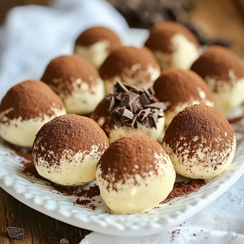 To make tiramisu truffles, gather these items: - 1 cup mascarpone cheese - 1 cup heavy cream - ½ cup powdered sugar - 1 teaspoon vanilla extract - 1 cup brewed espresso, cooled - 1 cup ladyfinger crumbs (about 10 ladyfingers) - 2 tablespoons cocoa powder - Dark chocolate shavings for garnish You can swap mascarpone cheese with cream cheese if needed. This will change the taste a bit. Use almond milk instead of heavy cream for a lighter option. If you can’t find ladyfingers, use sponge cake pieces. Brewed coffee can replace espresso, but it will taste different. Using fresh, high-quality ingredients makes a big difference. Good mascarpone cheese adds creamy richness. Fresh espresso gives a strong coffee flavor. High-quality cocoa powder enhances the truffle's taste. When you choose better ingredients, your truffles will taste amazing! {{ingredient_image_1}} First, take a large mixing bowl. Pour in 1 cup of heavy cream. Use an electric mixer to beat the cream. Keep mixing until you see soft peaks. Then, add ½ cup of powdered sugar slowly. Mix again until you form stiff peaks. In another bowl, add 1 cup of mascarpone cheese. Mix in 1 teaspoon of vanilla extract. Whisk this until it becomes smooth. Now, gently fold the whipped cream into the mascarpone mixture. Be careful not to deflate the cream. This makes your truffle filling light and fluffy. Next, grab about 10 ladyfingers. You will need 1 cup of ladyfinger crumbs. Dip each ladyfinger quickly in 1 cup of cooled brewed espresso. Make sure they soak up the coffee flavor, but don’t let them get too soggy. Once soaked, crumble them into small pieces. Add these crumbs to the mascarpone-cream mixture. Fold the crumbs in gently until everything is well combined. This adds texture and flavor to your truffles. Now it’s time to shape the truffles. Use a spoon or a small ice cream scoop to take some of the mixture. Form it into balls and place them on a baking sheet lined with parchment paper. You can make each truffle about the size of a walnut. Once you shape them all, place the baking sheet in the freezer. Let them freeze for at least 1 hour. After they are firm, roll each truffle in cocoa powder. Make sure they are fully coated. Finally, add dark chocolate shavings on top for a nice touch. Chill the truffles in the fridge for another 30 minutes before serving. Enjoy your sweet treat! To make perfect whipped cream, use cold heavy cream. Cold cream whips faster and holds shape better. Use a clean bowl and beaters for best results. Start mixing on low speed, then increase to medium. Watch for soft peaks to form. Add powdered sugar slowly and continue to beat. Stop when stiff peaks form. This means the cream is ready. Soaking ladyfingers is key to great flavor. Dip each ladyfinger in cooled espresso for just a second. You want them moist but not soggy. Too much soaking makes them fall apart. Make sure to let them soak briefly, then remove them quickly. Crumble them gently for the truffle mixture. This adds texture and taste. To keep your tiramisu truffles fresh, store them in the fridge. Use an airtight container to prevent drying out. They can last up to a week. For longer storage, freeze the truffles. Place them in a single layer on a baking sheet first. Once frozen, transfer them to a freezer bag. Thaw in the fridge when ready to enjoy. Pro Tips Chill Your Ingredients: For best results, ensure your mascarpone cheese and heavy cream are well chilled before starting. This helps achieve a better whip and creamier texture. Espresso Soak Time: When soaking the ladyfingers, dip them quickly in the espresso to prevent them from becoming too soggy. A quick dip ensures they retain their structure. Flavor Variations: Feel free to add a splash of coffee liqueur or flavored extracts to the mascarpone mixture for an extra kick of flavor. Storage Tips: Store the finished truffles in an airtight container in the refrigerator for up to a week. They can also be frozen for longer storage, just remember to thaw them before serving. {{image_2}} You can play with flavors in your tiramisu truffles. Try adding chocolate or hazelnut. For chocolate, mix in cocoa powder or melted dark chocolate into the mascarpone. This adds a rich taste. You can also use flavored espresso, like vanilla or hazelnut, for a twist. If you want a lighter taste, add a splash of almond extract. Presentation makes a big difference. For parties, use fancy paper liners to hold the truffles. You can also stack them in a clear jar for a beautiful display. Drizzle some melted chocolate over the top for a touch of elegance. Adding edible gold flakes can make them look extra special. You can customize these truffles to fit different diets. For a vegan version, swap mascarpone with a plant-based cream cheese. Use coconut cream instead of heavy cream. Make sure to use vegan ladyfingers or a blend of nuts for the base. For gluten-free truffles, choose gluten-free ladyfingers or use crushed nuts. Both options keep the truffles delicious and enjoyable for everyone. To keep your tiramisu truffles fresh, store them in an airtight container. Place parchment paper between layers. This helps prevent sticking. Keep them in the fridge for up to one week. If you want to enjoy them longer, freezing is a great option. To freeze your truffles, let them chill in the fridge first. Once they are firm, place them on a baking sheet. Freeze them for 1-2 hours until solid. After freezing, transfer the truffles to a freezer-safe bag. Seal it tightly to avoid freezer burn. They can stay frozen for up to three months. When you want to eat frozen truffles, take them out of the freezer. Let them sit at room temperature for about 15 minutes. This allows them to soften slightly without melting. Enjoy them as is, or you can sprinkle some extra cocoa powder before serving. They will taste just as delicious! Yes, you can make tiramisu truffles ahead of time. They taste great chilled. You can prepare the truffles up to three days in advance. Just store them in the fridge. Keep them in an airtight container to help maintain freshness. If you can't find mascarpone cheese, use cream cheese. Mix it with a bit of heavy cream for a smooth texture. You can also use ricotta cheese as an alternative. Make sure to blend it well to avoid lumps. Tiramisu truffles last about one week in the fridge. Store them in an airtight container for best results. After a week, they may lose their fresh taste. Enjoy them while they are still delicious! In this blog post, we explored how to make delicious tiramisu truffles. We detailed the best ingredients, provided step-by-step instructions, and shared tips for perfect results. We also discussed fun variations and storage methods to keep your truffles fresh. Remember, using high-quality ingredients makes a big difference in taste. With these simple steps, you can impress friends and family. Enjoy creating these tasty treats that everyone will love!