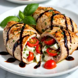 - 4 boneless, skinless chicken breasts - 1 cup fresh mozzarella cheese, diced - 1 cup cherry tomatoes, halved - 1/2 cup fresh basil leaves, chopped - 2 cloves garlic, minced - 2 tablespoons balsamic glaze - 1 teaspoon Italian seasoning - Salt and pepper to taste - 2 tablespoons olive oil - 1/2 teaspoon crushed red pepper flakes (optional) - Baking sheet - Mixing bowl - Toothpicks - Knife for butterflying When you want to make Caprese stuffed chicken breast, gather all these ingredients. The chicken is the star. You want it to be juicy and tender. The fresh mozzarella adds creaminess. Cherry tomatoes bring a sweet burst of flavor. Basil gives you that fresh, herby taste. You can add garlic for a nice kick. For the extra touch, balsamic glaze adds a tangy sweetness. Italian seasoning brings warmth, while salt and pepper balance the dish. Olive oil helps brown the chicken and adds richness. If you like heat, add crushed red pepper flakes. Do not forget your tools! A baking sheet helps the chicken cook evenly. A mixing bowl is great for combining the filling. Toothpicks keep it all together, and a knife makes butterflying easy. Knowing these ingredients and tools sets you up for success. {{ingredient_image_1}} - Preheat the oven to 375°F (190°C). - Take each chicken breast and carefully butterfly it. Cut a pocket into the side without cutting all the way through. This pocket will hold the tasty filling. - In a mixing bowl, combine these ingredients: - 1 cup fresh mozzarella cheese, diced - 1 cup cherry tomatoes, halved - 1/2 cup fresh basil leaves, chopped - 2 cloves garlic, minced - 2 tablespoons balsamic glaze - 1 teaspoon Italian seasoning - Salt and pepper to taste - 1/2 teaspoon crushed red pepper flakes (optional) Mix all these ingredients well. This mix brings bright flavors and creamy texture. - Generously fill each chicken pocket with the caprese mixture. - Use toothpicks to secure the opening if needed. - Rub the outside of the stuffed chicken breasts with 2 tablespoons of olive oil. - Season the chicken with salt, pepper, and more Italian seasoning. - Place the stuffed chicken breasts on a baking sheet lined with parchment paper. - Bake in the preheated oven for about 25-30 minutes. The chicken should reach an internal temperature of 165°F (75°C). This method ensures your chicken stays juicy and flavorful. Enjoy the amazing aroma that fills your kitchen! - Always check that the chicken is at 165°F (75°C) for safety. - After baking, let the stuffed chicken rest for a few minutes before slicing. When you rest the chicken, the juices stay inside. This makes each bite juicy and flavorful. - Slice the chicken diagonally for a nice look on the plate. - Garnish with fresh basil and drizzle extra balsamic glaze on top. A beautiful presentation makes the meal more inviting. The colors of the tomatoes and basil pop against the chicken. - Think about marinating the chicken in balsamic glaze before you cook it. - Feel free to try different cheeses or herbs in the stuffing. Marinating adds depth to the chicken's flavor. Using burrata or goat cheese can change the whole dish. Make it your own! Pro Tips Use Fresh Ingredients: For the best flavor, always opt for fresh mozzarella, ripe cherry tomatoes, and aromatic basil. Fresh ingredients truly elevate the dish. Don’t Overstuff: While it might be tempting to pack the chicken with filling, be careful not to overstuff, as this can cause the chicken to burst while baking. Let it Rest: Allow the stuffed chicken to rest for a few minutes after baking. This helps the juices redistribute, resulting in a more tender and juicy chicken. Experiment with Flavors: Feel free to add other ingredients to the stuffing, such as sun-dried tomatoes or olives, for a unique twist on the classic Caprese flavor. {{image_2}} You can switch up the cheese for a fun twist. Try using burrata for a creamy texture. Goat cheese also works well and adds a tangy flavor. Both options make the dish unique. The creamy cheese melts inside and enhances the stuffing. Want to add some veggies? Spinach is a great choice. It brings extra nutrients and a nice color. Roasted red peppers can also add sweetness and depth. Just chop them up and mix them into the stuffing. This makes your meal even more delicious. If you want to change the herb mix, try oregano or thyme. Both herbs add a different taste. Oregano gives an earthy flavor, while thyme adds freshness. Either one works great in this dish, making it your own. Don't be afraid to experiment with what you like! After enjoying your Caprese stuffed chicken, store any leftovers in an airtight container. This way, they stay fresh for up to 3 days. Keeping the chicken sealed helps prevent it from drying out or absorbing other smells in the fridge. If you want to save some for later, freeze the completely cooled stuffed chicken breasts. They can last in the freezer for up to 2 months. Make sure to wrap them tightly in plastic wrap or place them in a freezer bag to keep them safe from freezer burn. When you're ready to enjoy the leftovers, reheat them in the oven. This method helps keep the chicken juicy and prevents it from becoming rubbery. Aim for a low temperature, like 350°F (175°C), and heat until warm throughout. Avoid using the microwave, as it can change the texture of the chicken. To know if your chicken is done, use a meat thermometer. The safe internal temperature is 165°F (75°C). Insert the thermometer into the thickest part of the chicken. If it reads 165°F, your chicken is ready to eat. This step ensures safety and a juicy bite. Always double-check to avoid undercooking. Yes, you can easily prepare this dish ahead of time. Stuff the chicken breasts and then refrigerate them. When you are ready to bake, just take them out of the fridge. This makes it a great option for busy days. You can save time and still enjoy a tasty meal. For sides, consider mixed greens, garlic bread, or roasted vegetables. Mixed greens add a fresh taste that balances the rich chicken. Garlic bread brings a delightful crunch and buttery flavor. Roasted vegetables offer a hearty complement. Feel free to mix and match these ideas for a complete dinner! This blog post showed you how to make a delicious Caprese stuffed chicken. We covered the main and additional ingredients, along with the tools you need. You learned how to prep the chicken, make the stuffing, and bake it to perfection. Don’t forget the tips for cooking and presentation. Feel free to try different cheeses, veggies, or herbs for your own twist. With easy storage and reheating tips, you can enjoy this meal anytime. Now, grab your ingredients and start cooking!