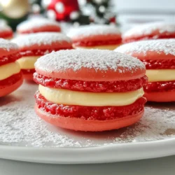 - 1 cup almond flour - 1 ¾ cup powdered sugar - 3 large egg whites, at room temperature - ¼ cup granulated sugar - ½ teaspoon vanilla extract - Red and white gel food coloring - ½ cup unsalted butter, softened - 2 cups powdered sugar - 1 teaspoon vanilla extract - 2 tablespoons heavy cream - ¼ cup crushed freeze-dried strawberries - Extra powdered sugar for dusting - Tiny edible Christmas decorations {{ingredient_image_1}} First, set your oven to 300°F (150°C). While it heats, line two baking sheets with parchment paper. If you want, draw 1.5-inch circles on the paper as guides. This helps you pipe the shells evenly. Next, grab a clean bowl and a mixer. Beat the egg whites on medium speed until they are foamy. Slowly add granulated sugar while mixing. Increase the speed to high. Keep mixing until you see stiff peaks, which takes about 5-7 minutes. Don’t forget to mix in vanilla extract at the end for flavor. Now, sift the almond flour and powdered sugar into a bowl. This step is key for smooth shells. Gently fold this mixture into the meringue with a rubber spatula. Be cautious not to over-mix. The batter should flow like lava and form a ribbon when lifted. Next, divide the batter into two bowls. Color one bowl red using gel food coloring and leave the other white. Fold in the color until it is mixed well. Transfer each colored batter into separate piping bags. Pipe the red mixture onto half of the circles on the prepared sheets. Then, pipe the white mixture onto the other half. Make sure to leave space between the shells. Let the macarons rest for about 30-60 minutes. This allows a thin shell to form on top. After resting, it’s time to bake. Place the trays in the oven and bake for 15-18 minutes. Rotate the trays halfway through. The macarons should rise and form little feet. Let them cool completely on the baking sheets before moving them. While the macarons cool, make the filling. In a bowl, beat the softened butter until creamy. Gradually add powdered sugar, vanilla extract, and heavy cream. Mix until it is smooth and fluffy. Finally, fold in crushed freeze-dried strawberries for a fruity flavor. To assemble, pipe a dollop of filling onto a macaron shell and gently top it with another shell. To make perfect Santa Claus Macarons, follow these tips: - Sift Your Dry Ingredients: Always sift almond flour and powdered sugar. This helps create smooth shells. - Room Temperature Egg Whites: Use egg whites at room temperature. This will help form a stable meringue. - Beat to Stiff Peaks: When making meringue, beat until stiff peaks form. This is key for structure. - Fold Gently: When combining the mixtures, fold carefully. Over-mixing can ruin the batter. - Rest Your Shells: Allow piped shells to rest for 30-60 minutes. A skin should form on top. Avoid these common mistakes to ensure your macarons turn out well: - Skipping the Sifting Step: Not sifting can lead to lumps in your batter. - Under or Over Mixing: If the batter is too thick or too runny, the shells won't rise properly. - Not Rotating the Pan: Forgetting to rotate the baking sheet can cause uneven baking. - Skipping the Cooling Step: Letting the macarons cool is crucial before moving them. - Ignoring Humidity: High humidity can affect macaron texture. Try to bake on dry days. Decorating your Santa Claus Macarons can be fun! Here are some best practices: - Use Gel Food Coloring: Gel coloring is vibrant and won't alter the batter's texture. - Dust with Powdered Sugar: A light dusting gives a snowy effect and looks festive. - Add Edible Decorations: Tiny edible Christmas decorations can add charm. - Create Faces: Use melted chocolate for eyes and a nose on the macaron shells. - Use a Piping Bag: For filling, a piping bag makes it easy to add the filling neatly. These tips will help you make stunning and tasty Santa Claus Macarons that everyone will love! Pro Tips Room Temperature Egg Whites: Using egg whites at room temperature helps them whip up to a greater volume, creating a lighter macaron shell. Proper Folding Technique: When combining the meringue with the dry ingredients, use a gentle folding motion to maintain the airiness of the batter. Resting Time is Key: Allow the piped macarons to rest until a skin forms; this helps them develop the characteristic "feet" when baked. Experiment with Flavors: Feel free to customize the filling by using different freeze-dried fruits or flavored extracts to suit your taste. {{image_2}} You can change the filling of your Santa Claus Macarons for a new twist. Instead of strawberry, try a peppermint filling. Just mix in some crushed peppermint candies with the buttercream. You can also create a chocolate ganache filling. Simply melt dark chocolate and mix it with heavy cream. This gives a rich flavor that pairs well with the sweet shells. The fun part of making these macarons is decorating them! Use edible glitter for a sparkling look. You can also pipe little Santa faces with white and black icing. This makes them even more festive. For a simpler touch, sprinkle colored sugar on top before baking. It adds a nice crunch and a pop of color. You can adapt this recipe for other holidays too! For Halloween, use orange and black colors. Fill with pumpkin spice cream for a cozy flavor. For Easter, make pastel colors and fill with lemon curd. The base recipe stays the same, so you can enjoy these treats all year round. Just switch up the colors and fillings to match the season! To keep your Santa Claus Macarons fresh, store them in an airtight container. Layer them with parchment paper between each macaron to avoid sticking. Keep the container in a cool, dry place. Avoid direct sunlight, as it can affect flavor and texture. Proper storage keeps your treats looking and tasting great for days. You can freeze your macarons for up to three months. First, let them cool completely. Then, place them in a single layer on a baking sheet. Freeze until solid, then transfer them to an airtight container. When you’re ready to enjoy, thaw them in the fridge overnight. This way, you can savor your festive treats anytime. Santa Claus Macarons last about five days at room temperature. If you store them in the fridge, they can last up to one week. Always check for any off smells or changes in texture before eating. Rotate your stock and use older macarons first to ensure freshness. Happy baking and storing! To get the perfect macaron shell, start with fresh egg whites. They should be at room temperature. Sift your almond flour and powdered sugar together. This makes the shells smooth. When you whip the egg whites, beat them until you see stiff peaks. Gently fold in the dry mix without over-mixing. The batter should flow like lava. This technique is key to getting those lovely feet on your macarons. If your macarons crack, it may be due to too much moisture or over-baking. Make sure to let the macarons rest before baking. This helps form a shell. If they still crack, check your oven temperature. Use an oven thermometer to ensure accuracy. Baking at a lower temperature may help. Finally, try not to over-mix the batter. This can also cause cracks. Yes, you can use any colors you like! For Santa Claus macarons, red and white are perfect. You can also mix in other colors for fun. Just use gel food coloring for the best results. Make sure to fold the color in gently to keep the batter fluffy. This way, your macarons will look festive and bright! You can find Santa Claus macarons at many local bakeries during the holiday season. Some gourmet shops may offer them as well. If you prefer online options, check specialty dessert shops. Many of them ship directly to your home. You can also find recipes online to make your own. This way, you can add your special touch! You learned how to make great macarons. We covered ingredients, step-by-step instructions, and tips. I shared fun ways to mix flavors and decorate. You now know how to store them well too. Use this guide to impress your friends with your skills. Macarons can be tricky, but with practice, you’ll succeed. Enjoy the process, and don’t forget to have fun in the kitchen!