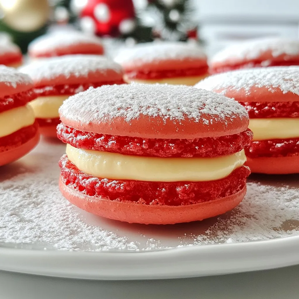 - 1 cup almond flour - 1 ¾ cup powdered sugar - 3 large egg whites, at room temperature - ¼ cup granulated sugar - ½ teaspoon vanilla extract - Red and white gel food coloring - ½ cup unsalted butter, softened - 2 cups powdered sugar - 1 teaspoon vanilla extract - 2 tablespoons heavy cream - ¼ cup crushed freeze-dried strawberries - Extra powdered sugar for dusting - Tiny edible Christmas decorations {{ingredient_image_1}} First, set your oven to 300°F (150°C). While it heats, line two baking sheets with parchment paper. If you want, draw 1.5-inch circles on the paper as guides. This helps you pipe the shells evenly. Next, grab a clean bowl and a mixer. Beat the egg whites on medium speed until they are foamy. Slowly add granulated sugar while mixing. Increase the speed to high. Keep mixing until you see stiff peaks, which takes about 5-7 minutes. Don’t forget to mix in vanilla extract at the end for flavor. Now, sift the almond flour and powdered sugar into a bowl. This step is key for smooth shells. Gently fold this mixture into the meringue with a rubber spatula. Be cautious not to over-mix. The batter should flow like lava and form a ribbon when lifted. Next, divide the batter into two bowls. Color one bowl red using gel food coloring and leave the other white. Fold in the color until it is mixed well. Transfer each colored batter into separate piping bags. Pipe the red mixture onto half of the circles on the prepared sheets. Then, pipe the white mixture onto the other half. Make sure to leave space between the shells. Let the macarons rest for about 30-60 minutes. This allows a thin shell to form on top. After resting, it’s time to bake. Place the trays in the oven and bake for 15-18 minutes. Rotate the trays halfway through. The macarons should rise and form little feet. Let them cool completely on the baking sheets before moving them. While the macarons cool, make the filling. In a bowl, beat the softened butter until creamy. Gradually add powdered sugar, vanilla extract, and heavy cream. Mix until it is smooth and fluffy. Finally, fold in crushed freeze-dried strawberries for a fruity flavor. To assemble, pipe a dollop of filling onto a macaron shell and gently top it with another shell. To make perfect Santa Claus Macarons, follow these tips: - Sift Your Dry Ingredients: Always sift almond flour and powdered sugar. This helps create smooth shells. - Room Temperature Egg Whites: Use egg whites at room temperature. This will help form a stable meringue. - Beat to Stiff Peaks: When making meringue, beat until stiff peaks form. This is key for structure. - Fold Gently: When combining the mixtures, fold carefully. Over-mixing can ruin the batter. - Rest Your Shells: Allow piped shells to rest for 30-60 minutes. A skin should form on top. Avoid these common mistakes to ensure your macarons turn out well: - Skipping the Sifting Step: Not sifting can lead to lumps in your batter. - Under or Over Mixing: If the batter is too thick or too runny, the shells won't rise properly. - Not Rotating the Pan: Forgetting to rotate the baking sheet can cause uneven baking. - Skipping the Cooling Step: Letting the macarons cool is crucial before moving them. - Ignoring Humidity: High humidity can affect macaron texture. Try to bake on dry days. Decorating your Santa Claus Macarons can be fun! Here are some best practices: - Use Gel Food Coloring: Gel coloring is vibrant and won't alter the batter's texture. - Dust with Powdered Sugar: A light dusting gives a snowy effect and looks festive. - Add Edible Decorations: Tiny edible Christmas decorations can add charm. - Create Faces: Use melted chocolate for eyes and a nose on the macaron shells. - Use a Piping Bag: For filling, a piping bag makes it easy to add the filling neatly. These tips will help you make stunning and tasty Santa Claus Macarons that everyone will love! Pro Tips Room Temperature Egg Whites: Using egg whites at room temperature helps them whip up to a greater volume, creating a lighter macaron shell. Proper Folding Technique: When combining the meringue with the dry ingredients, use a gentle folding motion to maintain the airiness of the batter. Resting Time is Key: Allow the piped macarons to rest until a skin forms; this helps them develop the characteristic "feet" when baked. Experiment with Flavors: Feel free to customize the filling by using different freeze-dried fruits or flavored extracts to suit your taste. {{image_2}} You can change the filling of your Santa Claus Macarons for a new twist. Instead of strawberry, try a peppermint filling. Just mix in some crushed peppermint candies with the buttercream. You can also create a chocolate ganache filling. Simply melt dark chocolate and mix it with heavy cream. This gives a rich flavor that pairs well with the sweet shells. The fun part of making these macarons is decorating them! Use edible glitter for a sparkling look. You can also pipe little Santa faces with white and black icing. This makes them even more festive. For a simpler touch, sprinkle colored sugar on top before baking. It adds a nice crunch and a pop of color. You can adapt this recipe for other holidays too! For Halloween, use orange and black colors. Fill with pumpkin spice cream for a cozy flavor. For Easter, make pastel colors and fill with lemon curd. The base recipe stays the same, so you can enjoy these treats all year round. Just switch up the colors and fillings to match the season! To keep your Santa Claus Macarons fresh, store them in an airtight container. Layer them with parchment paper between each macaron to avoid sticking. Keep the container in a cool, dry place. Avoid direct sunlight, as it can affect flavor and texture. Proper storage keeps your treats looking and tasting great for days. You can freeze your macarons for up to three months. First, let them cool completely. Then, place them in a single layer on a baking sheet. Freeze until solid, then transfer them to an airtight container. When you’re ready to enjoy, thaw them in the fridge overnight. This way, you can savor your festive treats anytime. Santa Claus Macarons last about five days at room temperature. If you store them in the fridge, they can last up to one week. Always check for any off smells or changes in texture before eating. Rotate your stock and use older macarons first to ensure freshness. Happy baking and storing! To get the perfect macaron shell, start with fresh egg whites. They should be at room temperature. Sift your almond flour and powdered sugar together. This makes the shells smooth. When you whip the egg whites, beat them until you see stiff peaks. Gently fold in the dry mix without over-mixing. The batter should flow like lava. This technique is key to getting those lovely feet on your macarons. If your macarons crack, it may be due to too much moisture or over-baking. Make sure to let the macarons rest before baking. This helps form a shell. If they still crack, check your oven temperature. Use an oven thermometer to ensure accuracy. Baking at a lower temperature may help. Finally, try not to over-mix the batter. This can also cause cracks. Yes, you can use any colors you like! For Santa Claus macarons, red and white are perfect. You can also mix in other colors for fun. Just use gel food coloring for the best results. Make sure to fold the color in gently to keep the batter fluffy. This way, your macarons will look festive and bright! You can find Santa Claus macarons at many local bakeries during the holiday season. Some gourmet shops may offer them as well. If you prefer online options, check specialty dessert shops. Many of them ship directly to your home. You can also find recipes online to make your own. This way, you can add your special touch! You learned how to make great macarons. We covered ingredients, step-by-step instructions, and tips. I shared fun ways to mix flavors and decorate. You now know how to store them well too. Use this guide to impress your friends with your skills. Macarons can be tricky, but with practice, you’ll succeed. Enjoy the process, and don’t forget to have fun in the kitchen!