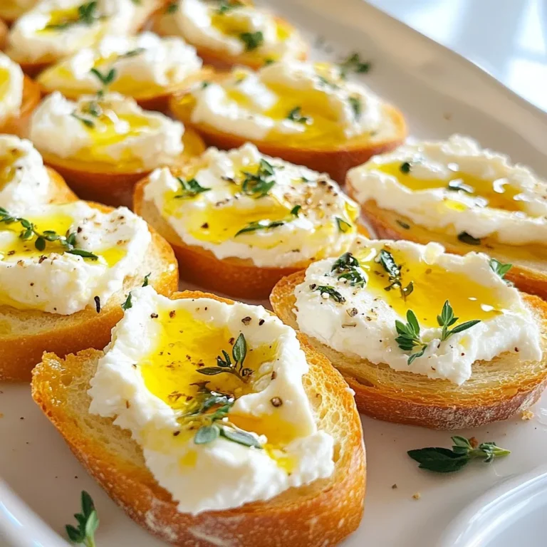 To start, gather your ingredients. You will need crumbled feta cheese, softened cream cheese, olive oil, lemon juice, garlic powder, and black pepper. In a food processor, add the crumbled feta and cream cheese. Pour in the olive oil and lemon juice. Then, sprinkle in the garlic powder and black pepper. Blend these ingredients until the mixture is smooth and creamy. Once blended, taste the mixture. If it needs more flavor, adjust the seasoning to your liking. You may want to add more black pepper or a splash of lemon juice. Now, let’s prepare the crostini. Preheat your oven to 375°F (190°C). This step is key for making your bread crispy. Slice a French baguette into 1/2 inch rounds. Place these on a baking sheet. Lightly brush each side of the bread slices with olive oil. This will help them turn golden in the oven. Bake the bread for about 5-7 minutes. Keep an eye on them to ensure they don’t burn. You want a lovely golden crisp. Once the crostini are ready, take them out of the oven. Let them cool for just a moment. Now, spread a generous dollop of the whipped feta on each slice. Make sure to cover the whole piece for full flavor. Next, drizzle hot honey over the whipped feta. You can adjust how much you use based on your taste. For some, a little sweetness works great. For others, a lot of heat is the goal! Finally, garnish with fresh herbs like thyme or parsley. This adds a pop of color and a fresh aroma. Enjoy your creation! To get a creamy whipped feta, use a food processor. Start with crumbled feta and softened cream cheese. Add olive oil, lemon juice, garlic powder, and black pepper. Blend until smooth. If it feels thick, add a bit more olive oil for creaminess. Always taste your mix. You can adjust the seasoning to your liking. A little salt or extra lemon juice can make a big difference. For crispy crostini, brush each baguette slice with olive oil. This helps avoid soggy bread. Bake them at 375°F (190°C) for about 5-7 minutes. Watch them closely; you want them golden and crisp. If you have leftovers, store them in an airtight container. To keep them fresh, layer them with parchment paper. Reheat them in the oven before serving for best crunch. Presentation matters! Arrange the crostini on a large platter. To make it pop, scatter fresh herbs around. You can also add a small bowl of extra hot honey on the side. This way, guests can drizzle more if they wish. For drinks, pair it with a crisp white wine or a light beer. These flavors work great together and elevate your snack experience. Pro Tips Use Room Temperature Ingredients: Allow the cream cheese to soften at room temperature before mixing to achieve a smoother texture in your whipped feta. Experiment with Herbs: Try different fresh herbs like chives or dill for a unique flavor twist. They can complement the feta beautifully. Adjust the Heat: If you're sensitive to spice, start with less hot honey and gradually add more to find your perfect balance of sweetness and heat. Toast the Baguette Right: Keep an eye on the baguette while baking; you want it golden and crisp, but not burnt. Perfect to hold the toppings! {{image_2}} You can add roasted red peppers or olives to the whipped feta. These ingredients give a nice flavor boost. Roasted red peppers add a sweet and smoky touch. Olives bring a salty, briny taste. You can also play with spices. Try adding red pepper flakes for heat or smoked paprika for depth. These small changes make a big impact on taste. To make the dish gluten-free, use gluten-free bread. There are many good options available. For a vegan version, swap the feta and cream cheese for a plant-based alternative. You can use blended tofu or cashew cream. These swaps keep the dish creamy and tasty. Incorporate seasonal herbs or toppings for fresh flavors. In spring, try fresh basil or chives. In summer, add sliced tomatoes or fresh arugula. In fall, consider roasted pumpkin seeds or sage. Each season brings new tastes and ideas for your crostini. These variations keep your snack exciting and fun. To keep your crostini tasty, store them in an airtight container. Place parchment paper between layers to avoid sogginess. For the whipped feta, store it in a separate container. Seal it tightly to keep it fresh. It will stay good for about three days in the fridge. If the feta gets too thick, mix in a little olive oil before serving. To reheat crostini, preheat your oven to 350°F (175°C). Place the crostini on a baking sheet. Heat them for about five minutes. This method keeps them crisp. You can also use a toaster oven for this step. Avoid using a microwave, as it can make the bread soggy. Yes, you can freeze the whipped feta mixture. Place it in a freezer-safe container. It will keep for up to three months. When ready to use, thaw it in the fridge overnight. Stir it well before serving. It’s best to freeze crostini before topping them. Once frozen, you can bake them straight from the freezer. Just add a few extra minutes to the baking time. Whipped feta can last about 5 days in the fridge. Store it in an airtight container. Keep it cool and avoid cross-contamination. If it looks or smells off, throw it out. To keep it fresh, press plastic wrap against the surface before sealing the container. This helps to trap moisture and keep the feta creamy. Yes, you can make crostini ahead of time. Prepare the whipped feta and store it in the fridge. You can bake the crostini a few hours before serving. Just keep them in an airtight container. If you bake them in advance, reheat them in the oven for a few minutes to regain their crunch. Assemble just before serving for the best taste. To adjust the heat level in hot honey, start small. If you want it sweeter, add more hot honey. You can mix in cayenne pepper or chili flakes for extra heat. If it’s too spicy, balance it with honey. Experiment and taste as you go, so you find the perfect mix for your palate. In this post, I shared how to make delicious whipped feta crostini. You learned about the key ingredients, helpful tips, and variations. Perfect for your next gathering! Remember to adjust flavors to suit your taste. Whether you go for creamy, spicy, or sweet, this dish will impress everyone. Enjoy crafting your unique version and savoring each bite!