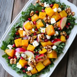 - 2 cups mixed greens (spinach, arugula, kale) - 1 cup pomegranate seeds - 1 apple, thinly sliced (preferably Granny Smith) - 1/2 cup roasted butternut squash, diced - 1/4 cup crumbled feta cheese - 1/4 cup chopped walnuts, toasted - 1/4 cup red onion, thinly sliced - 2 tablespoons olive oil - 1 tablespoon balsamic vinegar - Salt and pepper, to taste - Baking sheet - Large salad bowl - Small bowl for dressing Gathering fresh ingredients is key to making this winter salad shine. Mixed greens provide a tasty base. Pomegranate seeds add a burst of color and flavor. Sliced apples bring a crisp bite. Roasted butternut squash gives warmth. Crumbled feta adds creaminess, while walnuts add crunch. Sliced red onion gives a zing that balances the salad. For pantry staples, olive oil and balsamic vinegar serve as the perfect dressing. A little salt and pepper enhance the flavors. You’ll need a baking sheet for roasting the squash, a large bowl for mixing the salad, and a small bowl for whisking the dressing. This combination ensures a fresh and crunchy delight perfect for winter meals. Enjoy the vibrant colors and unique tastes in every bite! {{ingredient_image_1}} - Preheat the oven to 400°F (200°C). - Toss diced squash with olive oil, salt, and pepper. - Spread the squash on a baking sheet and roast for 20-25 minutes. - Turn the squash halfway through cooking for even roasting. - When tender and lightly browned, remove and allow it to cool. - In a large salad bowl, combine the mixed greens, pomegranate seeds, and sliced apple. - Add the roasted butternut squash to the bowl. - Toss in crumbled feta, toasted walnuts, and red onion. - Mix gently until all ingredients are well combined. - In a small bowl, whisk together olive oil, balsamic vinegar, salt, and pepper. - Drizzle the dressing over the salad. - Toss the salad again to coat everything evenly. - Taste and adjust seasoning if needed. When picking pomegranates, choose firm, heavy fruit. This shows they are fresh and juicy. The skin should have a vibrant color. Bright red or deep pink hues mean they are ripe and full of flavor. To deseed pomegranates, try the water method. Cut the fruit in half and submerge it in a bowl of water. Gently pry out the seeds. This keeps the juice from splattering. If you want to avoid stains, wear an apron and use a cutting board you can easily clean. For more flavor, consider adding fresh herbs like mint or parsley. These herbs bring a bright taste. You can also balance the flavors with extra balsamic vinegar or a pinch of salt. This extra touch can elevate your salad from good to great! Pro Tips Choose Fresh Ingredients: Opt for the freshest greens and produce to enhance the flavor and nutrient content of your salad. Customize Your Nuts: Feel free to substitute walnuts with pecans or almonds to add a different flavor profile to the salad. Make It Ahead: Prepare the salad ingredients in advance and store them separately. Combine just before serving for maximum freshness. Experiment with Dressings: Try different dressings like honey mustard or a citrus vinaigrette for a unique twist on this festive salad. {{image_2}} You can change up the fruit in this salad. Use pears or citrus fruits instead of apples. They add sweetness and a zesty flavor. If you want more texture, try adding quinoa or farro. These grains provide a hearty base and boost nutrition. For those who are vegan or gluten-free, there are easy swaps. Use nuts or seeds instead of feta. This keeps the salad creamy and rich. For a crunch, try pumpkin seeds or sunflower seeds. You can also swap out walnuts for sunflower seeds. This keeps the taste fresh and exciting. The dressing can change the taste of your salad. Try different dressings to keep things fun. A honey mustard or tahini dressing can add a new twist. You can also add protein to make it a full meal. Grilled chicken or chickpeas work great. They add protein and help fill you up. To keep your salad fresh, store leftovers in an airtight container. This helps maintain crispness. Place the salad in the fridge right after serving. Avoid letting it sit out. For best results, keep the dressing separate until you're ready to eat. This prevents sogginess. You can freeze roasted butternut squash. First, let it cool completely. Then, place it in a freezer bag. Remove as much air as you can before sealing. This helps avoid freezer burn. For leftover dressing, store it in a small jar. Keep it in the fridge for up to a week. The salad components last about 3 to 5 days in the fridge. Check for freshness by looking for wilted greens or off smells. If the pomegranate seeds look dull or the squash is mushy, it’s time to toss them. Always trust your senses to judge freshness. This salad stays fresh for about 2 days in the fridge. To keep it fresh, store it in an airtight container. Keep the dressing separate until you are ready to eat. This way, the greens will stay crisp and not wilt. Yes, you can prepare parts of this salad ahead of time. Roast the butternut squash and store it in the fridge for up to 3 days. You can also slice the apple and keep it in lemon water to prevent browning. Mix the greens and pomegranate seeds just before serving for the best taste and crunch. Pomegranates are packed with nutrients. They are high in antioxidants, which help fight free radicals. They also contain vitamin C, which boosts your immune system. Pomegranates are great for heart health and may lower blood pressure. Adding them to your diet can support overall health and wellness. This salad combines fresh ingredients with pantry staples for a tasty dish. You learned how to prepare butternut squash, assemble the salad, and make a simple dressing. Tips on selecting and deseeding pomegranates enhance your salad-making skills. Feel free to swap in seasonal ingredients or adjust for diet needs. Remember to store leftovers properly to keep them fresh. Enjoy this versatile salad that brightens any meal!