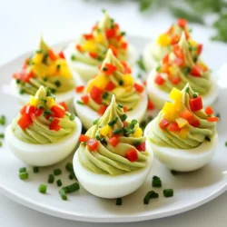 - 6 large eggs - 3 tablespoons mayonnaise - 1 teaspoon Dijon mustard - 1 teaspoon lemon juice - Salt and pepper to taste - Green food coloring (1-2 drops) - 1 small red bell pepper, diced - 1 small yellow bell pepper, diced - Fresh chives or parsley (for garnish) Each ingredient plays a key role in making Christmas Tree Deviled Eggs a fun dish. The eggs serve as a creamy base, while mayonnaise adds richness. Dijon mustard gives a nice tang, and lemon juice brightens the flavor. Adding food coloring makes the filling festive. You can use green food coloring to create a vibrant tree effect. Salt and pepper enhance all the flavors, bringing harmony to each bite. The diced red and yellow bell peppers act as ornaments, making the eggs look stunning. Fresh chives or parsley add a touch of greenery, completing the festive look. These ingredients come together to create a delightful dish that is sure to impress your guests. {{ingredient_image_1}} - Boil the Eggs: Start by placing six large eggs in a pot. Cover them with cold water. Heat over medium until it boils. Once boiling, cover the pot and take it off the heat. Let the eggs sit for twelve minutes. - Cool the Eggs: After the time is up, move the eggs to a bowl of ice water. Let them cool for five to ten minutes. This helps make peeling easier. - Peel the Eggs: Carefully peel the cooled eggs. Do this under running water. The water helps remove the shells without breaking the egg whites. - Prepare the Filling: Slice each egg in half lengthwise. Scoop out the yolks into a bowl. Add three tablespoons of mayonnaise, one teaspoon of Dijon mustard, one teaspoon of lemon juice, salt, pepper, and one to two drops of green food coloring. Mix until smooth and creamy. - Pipe the Filling: Use a piping bag or a plastic bag with a small cut in the corner. Fill the egg white halves with the green yolk mixture. Make a peaked shape to look like a Christmas tree. - Decorate: Take diced red and yellow bell peppers to make ornaments. Place them on top of the yolk filling for a festive touch. Add chopped chives or parsley for extra greenery. - Chill and Serve: Put the deviled eggs in the fridge for at least thirty minutes before serving. This allows the flavors to mix well. Enjoy your festive treat! - Ensuring Perfectly Hard-Boiled Eggs: Start with cold water and your eggs. Place them in a pot. Cover the eggs with cold water, about an inch above the eggs. Bring the water to a boil over medium heat. Once it boils, cover the pot and turn off the heat. Let them sit for 12 minutes. This method gives you firm whites and creamy yolks. - How to Cool Quickly: After the 12 minutes, move the eggs to a bowl filled with ice water. This cools them fast and helps prevent overcooking. Leave them in for about 5-10 minutes. The ice water makes peeling easier, too. - Best Practices for Piping: For a neat look, use a piping bag or a plastic bag with a corner cut off. Fill it with the yolk mixture. Pipe the filling into the egg whites, creating a pointed shape. This makes them look like little Christmas trees. - Avoiding Overmixing: Mix the yolks with mayo, mustard, lemon juice, and food coloring until smooth. Be careful not to overmix. Overmixing makes the filling too runny. A creamy texture is ideal for the perfect deviled egg. - Creative Ornament Designs: Use diced red and yellow bell peppers to create fun ornaments on your deviled egg trees. Place them around the top of the green filling. You can use as many or as few as you like for a festive touch. - Using Other Herbs for Garnish: Fresh chives or parsley add a nice pop of color. Chop them up and sprinkle on top of the filling. You can even use edible flowers for a unique look. Pro Tips Use Fresh Eggs: For easier peeling, use eggs that are at least a week old. Fresher eggs tend to be harder to peel. Perfectly Creamy Filling: For a super smooth filling, use a fine mesh sieve to push the yolks through before mixing in the other ingredients. Color Variations: If you want to get creative, try using natural colorings like spinach or beet juice for a different hue. Presentation Matters: Arrange your deviled eggs on a festive platter and add some greens like parsley for a beautiful presentation. {{image_2}} You can change the taste of your Christmas Tree Deviled Eggs easily. One fun way is to make spicy deviled eggs. Just add a bit of Sriracha to the filling. This gives them a nice kick that many love. If you want a fresh flavor, try adding dill. This herb-infused filling tastes great and adds a lovely touch. Get creative with how you decorate. Instead of bell peppers, you can use olives as ornaments. They add a fun, salty flavor. You can also mix vegetables for different looks. Try using peas or corn for a colorful and tasty twist. Want a vegan version? Use ripe avocados instead of eggs. Mash them with the same seasonings. This makes a creamy filling that is a great plant-based option. If you need gluten-free options, just stick with the basic recipe. All the ingredients are naturally gluten-free, so you can enjoy these tasty treats worry-free. To store leftover deviled eggs, place them in an airtight container. Cover the eggs tightly to prevent drying. If you can, keep them in a single layer. You can use plastic wrap to seal the container for extra protection. This way, your festive treats stay fresh and tasty. Freezing deviled eggs is not the best idea. The texture may change when thawing. Instead, you can freeze the filling separately. Place it in a freezer bag and remove as much air as possible. When ready to use, thaw it in the fridge overnight. Then, fill fresh egg whites for a new batch. In the fridge, deviled eggs last about three to four days. Make sure to keep them covered. If you notice any off smells or changes in texture, discard them. Always check before serving. Keeping track of the date helps ensure you enjoy every last bite. To make deviled eggs easier to peel, start with older eggs. Fresh eggs stick more to the shell. After boiling, cool the eggs in ice water. This helps separate the shell from the egg white. When peeling, do it under running water. The water helps wash away bits of shell. Yes, you can make deviled eggs ahead of time. Prepare the eggs and filling a day before your event. Store them in the fridge in a covered container. Just wait to decorate them until serving time. This keeps the colors bright and fresh. If you want to skip mayonnaise, use Greek yogurt instead. It offers a creamy texture and adds protein. You can also try avocado for a rich, healthy twist. Mustard or sour cream works well too. Each substitute gives a new flavor to your deviled eggs. Making deviled eggs is simple and fun. You start with egg basics, use tasty flavors, and decorate to impress. Follow the step-by-step guide, from boiling to piping, to get great results. Remember, you can twist the recipe with variations and storage tips. With these skills, you can create deviled eggs for any occasion. Enjoy experimenting with flavors and designs, and your guests will love your tasty treats!