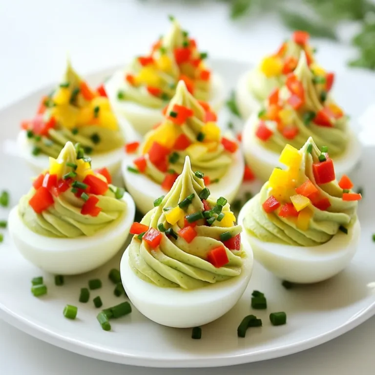 - 6 large eggs - 3 tablespoons mayonnaise - 1 teaspoon Dijon mustard - 1 teaspoon lemon juice - Salt and pepper to taste - Green food coloring (1-2 drops) - 1 small red bell pepper, diced - 1 small yellow bell pepper, diced - Fresh chives or parsley (for garnish) Each ingredient plays a key role in making Christmas Tree Deviled Eggs a fun dish. The eggs serve as a creamy base, while mayonnaise adds richness. Dijon mustard gives a nice tang, and lemon juice brightens the flavor. Adding food coloring makes the filling festive. You can use green food coloring to create a vibrant tree effect. Salt and pepper enhance all the flavors, bringing harmony to each bite. The diced red and yellow bell peppers act as ornaments, making the eggs look stunning. Fresh chives or parsley add a touch of greenery, completing the festive look. These ingredients come together to create a delightful dish that is sure to impress your guests. {{ingredient_image_1}} - Boil the Eggs: Start by placing six large eggs in a pot. Cover them with cold water. Heat over medium until it boils. Once boiling, cover the pot and take it off the heat. Let the eggs sit for twelve minutes. - Cool the Eggs: After the time is up, move the eggs to a bowl of ice water. Let them cool for five to ten minutes. This helps make peeling easier. - Peel the Eggs: Carefully peel the cooled eggs. Do this under running water. The water helps remove the shells without breaking the egg whites. - Prepare the Filling: Slice each egg in half lengthwise. Scoop out the yolks into a bowl. Add three tablespoons of mayonnaise, one teaspoon of Dijon mustard, one teaspoon of lemon juice, salt, pepper, and one to two drops of green food coloring. Mix until smooth and creamy. - Pipe the Filling: Use a piping bag or a plastic bag with a small cut in the corner. Fill the egg white halves with the green yolk mixture. Make a peaked shape to look like a Christmas tree. - Decorate: Take diced red and yellow bell peppers to make ornaments. Place them on top of the yolk filling for a festive touch. Add chopped chives or parsley for extra greenery. - Chill and Serve: Put the deviled eggs in the fridge for at least thirty minutes before serving. This allows the flavors to mix well. Enjoy your festive treat! - Ensuring Perfectly Hard-Boiled Eggs: Start with cold water and your eggs. Place them in a pot. Cover the eggs with cold water, about an inch above the eggs. Bring the water to a boil over medium heat. Once it boils, cover the pot and turn off the heat. Let them sit for 12 minutes. This method gives you firm whites and creamy yolks. - How to Cool Quickly: After the 12 minutes, move the eggs to a bowl filled with ice water. This cools them fast and helps prevent overcooking. Leave them in for about 5-10 minutes. The ice water makes peeling easier, too. - Best Practices for Piping: For a neat look, use a piping bag or a plastic bag with a corner cut off. Fill it with the yolk mixture. Pipe the filling into the egg whites, creating a pointed shape. This makes them look like little Christmas trees. - Avoiding Overmixing: Mix the yolks with mayo, mustard, lemon juice, and food coloring until smooth. Be careful not to overmix. Overmixing makes the filling too runny. A creamy texture is ideal for the perfect deviled egg. - Creative Ornament Designs: Use diced red and yellow bell peppers to create fun ornaments on your deviled egg trees. Place them around the top of the green filling. You can use as many or as few as you like for a festive touch. - Using Other Herbs for Garnish: Fresh chives or parsley add a nice pop of color. Chop them up and sprinkle on top of the filling. You can even use edible flowers for a unique look. Pro Tips Use Fresh Eggs: For easier peeling, use eggs that are at least a week old. Fresher eggs tend to be harder to peel. Perfectly Creamy Filling: For a super smooth filling, use a fine mesh sieve to push the yolks through before mixing in the other ingredients. Color Variations: If you want to get creative, try using natural colorings like spinach or beet juice for a different hue. Presentation Matters: Arrange your deviled eggs on a festive platter and add some greens like parsley for a beautiful presentation. {{image_2}} You can change the taste of your Christmas Tree Deviled Eggs easily. One fun way is to make spicy deviled eggs. Just add a bit of Sriracha to the filling. This gives them a nice kick that many love. If you want a fresh flavor, try adding dill. This herb-infused filling tastes great and adds a lovely touch. Get creative with how you decorate. Instead of bell peppers, you can use olives as ornaments. They add a fun, salty flavor. You can also mix vegetables for different looks. Try using peas or corn for a colorful and tasty twist. Want a vegan version? Use ripe avocados instead of eggs. Mash them with the same seasonings. This makes a creamy filling that is a great plant-based option. If you need gluten-free options, just stick with the basic recipe. All the ingredients are naturally gluten-free, so you can enjoy these tasty treats worry-free. To store leftover deviled eggs, place them in an airtight container. Cover the eggs tightly to prevent drying. If you can, keep them in a single layer. You can use plastic wrap to seal the container for extra protection. This way, your festive treats stay fresh and tasty. Freezing deviled eggs is not the best idea. The texture may change when thawing. Instead, you can freeze the filling separately. Place it in a freezer bag and remove as much air as possible. When ready to use, thaw it in the fridge overnight. Then, fill fresh egg whites for a new batch. In the fridge, deviled eggs last about three to four days. Make sure to keep them covered. If you notice any off smells or changes in texture, discard them. Always check before serving. Keeping track of the date helps ensure you enjoy every last bite. To make deviled eggs easier to peel, start with older eggs. Fresh eggs stick more to the shell. After boiling, cool the eggs in ice water. This helps separate the shell from the egg white. When peeling, do it under running water. The water helps wash away bits of shell. Yes, you can make deviled eggs ahead of time. Prepare the eggs and filling a day before your event. Store them in the fridge in a covered container. Just wait to decorate them until serving time. This keeps the colors bright and fresh. If you want to skip mayonnaise, use Greek yogurt instead. It offers a creamy texture and adds protein. You can also try avocado for a rich, healthy twist. Mustard or sour cream works well too. Each substitute gives a new flavor to your deviled eggs. Making deviled eggs is simple and fun. You start with egg basics, use tasty flavors, and decorate to impress. Follow the step-by-step guide, from boiling to piping, to get great results. Remember, you can twist the recipe with variations and storage tips. With these skills, you can create deviled eggs for any occasion. Enjoy experimenting with flavors and designs, and your guests will love your tasty treats!
