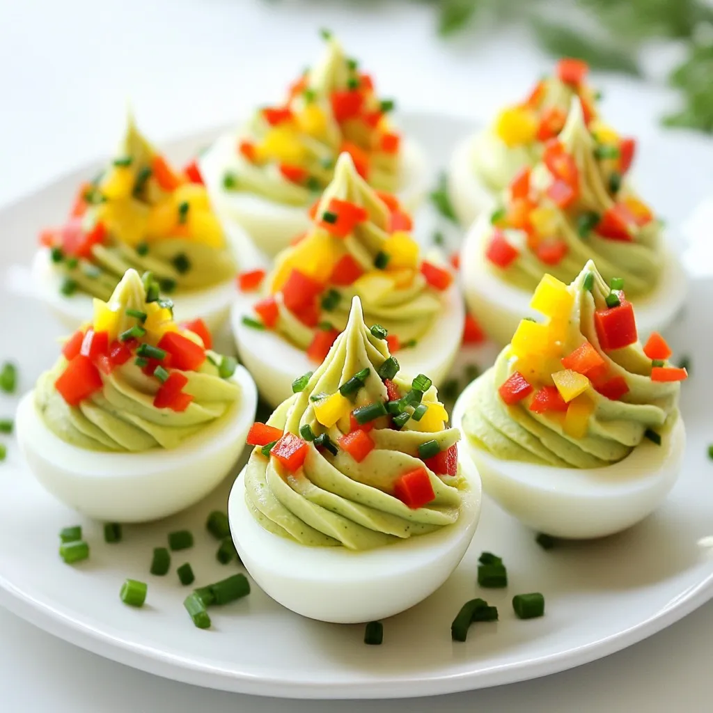 - 6 large eggs - 3 tablespoons mayonnaise - 1 teaspoon Dijon mustard - 1 teaspoon lemon juice - Salt and pepper to taste - Green food coloring (1-2 drops) - 1 small red bell pepper, diced - 1 small yellow bell pepper, diced - Fresh chives or parsley (for garnish) Each ingredient plays a key role in making Christmas Tree Deviled Eggs a fun dish. The eggs serve as a creamy base, while mayonnaise adds richness. Dijon mustard gives a nice tang, and lemon juice brightens the flavor. Adding food coloring makes the filling festive. You can use green food coloring to create a vibrant tree effect. Salt and pepper enhance all the flavors, bringing harmony to each bite. The diced red and yellow bell peppers act as ornaments, making the eggs look stunning. Fresh chives or parsley add a touch of greenery, completing the festive look. These ingredients come together to create a delightful dish that is sure to impress your guests. {{ingredient_image_1}} - Boil the Eggs: Start by placing six large eggs in a pot. Cover them with cold water. Heat over medium until it boils. Once boiling, cover the pot and take it off the heat. Let the eggs sit for twelve minutes. - Cool the Eggs: After the time is up, move the eggs to a bowl of ice water. Let them cool for five to ten minutes. This helps make peeling easier. - Peel the Eggs: Carefully peel the cooled eggs. Do this under running water. The water helps remove the shells without breaking the egg whites. - Prepare the Filling: Slice each egg in half lengthwise. Scoop out the yolks into a bowl. Add three tablespoons of mayonnaise, one teaspoon of Dijon mustard, one teaspoon of lemon juice, salt, pepper, and one to two drops of green food coloring. Mix until smooth and creamy. - Pipe the Filling: Use a piping bag or a plastic bag with a small cut in the corner. Fill the egg white halves with the green yolk mixture. Make a peaked shape to look like a Christmas tree. - Decorate: Take diced red and yellow bell peppers to make ornaments. Place them on top of the yolk filling for a festive touch. Add chopped chives or parsley for extra greenery. - Chill and Serve: Put the deviled eggs in the fridge for at least thirty minutes before serving. This allows the flavors to mix well. Enjoy your festive treat! - Ensuring Perfectly Hard-Boiled Eggs: Start with cold water and your eggs. Place them in a pot. Cover the eggs with cold water, about an inch above the eggs. Bring the water to a boil over medium heat. Once it boils, cover the pot and turn off the heat. Let them sit for 12 minutes. This method gives you firm whites and creamy yolks. - How to Cool Quickly: After the 12 minutes, move the eggs to a bowl filled with ice water. This cools them fast and helps prevent overcooking. Leave them in for about 5-10 minutes. The ice water makes peeling easier, too. - Best Practices for Piping: For a neat look, use a piping bag or a plastic bag with a corner cut off. Fill it with the yolk mixture. Pipe the filling into the egg whites, creating a pointed shape. This makes them look like little Christmas trees. - Avoiding Overmixing: Mix the yolks with mayo, mustard, lemon juice, and food coloring until smooth. Be careful not to overmix. Overmixing makes the filling too runny. A creamy texture is ideal for the perfect deviled egg. - Creative Ornament Designs: Use diced red and yellow bell peppers to create fun ornaments on your deviled egg trees. Place them around the top of the green filling. You can use as many or as few as you like for a festive touch. - Using Other Herbs for Garnish: Fresh chives or parsley add a nice pop of color. Chop them up and sprinkle on top of the filling. You can even use edible flowers for a unique look. Pro Tips Use Fresh Eggs: For easier peeling, use eggs that are at least a week old. Fresher eggs tend to be harder to peel. Perfectly Creamy Filling: For a super smooth filling, use a fine mesh sieve to push the yolks through before mixing in the other ingredients. Color Variations: If you want to get creative, try using natural colorings like spinach or beet juice for a different hue. Presentation Matters: Arrange your deviled eggs on a festive platter and add some greens like parsley for a beautiful presentation. {{image_2}} You can change the taste of your Christmas Tree Deviled Eggs easily. One fun way is to make spicy deviled eggs. Just add a bit of Sriracha to the filling. This gives them a nice kick that many love. If you want a fresh flavor, try adding dill. This herb-infused filling tastes great and adds a lovely touch. Get creative with how you decorate. Instead of bell peppers, you can use olives as ornaments. They add a fun, salty flavor. You can also mix vegetables for different looks. Try using peas or corn for a colorful and tasty twist. Want a vegan version? Use ripe avocados instead of eggs. Mash them with the same seasonings. This makes a creamy filling that is a great plant-based option. If you need gluten-free options, just stick with the basic recipe. All the ingredients are naturally gluten-free, so you can enjoy these tasty treats worry-free. To store leftover deviled eggs, place them in an airtight container. Cover the eggs tightly to prevent drying. If you can, keep them in a single layer. You can use plastic wrap to seal the container for extra protection. This way, your festive treats stay fresh and tasty. Freezing deviled eggs is not the best idea. The texture may change when thawing. Instead, you can freeze the filling separately. Place it in a freezer bag and remove as much air as possible. When ready to use, thaw it in the fridge overnight. Then, fill fresh egg whites for a new batch. In the fridge, deviled eggs last about three to four days. Make sure to keep them covered. If you notice any off smells or changes in texture, discard them. Always check before serving. Keeping track of the date helps ensure you enjoy every last bite. To make deviled eggs easier to peel, start with older eggs. Fresh eggs stick more to the shell. After boiling, cool the eggs in ice water. This helps separate the shell from the egg white. When peeling, do it under running water. The water helps wash away bits of shell. Yes, you can make deviled eggs ahead of time. Prepare the eggs and filling a day before your event. Store them in the fridge in a covered container. Just wait to decorate them until serving time. This keeps the colors bright and fresh. If you want to skip mayonnaise, use Greek yogurt instead. It offers a creamy texture and adds protein. You can also try avocado for a rich, healthy twist. Mustard or sour cream works well too. Each substitute gives a new flavor to your deviled eggs. Making deviled eggs is simple and fun. You start with egg basics, use tasty flavors, and decorate to impress. Follow the step-by-step guide, from boiling to piping, to get great results. Remember, you can twist the recipe with variations and storage tips. With these skills, you can create deviled eggs for any occasion. Enjoy experimenting with flavors and designs, and your guests will love your tasty treats!