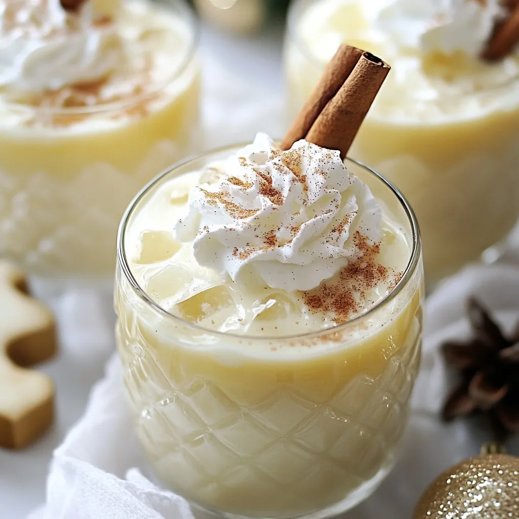 For a great Amaretto Eggnog Spritz, you need: - 2 cups eggnog (store-bought or homemade) - 1 cup sparkling water or club soda - 1/4 cup almond syrup - 1/2 teaspoon ground nutmeg - 1/2 teaspoon ground cinnamon - Ice cubes - Whipped cream (for topping) - Cinnamon sticks (for garnish) Each ingredient plays a key role. The eggnog gives creaminess. The sparkling water adds fizz. Almond syrup brings sweetness, while nutmeg and cinnamon offer warm flavors. If you can’t find eggnog, you can use a mix of milk and cream with vanilla. For a vegan option, try almond milk or coconut milk with a vegan eggnog recipe. Instead of almond syrup, you might use simple syrup or maple syrup. If you lack cinnamon or nutmeg, pumpkin pie spice works great too. Garnishes can elevate your drink. I love using a cinnamon stick. It adds a nice scent and flavor. A sprinkle of nutmeg on top looks pretty and tasty. You can also add a few chocolate shavings for a sweet touch. {{ingredient_image_1}} To make the Amaretto Eggnog Spritz, start by chilling your eggnog. If it’s not cold, place it in the fridge for a bit. Next, grab a large pitcher. Combine the chilled eggnog, sparkling water or club soda, and almond syrup in the pitcher. Stir gently to mix everything. Be careful! You want the bubbles to stay fizzy. After mixing, add ground nutmeg and ground cinnamon. Stir lightly again, just enough to blend the spices. Now, fill glasses with ice cubes. Pour the Amaretto Eggnog mix over the ice until the glasses are three-quarters full. Top each glass with a dollop of whipped cream. Finally, add a cinnamon stick to each drink for a lovely garnish. A light sprinkle of nutmeg on top adds more flavor. Your festive drink is ready to serve! When mixing the cocktail, always use a gentle touch. Stir slowly to keep the bubbles from escaping. If you mix too fast, the drink could go flat. Use sparkling water or club soda that is very cold. This helps keep the fizz lively when you mix it in. Pour the sparkling water into the eggnog mix last. This way, the bubbles stay intact longer. It’s all about being gentle to keep your drink refreshing. Serve the Amaretto Eggnog Spritz in clear glasses. This lets the beautiful layers of your drink shine through. You can also add festive touches to your serving table. Use holiday-themed napkins and straws to enhance the fun. For a cozy vibe, light some candles around your drink station. Encourage friends and family to enjoy the drink while it’s fresh. This cocktail is perfect for holiday gatherings or simple get-togethers. Enjoy the cheers and smiles as you share this tasty treat! To make your Amaretto Eggnog Spritz shine, focus on the spices. Ground nutmeg and cinnamon add warmth. Use fresh spices for a strong taste. You can also add a splash of vanilla extract. This gives your drink a smooth finish. If you want more almond flavor, use more almond syrup. Just remember to balance it out. Avoid using warm eggnog; it can ruin the drink’s texture. Always chill your eggnog first. When mixing, be gentle. Stir too hard, and you may lose the fizz. Don’t skip the whipped cream; it adds richness. Lastly, avoid over-garnishing. A single cinnamon stick is enough. Serve the Amaretto Eggnog Spritz in clear glasses to show off its creamy color. Add ice cubes before pouring the drink. Top with a generous dollop of whipped cream. A sprinkle of nutmeg on top looks great. Finally, place a cinnamon stick in each glass for flair. This makes your drink look festive and inviting. Pro Tips Chill Your Ingredients: For the best taste, ensure your eggnog and sparkling water are well chilled before mixing. This keeps the drink refreshing and enhances the flavors. Choose Quality Eggnog: Whether store-bought or homemade, opt for high-quality eggnog. It will greatly influence the overall flavor of your spritz. Adjust Sweetness: If you prefer a sweeter drink, add more almond syrup to taste. Start with a small amount and adjust gradually. Garnish Creatively: Experiment with garnishes! Besides cinnamon sticks, consider adding star anise or a sprinkle of cocoa powder for a unique twist. {{image_2}} To make a non-alcoholic Amaretto Eggnog Spritz, skip the almond syrup. Use a sweet, nutty flavored syrup instead. You can try using vanilla syrup or a sugar-free alternative. This keeps the drink tasty for everyone. Follow the same steps, and you’ll have a festive drink for all ages. It still feels special and festive! Want to switch up the flavor? You can add chocolate or vanilla to your Amaretto Eggnog Spritz. For a chocolate version, mix in chocolate syrup or cocoa powder. Just stir it well to blend. For vanilla, add a splash of vanilla extract to enhance that creamy taste. Each twist gives the drink a new life and makes it fun for guests. You can also bring in seasonal flavors. For a pumpkin spice version, add pumpkin puree and pumpkin pie spice. This warms up the drink and adds a cozy feel. Mix in some whipped cream on top for extra fluff. These seasonal twists make your Amaretto Eggnog Spritz perfect for holiday gatherings. Everyone will love the festive cheer! After making your Amaretto Eggnog Spritz, you may have some ingredients left. Here’s how to store them: - Eggnog: Keep it in a sealed container in the fridge. It lasts about 5 days. - Almond syrup: Store it in a cool, dark place. It can last for months. - Ground spices: Keep them in a dry spot. They’ll stay fresh for a long time. If you have leftover Amaretto Eggnog Spritz, store it carefully. The best way is in a pitcher with a lid. Place it in the fridge. Enjoy it within 24 hours for the best taste. The fizz may fade, but the flavor will still be good. To keep your eggnog fresh, follow these tips: - Keep it cold: Always store eggnog in the fridge. - Seal it tight: Use an airtight container to prevent odors from mixing. - Check for freshness: Before using, smell and taste the eggnog. If it smells off, do not use it. These simple steps will help you enjoy your eggnog and cocktails longer! Yes, you can use homemade eggnog. It adds a personal touch. Just make sure it’s well-chilled before mixing. Fresh eggnog may taste richer and creamier. You can use other syrups if you don’t have almond syrup. Try hazelnut syrup for a nutty flavor. Maple syrup works too, giving a sweet touch. Vanilla syrup is another great option. Eggnog usually lasts about three to five days in the fridge. If you make it homemade, keep an eye on it. Always check for any changes in smell or texture before using. You can prepare the eggnog mix in advance. Just don’t add sparkling water until you’re ready to serve. This keeps the drink fizzy and fresh. Mix everything else and chill until you are ready! We covered the main ingredients, substitutes, and garnishes for Amaretto Eggnog Spritz. You learned how to prepare, mix, and serve this festive drink. I shared tips to avoid common mistakes and to enhance flavors. We also looked at fun variations and how to store leftover ingredients. This cocktail is a great way to celebrate. Enjoy it with friends and family. Have fun experimenting with flavors and presentations. Your Amaretto Eggnog Spritz will impress everyone.