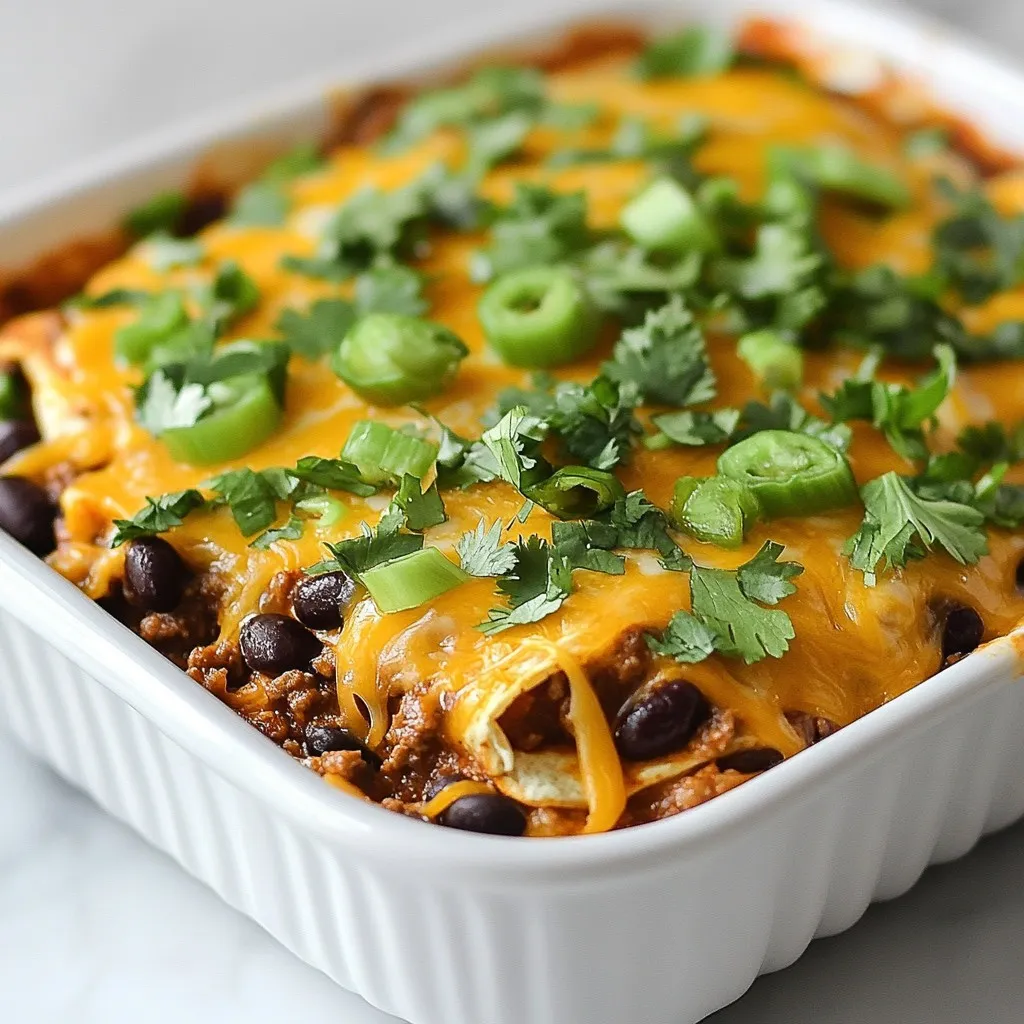 To make Layered Beef Enchilada Casserole, gather these fresh items: - 1 lb ground beef - 1 medium onion, finely chopped - 2 cloves garlic, minced - 1 can (15 oz) black beans, drained and rinsed - 1 can (12 oz) enchilada sauce - 1 can (8 oz) diced tomatoes with green chilies - 1 teaspoon cumin - 1 teaspoon chili powder - Salt and pepper to taste - 8 corn tortillas - 2 cups shredded cheddar cheese - 1 cup sour cream - ½ cup chopped fresh cilantro (for garnish) You will need these tools to cook your casserole: - Large skillet - 9x13-inch baking dish - Spoon for mixing - Measuring cups and spoons - Knife and cutting board - Aluminum foil This dish serves six people. Each serving has about: - Calories: 450 - Protein: 25g - Fat: 25g - Carbohydrates: 35g - Fiber: 7g This casserole packs flavor and nutrition. It is a fun way for families to enjoy a hearty meal! {{ingredient_image_1}} Start by preheating your oven to 350°F (175°C). This step warms up the oven so your casserole cooks evenly. It only takes a few minutes, but it’s key for a perfect dish. Next, heat a large skillet over medium heat. Add 1 pound of ground beef and 1 chopped onion to the skillet. Cook for about 5-7 minutes. Stir often. When the beef is brown and the onions are soft, drain any extra fat. This makes your dish less greasy. Now, it’s time to assemble your casserole. Grease a 9x13-inch baking dish. Start with a thin layer of the beef mix on the bottom. Use about one-third of the mixture. Then, take 2 corn tortillas and place them over the beef. They can overlap a bit. Next, sprinkle ½ cup of shredded cheddar cheese on top. Add another third of the beef mix and ⅓ of the sour cream. Repeat these layers two more times. Finish with tortillas, the rest of the beef mix, and top it all with cheese. Cover your dish with foil. Place it in the oven and bake for 20 minutes. After that, remove the foil and bake for another 10-15 minutes. You want the cheese to be bubbly and golden brown. When it’s done, take it out and let it cool for about 5 minutes. This helps the layers set. Enjoy the delicious smell while you wait! Making Layered Beef Enchilada Casserole can be fun, but mistakes can happen. Here are some common pitfalls: - Skipping the Preheat: Always preheat your oven. This helps the cheese melt and bubble perfectly. - Too Much Liquid: If you pour in too much enchilada sauce, your dish might get soggy. Use just enough for flavor. - Uneven Layers: Even layers help every bite taste great. Make sure to spread each layer evenly. Layering is key in this dish. Here’s how to do it right: 1. Start with the Beef: A thin layer of the beef mixture should go first. This keeps the tortillas from getting too dry. 2. Add Tortillas: Use overlapping tortillas. This helps keep all the layers intact. 3. Cheese and Sour Cream: Spread cheese and sour cream evenly. This creates a creamy, cheesy texture in every bite. 4. Repeat the Layers: Keep layering until you run out of ingredients. End with tortillas, beef, and cheese on top. Each layer adds to the flavor. When baked, they meld together into a tasty treat. Making this dish ahead of time can save you stress. Here’s how: - Prepare in Advance: You can make the casserole a day before. Just cover it and store it in the fridge. - Reheating: When ready to eat, bake at 350°F. Cover it with foil to keep it moist. - Check for Warmth: Bake until it is hot all the way through. This usually takes around 30-35 minutes. These tips will help you create a delicious Layered Beef Enchilada Casserole that your family will love. Pro Tips Choose Lean Beef: Opt for lean ground beef (90% or higher) to reduce the fat content and make the casserole healthier without sacrificing flavor. Customize Your Heat: Adjust the amount of diced tomatoes with green chilies or add jalapeños for extra heat, based on your spice preference. Use Fresh Tortillas: For the best texture, use fresh corn tortillas instead of stale ones, as they will hold up better in layers and add authenticity. Let It Rest: Allow the casserole to rest for 5-10 minutes after baking. This helps the layers set and makes serving easier. {{image_2}} You can easily make a vegetarian version of this dish. Swap the ground beef for a mix of beans, like black beans and pinto beans. Add in veggies like bell peppers, zucchini, or spinach. These will add great flavor and texture to your casserole. Use the same spices and enchilada sauce to keep that classic taste. This version is hearty and packed with nutrients. If you love heat, add some spice to your beef. Use hot enchilada sauce instead of mild for a kick. You can also mix in jalapeños or diced green chilies with the beef. For an extra punch, add some crushed red pepper flakes to the meat mixture. This will give your casserole a fiery twist that spice lovers will enjoy. You can swap out the cheddar cheese for other varieties. Monterey Jack adds a nice creaminess. Pepper Jack cheese gives a spicy flavor. If you want a dairy-free option, try vegan cheese. Just make sure it melts well. Mixing different cheeses can also create a unique flavor profile for your casserole. To keep your layered beef enchilada casserole fresh, store it in an airtight container. Let the casserole cool first. This helps avoid moisture build-up. Place it in the fridge if you plan to eat it within three to four days. Always label the container with the date. This way, you know when to use it. If you want to save some for later, freezing is a great option. Cut the casserole into portions. Wrap each piece in plastic wrap, then place them in a freezer bag. Squeeze out as much air as you can. This helps prevent freezer burn. You can freeze it for up to three months. Just remember to label the bags with the date. When you're ready to eat the leftovers, reheating is simple. For the best results, use the oven. Preheat to 350°F (175°C). Place the casserole in an oven-safe dish. Cover it with foil to keep it moist. Heat for about 20 to 25 minutes. If you want it extra bubbly, remove the foil for the last five minutes. You can also microwave individual portions for quick meals. Just heat them for about two to three minutes, checking often. Enjoy the flavors of your casserole again! Yes, you can use flour tortillas instead of corn in this recipe. Flour tortillas are soft and easy to layer. They may change the taste and texture slightly, but they work well. Just make sure to adjust the cooking time, as they might cook faster than corn tortillas. If you want to swap out ground beef, try ground turkey, chicken, or even beans. For a vegetarian option, use black beans or lentils. These will add protein and flavor. You can also use tofu for a plant-based choice. Just make sure to cook it well to enhance the taste. To make this dish gluten-free, use corn tortillas and check the enchilada sauce for gluten-free labeling. Many sauces are now gluten-free, but it’s good to read labels. You can also make your own enchilada sauce at home to ensure it’s safe. Be sure to follow these tips for a delicious, gluten-free meal. This blog post covered all you need for a delicious layered enchilada casserole. We discussed the ingredients, cooking gear, and provided a clear nutritional layout. I shared step-by-step instructions to help you from preheating to baking. You now know how to avoid common mistakes and create layers for great flavor. Plus, I offered tips for variations and storage. Make this dish your own, and enjoy every bite. Happy cooking!