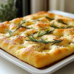 - 4 cups all-purpose flour - 2 tsp sea salt - 2 tsp sugar - 2 ¼ tsp instant yeast (1 packet) - 1 ½ cups warm water (about 110°F) - ¼ cup olive oil (plus more for drizzling) - 2-3 sprigs fresh rosemary (plus extra for garnish) - Coarse sea salt for topping To make rustic rosemary focaccia, you need key ingredients. Each one plays a big role in the taste and texture. First, the all-purpose flour gives the bread its structure. It allows the dough to rise well. Next, sea salt enhances the flavor. It is important for seasoning. The sugar helps the yeast activate. This gives your bread a nice rise and lightness. You will also use instant yeast. It makes the dough rise quickly. You can find it in packets at the store. The warm water helps dissolve the yeast. Make sure it is not too hot; about 110°F is best. The olive oil adds richness and moisture. You will drizzle more on the dough before baking. Finally, the fresh rosemary gives a lovely herbal taste. It also makes the focaccia smell amazing. Coarse sea salt is for topping, adding a delightful crunch. Gather these ingredients, and you're ready to start baking! {{ingredient_image_1}} To start, you need to mix warm water, sugar, and instant yeast. Use about 1 ½ cups of warm water at 110°F. Add 2 teaspoons of sugar and 2 ¼ teaspoons of yeast. Stir it well and let it sit for 5-10 minutes. You want the mixture to froth. This shows the yeast is active and ready to work. Next, grab a large bowl. Mix in 4 cups of all-purpose flour, 2 teaspoons of sea salt, and ¼ cup of olive oil into the yeast mixture. Stir until you form a rough dough. Then, place the dough on a floured surface. Knead it for about 5-7 minutes. You should feel it become smooth and elastic. Now, take a large bowl and lightly oil it. Place the kneaded dough inside, turning it to coat it with oil. Cover the bowl with a damp cloth. Set it in a warm area for about 1-2 hours. You want the dough to double in size during this time. Once the dough has risen, preheat your oven to 400°F (200°C). Then, punch down the dough to release the air. Transfer it to a greased baking sheet. With your hands, stretch and flatten it to fill the pan, about 1 inch thick. Now, use your fingers to create dimples all over the dough's surface. Drizzle olive oil generously on top. Sprinkle coarse sea salt and fresh rosemary for flavor. Let the dough rise for another 20-30 minutes until slightly puffy. Finally, bake it in the oven for 20-25 minutes. You want it golden brown. Enjoy the delightful aroma filling your kitchen as it bakes! To get that perfect texture in focaccia, kneading is key. I knead the dough for about 5-7 minutes. This helps make the dough smooth and elastic. Use your palms to push the dough away from you, then fold it back. Repeat this process. Warm rising conditions are vital too. I place the dough in a warm spot, covered with a cloth. This helps it rise nicely. The dough should double in size in about 1-2 hours. You can change the flavor by using different herbs. Try thyme, oregano, or even basil. Each herb adds a unique twist. You can also mix herbs together for more flavor. Topping combinations are fun to explore. I like adding olives, sun-dried tomatoes, or cheese. Grated Parmesan or feta cheese adds a nice touch. Be creative and mix your favorites. For a lovely presentation, serve focaccia on a wooden board. It looks rustic and inviting. You can drizzle olive oil and balsamic vinegar on the side for dipping. This adds extra flavor. Pair focaccia with soups or dips. It goes well with tomato soup or a fresh salad. Enjoying it warm enhances the flavors. Pro Tips Use Fresh Ingredients: For the best flavor, always use fresh rosemary and high-quality olive oil. Let It Rise Properly: Ensure the dough rises in a warm environment to achieve maximum fluffiness. Experiment with Toppings: Feel free to add toppings like garlic, olives, or sun-dried tomatoes for added flavor. Store Correctly: To keep the focaccia fresh, store it in an airtight container at room temperature for up to 2 days. {{image_2}} You can change the flavor of your focaccia easily. Try adding thyme or oregano. This gives a nice twist to the classic taste. Another option is to make garlic and herb focaccia. Just chop fresh garlic and mix it in the dough. The aroma will fill your kitchen, making it hard to wait! Toppings can take your focaccia to new heights. Cheese adds a rich flavor. Parmesan is a great choice for a nutty taste. Feta can also add creaminess. You can mix in vegetables too. Sun-dried tomatoes give a sweet and tangy kick. Olives bring a salty bite that pairs well with the bread. Do you need a gluten-free option? You can make focaccia using gluten-free flour. Almond flour or a blend of gluten-free flours work well. You may need to add more water for the right texture. A few extra minutes of kneading can help the dough rise better. Focus on getting that smooth, elastic feel. To keep your focaccia fresh on the countertop, place it in a paper bag. This helps keep the crust crisp while allowing some air circulation. You can also wrap it in a clean kitchen towel. Avoid plastic wrap, as it makes the bread soggy. For refrigeration, use an airtight container. This will help keep the focaccia from drying out. You can store it in the fridge for up to four days. Just remember to let it come to room temperature before serving again. To freeze focaccia for later use, wrap it tightly in plastic wrap. Then, place it in a freezer-safe bag. This way, you can enjoy it months later without losing flavor. It can stay good for up to three months in the freezer. When you’re ready to enjoy it, thaw the focaccia in the fridge overnight. To reheat, place it in a 350°F oven for about 10-15 minutes. This will help restore its lovely texture and warmth. The best flour for focaccia is all-purpose flour. It gives a nice texture. You can also use bread flour. Bread flour has more gluten, so it makes a chewier focaccia. For a lighter texture, try using 00 flour. This Italian flour works well for pizza and focaccia. It’s fine and gives a great crust. Yes, you can make focaccia without yeast! Use baking powder instead. Mix 2 cups of flour with 1 tablespoon of baking powder. Then add your water and oil. This will make a quick bread. It won’t rise as much but will still taste good. You’ll have a flatbread style focaccia. Focaccia lasts about 3 days at room temperature. Store it in a bread bag for best results. If you want it to last longer, refrigerate it. In the fridge, it can last up to a week. You can also freeze focaccia. Wrap it well in plastic wrap, and it will last for 1-2 months. You can add many flavors to focaccia! Try mixing in different herbs like thyme or oregano. For a savory touch, add garlic or sun-dried tomatoes. Cheese lovers can sprinkle on Parmesan or feta. You can also use olives or roasted peppers for a tasty twist. Each option brings its own delicious flair! This blog post outlined a simple way to make rustic rosemary focaccia. We covered the ingredients, step-by-step instructions, and valuable tips. Remember, kneading well and letting the dough rise is key. You can play with flavors by adding different herbs or toppings. Focaccia is versatile and perfect for dipping or as a side. Store leftovers properly to enjoy them later. I hope you try this recipe and find joy in baking. Your kitchen adventures can lead to delicious results!