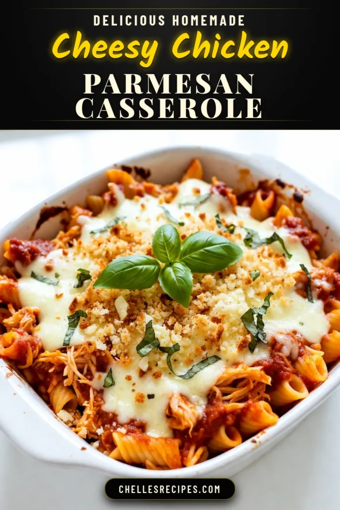 Savor the deliciousness of this Chicken Parmesan Casserole, an easy chicken casserole recipe that the whole family will love! Packed with cooked rotini pasta, tender baked chicken and cheese, and rich marinara sauce, it's a comfort food dream. Perfect for busy nights, this marinara chicken bake is both hearty and satisfying. Try this unique rotini pasta recipe today! Don’t forget to save for later! #ChickenParmesanCasserole #EasyCasseroleRecipe #BakedChickenAndCheese #MarinaraChickenBake