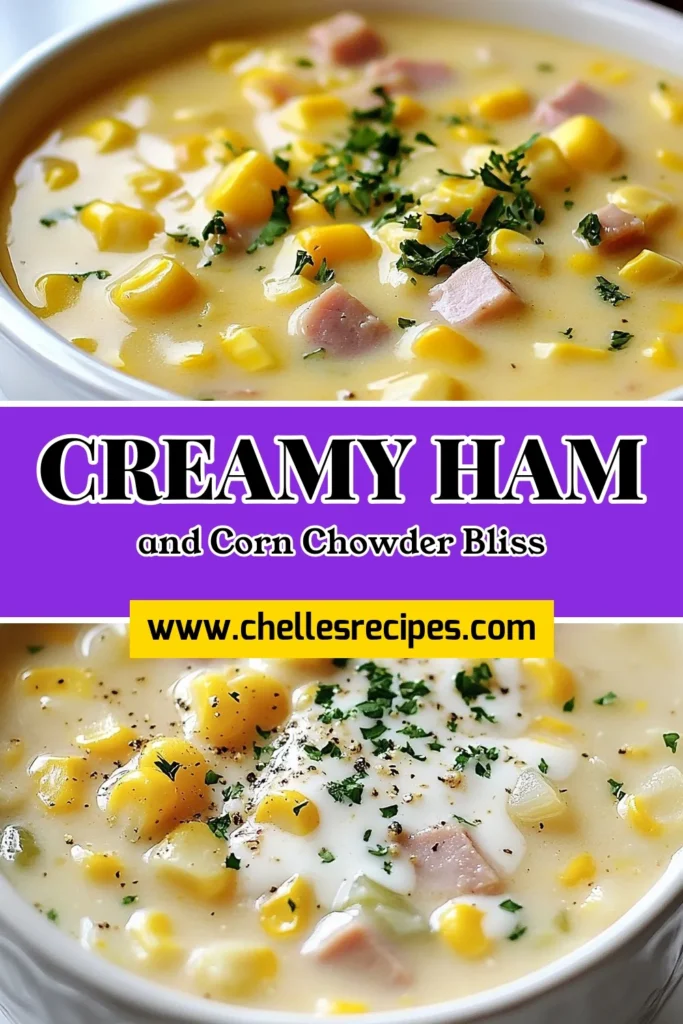 Warm up with this delicious creamy ham and corn chowder! This easy corn chowder recipe combines diced ham, sweet corn, and tender potatoes for a hearty soup you'll love. Perfect for quick dinner ideas, this ham and potato chowder can be on your table in under an hour. Check out our simple steps to make this comforting dish today! Save this recipe for those cozy nights! #Chowder #SoupRecipes #EasyDinner #HeartyMeals