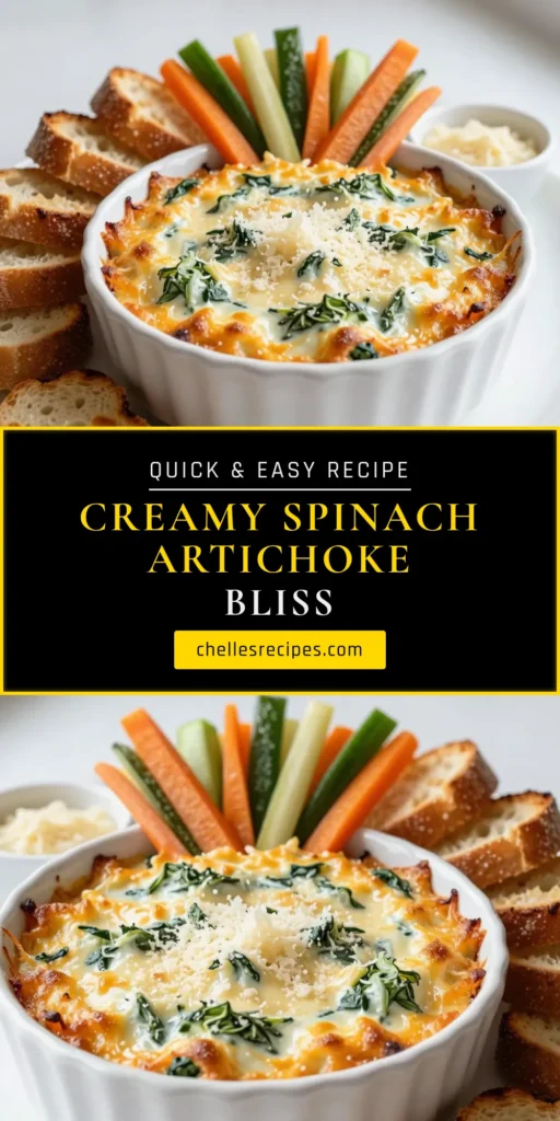 Indulge in this irresistible cheesy spinach artichoke dip that is a must-try party dip recipe with cheese! Our baked spinach artichoke dip recipe is easy to follow, featuring a creamy artichoke dip with cheese that everyone will love. With just a few simple ingredients, this easy spinach artichoke dip will be the star of your gathering. Click to discover how to make it and save for your next event! #SpinachArtichokeDip #PartyDip #CheesyRecipes #EasyAppetizers