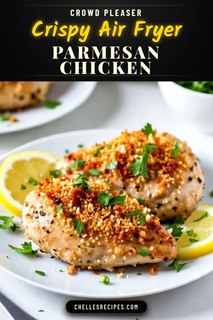 Discover the ultimate Air Fryer Parmesan Chicken recipe for a quick and healthy dinner! This crispy Parmesan crusted chicken is coated in a delicious panko mixture, making it a perfect easy air fryer recipe for busy nights. Enjoy tender chicken breasts that are golden and flavorful in just 25 minutes. Perfect for meal prepping too! Try this healthy chicken dinner recipe today and elevate your weeknight meals! Save this recipe! #AirFryerRecipes #HealthyDinner #PankoChicken #CrispyChicken
