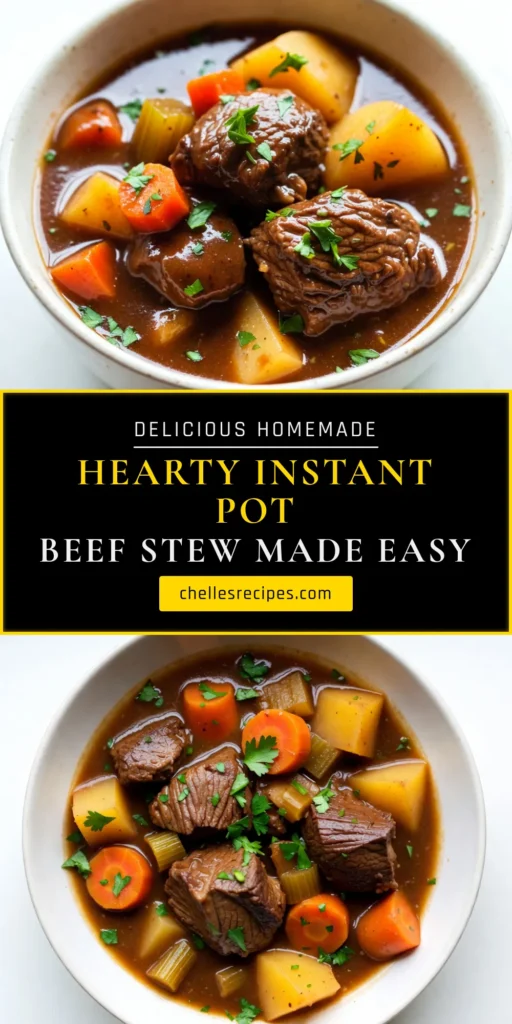 Discover the ultimate comfort food with this savory Instant Pot beef stew recipe! Perfect for busy weeknights, this easy beef stew combines tender beef chuck, fresh vegetables, and rich flavors, all cooked in one pot. Enjoy a hearty meal that will warm your soul in no time with this quick pressure cooker stew recipe. Try it today and savor the deliciousness! Save this recipe for later! #InstantPotBeefStew #SavoryBeefStew #EasyBeefStew #HeartyBeefStew