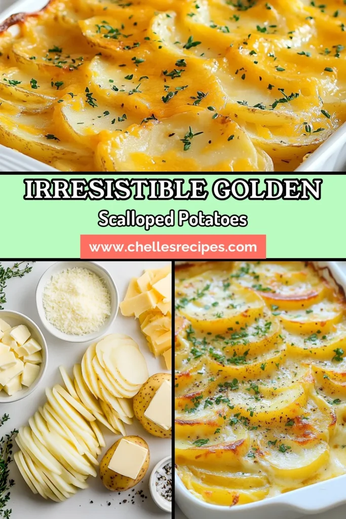 Discover the ultimate scalloped potatoes recipe with our golden scalloped potatoes! Using Yukon gold potatoes, this creamy potato bake is layered with rich flavors of garlic, cheese, and thyme for a delicious cheesy potato casserole that will wow your family and friends. Perfect for gatherings or cozy dinners. Don’t miss out on this easy-to-follow recipe. Save this golden scalloped potatoes recipe for your next meal! #ScallopedPotatoes #PotatoCasserole #ComfortFood #YukonGoldPotatoes
