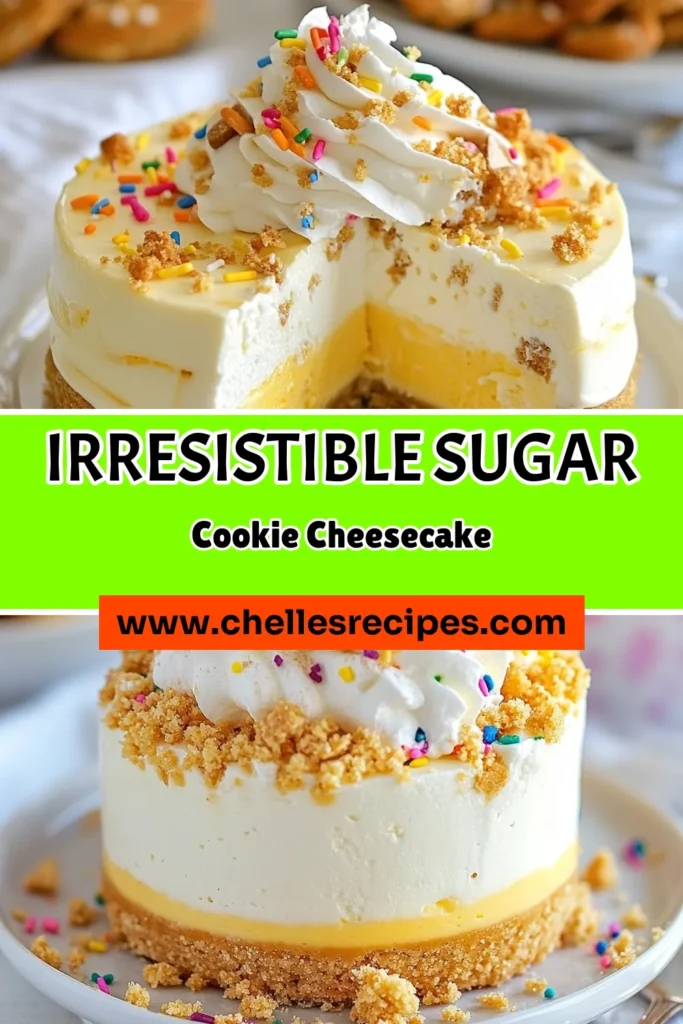 Indulge in this delicious sugar cookie cheesecake, combining your favorite sweet sugar cookies with a creamy cheesecake batter. This easy dessert recipe features a buttery sugar cookie crust and a rich cream cheese cheesecake filling that's sure to impress. Perfect for gatherings or a cozy night in, this cheesecake is a must-try! Save this cheesecake recipe today for a delightful treat. #SugarCookieCheesecake #CheesecakeRecipe #EasyDessertRecipes #CreamCheeseCheesecake