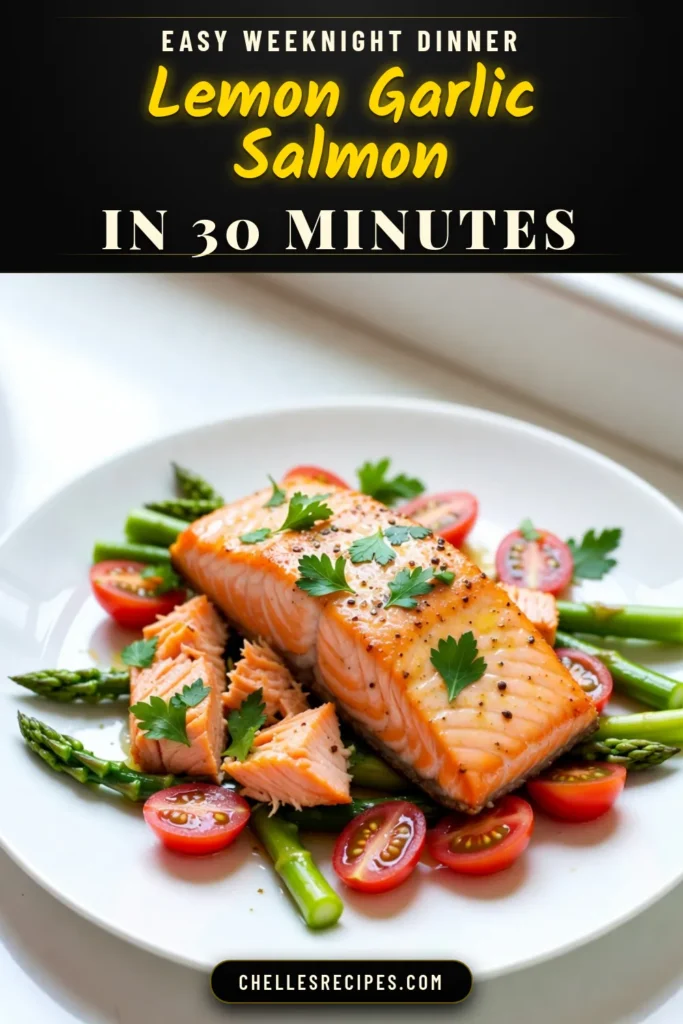 Indulge in this easy salmon dinner with our Lemon Garlic Salmon recipe! This delicious baked salmon with vegetables combines healthy salmon fillets, vibrant asparagus, and juicy cherry tomatoes, all elevated with zesty lemon and aromatic garlic. Perfect for busy weeknights, this one-pan meal is a quick, nutritious option that your family will love. Save this recipe for your next dinner! #SalmonRecipe #HealthyEating #OnePanMeal #EasyDinners