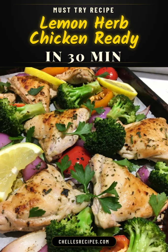 Looking for an easy chicken recipe? Try this Sheet Pan Lemon Herb Chicken with Veggies! This one pan chicken dinner features juicy roasted chicken thighs and vibrant roasted broccoli, bell peppers, and red onions, all infused with fresh lemon and herbs. Perfect for a healthy, hassle-free meal! Save this delicious recipe for your next family dinner and enjoy the flavors of lemon herb chicken tonight! #EasyChickenRecipes #SheetPanDinner #HealthyChickenThighRecipes #RoastedChickenAndVeggies