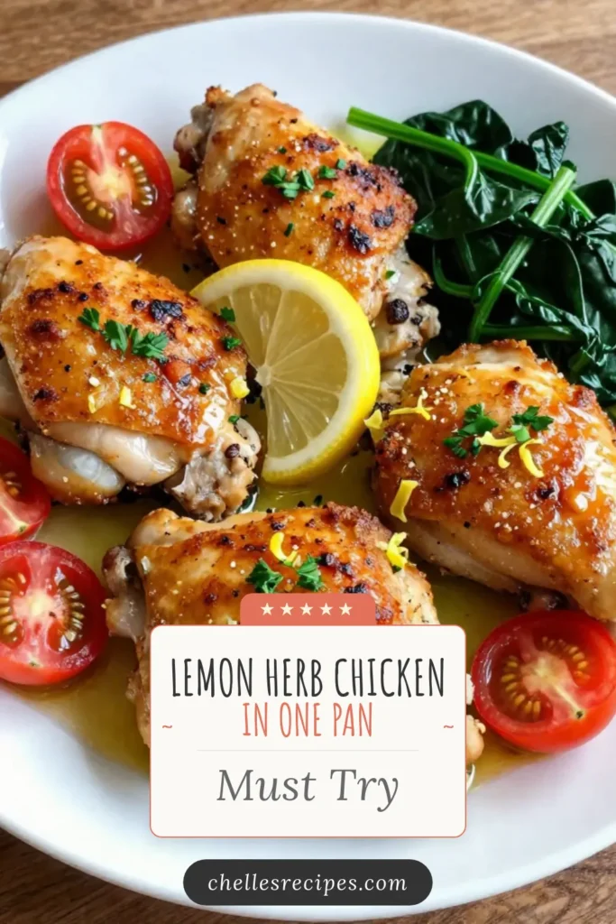 Discover the ultimate One-Pan Lemon Herb Chicken recipe that will elevate your dinner game! This Easy Chicken Dinner features juicy baked chicken thighs infused with zesty lemon and aromatic herbs. Perfect for busy weeknights, this Skillet Chicken Thighs Recipe combines tender chicken with cherry tomatoes and fresh spinach for a vibrant dish. Don't miss out! Save this Baked Chicken Thighs Recipe for your next meal. #OnePanChicken #EasyDinner #ChickenThighs #LemonGarlicChicken
