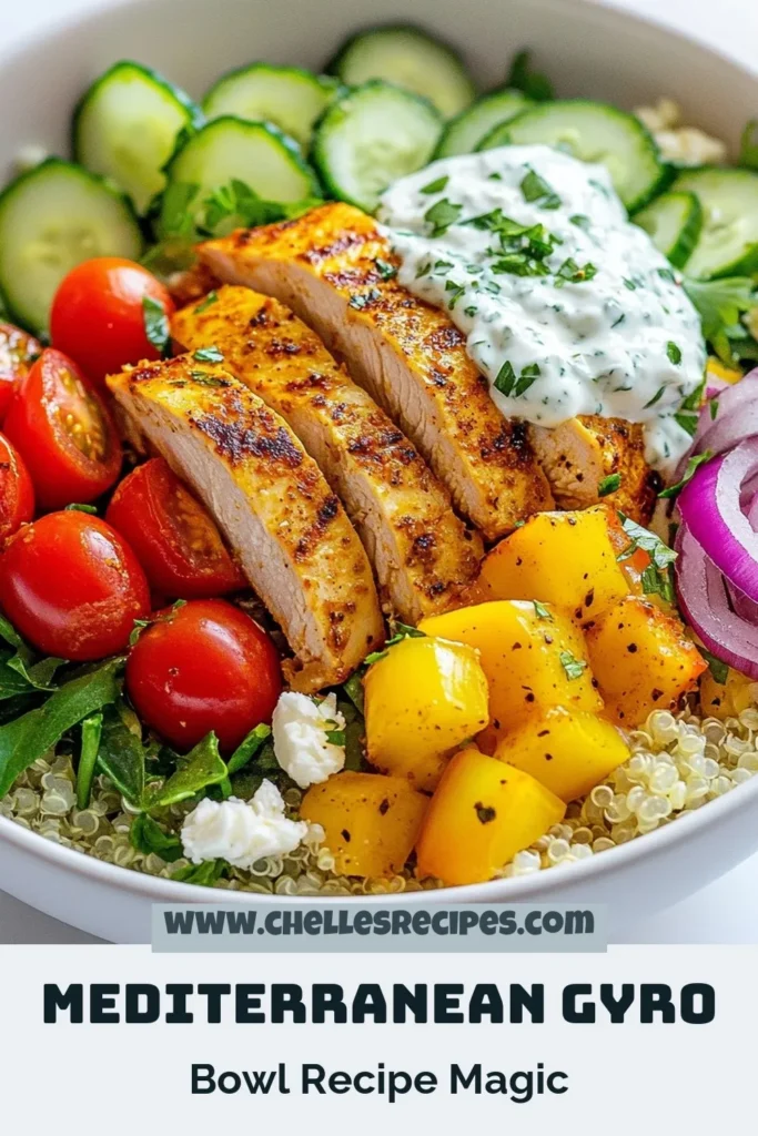 Discover the ultimate Mediterranean gyro bowl with this healthy quinoa recipe featuring tender chicken, fresh veggies, and homemade tzatziki sauce. Perfect for quick Mediterranean meals, this chicken gyro bowl recipe is both delicious and nutritious. Enjoy a delightful blend of flavors that will satisfy your cravings. Try it today and elevate your weeknight dinners! Save this recipe for your next meal inspiration. #GyroBowl #HealthyRecipes #Tzatziki #MediterraneanCuisine