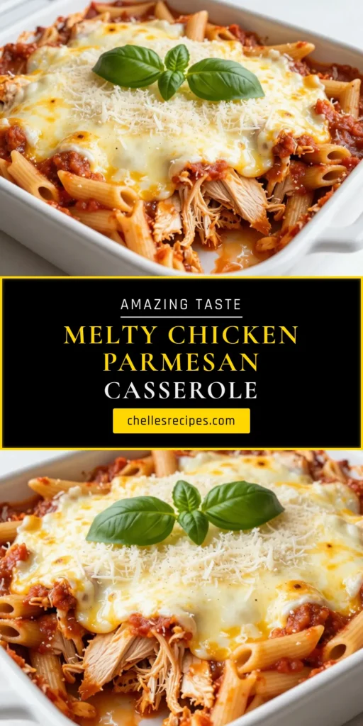 Discover the ultimate cheesy chicken casserole with this easy Chicken Parmesan recipe! This comforting pasta bake combines shredded chicken dishes with creamy mozzarella and Parmesan cheese for a delicious family meal. Perfect for busy nights, this recipe is sure to become a favorite in your comfort food recipes collection. Get ready to enjoy a hearty dish that’s quick to prepare! Save this recipe for later! #CheesyChickenCasserole #EasyPastaBake #ComfortFoodRecipes #ShreddedChickenDishes