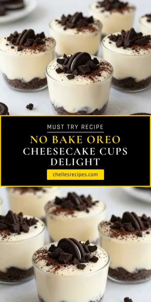 Indulge in these delightful no-bake Oreo cheesecake cups for a simple yet creamy dessert! This easy cheesecake recipe combines a rich Oreo crust with a smooth filling, making it a perfect no-bake dessert for any occasion. With just a few ingredients, you can create these delicious Oreo cheesecake cups that everyone will adore. Chill them for a couple of hours and enjoy a sweet treat! Save this recipe for later and impress your guests! #NoBakeOreoCheesecake #OreoCheesecakeCups #EasyDessertRecipes #CreamyDessertCups