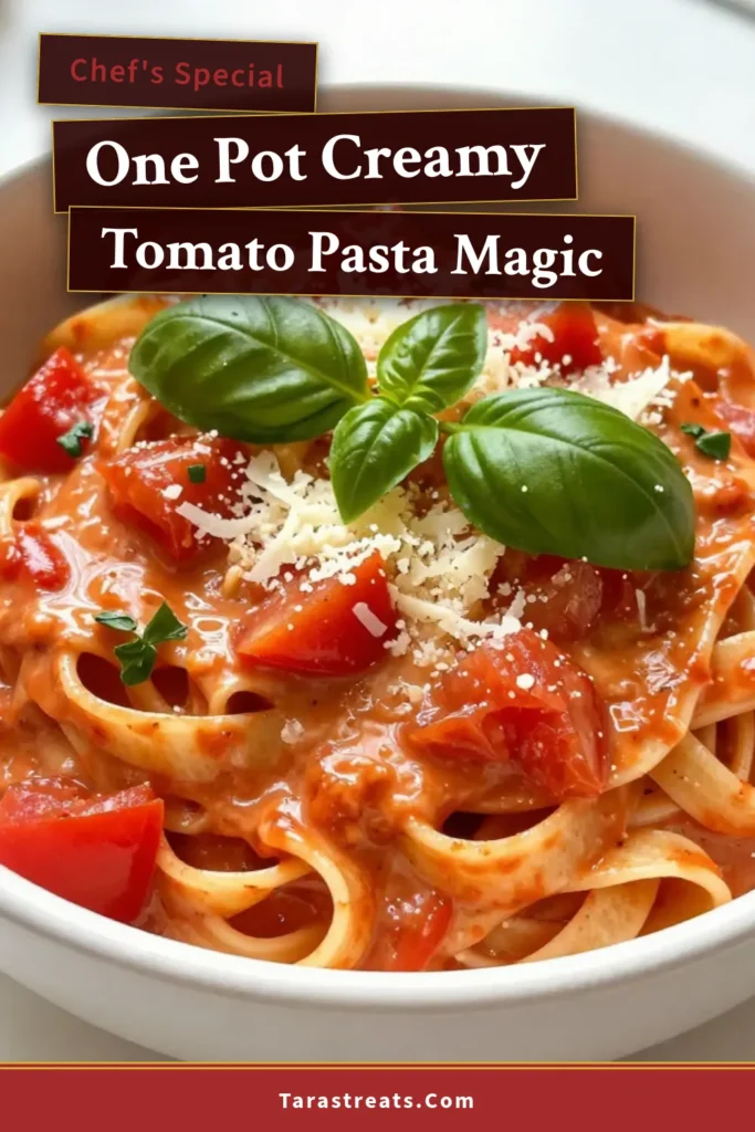 Savor the flavor with this One-Pot Creamy Tomato Basil Pasta! This Easy Tomato Basil Pasta Recipe is perfect for a busy weeknight, giving you a delicious and quick vegetarian pasta dish in just 25 minutes. Creamy pasta with fresh basil creates a rich, irresistible taste that everyone will love. Discover the simplicity of One-Pot Pasta Recipes and bring warmth to your dinner table today! Try it now! #PastaRecipes #VegetarianCooking #OnePotMeals #EasyRecipes
