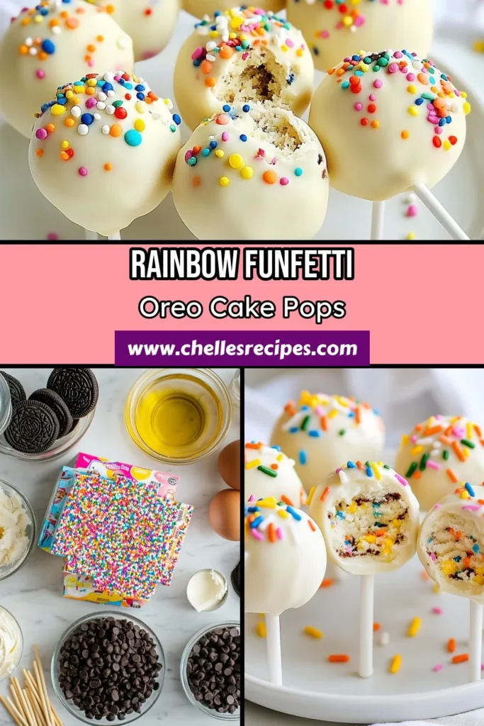 Indulge in these delicious Funfetti Oreo cake pops, the perfect treat for any celebration! This easy cake pop recipe combines fluffy funfetti cake with crushed Oreo cookies for a delightful twist. Decorated with rainbow sprinkles, these homemade cake pops are both eye-catching and tasty. Get your family involved and make these adorable treats today! Save this recipe for your next party! #FunfettiOreoCakePops #EasyCakePops #HomemadeCakePops #RainbowSprinkleCakePops