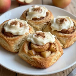 - 2 cups all-purpose flour - 2 tablespoons granulated sugar - 1 packet (2 ¼ teaspoons) instant yeast - ½ teaspoon salt - ½ cup warm milk (about 110°F/43°C) - 1/4 cup unsalted butter, melted - 1 large egg - 1 cup apples, peeled and diced (such as Granny Smith) - 1 tablespoon cinnamon - 1/4 cup brown sugar - 1/4 teaspoon nutmeg - 4 oz cream cheese, softened - 2 tablespoons unsalted butter, softened - 1 cup powdered sugar - 1 tablespoon vanilla extract - 1-2 tablespoons milk (as needed for consistency) Each ingredient plays a key role. The flour gives the rolls their structure. Sugar adds sweetness. Instant yeast makes the dough rise and become fluffy. Salt enhances all the flavors. For the wet mix, warm milk activates the yeast. Melted butter adds richness. The egg helps bind everything together. The apple filling brings in the star of the show. Diced apples provide freshness and texture. Cinnamon and nutmeg bring warmth and spice. Brown sugar adds a nice caramel-like flavor. The cream cheese frosting is the perfect finish. Cream cheese and butter create a smooth base. Powdered sugar sweetens it up. Vanilla extract adds depth, while milk adjusts the thickness. With these ingredients, you're set to make truly irresistible apple cinnamon rolls! {{ingredient_image_1}} - In a large bowl, combine 1 cup of flour, sugar, yeast, and salt. Mix well. - In a separate bowl, whisk together warm milk, melted butter, and the egg. - Gradually pour the liquid mixture into the dry mix. Stir until it forms a dough. - Knead the dough on a floured surface for about 5 minutes. It should feel smooth and elastic. - Place the dough in a greased bowl. Cover it with a towel and let it rise in a warm spot. Wait about 1 hour, or until it doubles in size. - While the dough rises, prepare the filling. In a bowl, mix diced apples, cinnamon, brown sugar, and nutmeg. Set this aside for later. - Once the dough has risen, punch it down. Roll it out on a floured surface into a rectangle, about 12x18 inches. - Evenly spread the apple filling over the rolled-out dough. - Starting from one long edge, roll the dough tightly into a log. Pinch the seam to seal it. - Cut the log into 12 equal pieces. Place these rolls in a greased baking dish. - Cover the rolls loosely with plastic wrap. Let them rise for another 30 minutes. - Preheat your oven to 350°F (175°C). Bake the rolls for 25-30 minutes, or until they turn golden brown. - In a bowl, beat the softened cream cheese and butter until smooth. - Gradually add powdered sugar and vanilla extract. Mix until creamy. Add milk if needed for the right thickness. - Use all-purpose flour for a light and fluffy roll. - Make sure your milk is warm. It helps the yeast grow. - Add chopped nuts for a nice crunch. - Try using different apples like Honeycrisp or Fuji for extra sweetness. - Add milk slowly to reach the right thickness for your frosting. - Mix in a pinch of cinnamon for a fun twist. A splash of citrus can brighten the flavor. Pro Tips Use Fresh Apples: For the best flavor and texture, opt for tart apples like Granny Smith. They hold up well during baking and complement the sweetness of the rolls. Don’t Skip the Rising Time: Letting the dough rise properly is crucial for fluffy rolls. Ensure your kitchen is warm, or place the dough in a slightly warmed oven to help it rise. Adjust Frosting Consistency: If your cream cheese frosting is too thick, add milk one tablespoon at a time until you reach your desired drizzling consistency. Store Properly: To keep the rolls fresh, store them in an airtight container at room temperature for up to 3 days. You can also freeze them for longer storage. {{image_2}} You can make these rolls healthier with simple swaps. Use whole wheat flour instead of all-purpose flour. This adds fiber and nutrients. For sugar, consider using coconut sugar or honey. These options can lower the glycemic index. You can also cut the sugar in the filling by half. The apples will still offer natural sweetness. Want to make your rolls even more special? You can add caramel to the apple filling. Just drizzle some melted caramel over the apples before rolling. You can also mix in nuts like pecans or walnuts for crunch. These add a lovely texture and flavor contrast to the soft rolls. While cream cheese frosting is classic, you have fun choices! Try a vanilla frosting for a lighter touch. Mix powdered sugar, butter, and vanilla extract for a simple blend. You can also try maple frosting. Just add pure maple syrup to your cream cheese base. This gives a warm, rich flavor that pairs well with apples. To keep your baked apple cinnamon rolls fresh, store them in an airtight container. If you leave them at room temperature, they stay good for up to two days. For longer storage, place the rolls in the fridge. They will last about a week this way. Just make sure to let them cool completely before sealing them up. This helps keep the rolls soft and tasty. You can freeze apple cinnamon rolls before or after baking. If freezing before baking, cut the rolls and place them in a single layer on a baking sheet. Freeze them for about an hour, then transfer them to a freezer bag. They will keep well for up to three months. To bake, just let them thaw in the fridge overnight and then follow the baking instructions. If you freeze them after baking, wrap them tightly in plastic wrap before placing them in a freezer bag. To reheat your rolls without losing their soft, fluffy texture, use the oven. Preheat it to 350°F (175°C). Place the rolls on a baking sheet and cover them with aluminum foil. Heat for about 10-15 minutes. If you prefer, you can also use the microwave. Just warm them for 15-20 seconds. For a touch of extra flavor, drizzle a little melted butter over them before reheating. Apple cinnamon rolls last about three days when stored at room temperature. Keep them in an airtight container. If you want them to last longer, refrigerate them for up to a week. Just warm them up before eating for the best taste. Yes, you can use store-bought dough. It saves time and works well. Look for a dough that is for cinnamon rolls or pizza. This option is great when you want to skip some steps. Granny Smith apples are a top choice. They add a nice tartness that balances the sweetness. You can also use Honeycrisp or Fuji apples for a sweeter flavor. Mixing two types of apples can give great taste and texture. You can make the dough a day ahead. Just prepare the dough and let it rise. After that, store it in the fridge. When ready to bake, let it come to room temperature before rolling it out. If your cream cheese frosting is too runny, add more powdered sugar. This will thicken it up nicely. If it's too thick, add a little milk to reach your desired consistency. Adjust slowly to get it just right. In this post, I shared a simple recipe for delicious apple cinnamon rolls. You learned about the ingredients, step-by-step instructions, and expert tips to make the perfect dough and filling. I also gave ideas for variations and proper storage. Making these rolls is rewarding and fun. Enjoying them fresh out of the oven is worth the effort. Happy baking!