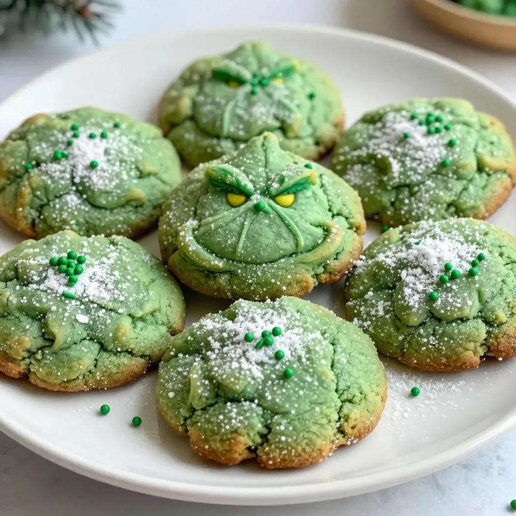 To make Grinch Crinkle Cookies, you need the following ingredients: - 1 3/4 cups all-purpose flour - 1/2 cup unsweetened cocoa powder - 1 teaspoon baking powder - 1/2 teaspoon baking soda - 1/4 teaspoon salt - 1 cup granulated sugar - 1/2 cup brown sugar, packed - 1/2 cup vegetable oil - 2 large eggs - 2 teaspoons vanilla extract - 1/2 teaspoon peppermint extract (optional for a minty twist) - 1/2 cup powdered sugar (for rolling) - Green sprinkles for decoration Each ingredient plays a key role in the cookie's texture and flavor. The flour gives structure, while cocoa powder adds a rich, chocolatey taste. Baking powder and baking soda help the cookies rise and create a soft texture. Salt enhances the flavors, rounding out the sweetness from both sugars. Using both granulated and brown sugars adds depth. Granulated sugar gives crispness, while brown sugar adds moisture and chewiness. Vegetable oil keeps the cookies soft, and eggs bind everything together. Vanilla extract adds warmth, and peppermint extract gives a festive hint, if you choose to use it. Finally, powdered sugar coats the cookies before baking, giving them that signature crinkle look. Green sprinkles add a fun, Grinchy touch that makes these cookies perfect for the holidays. {{ingredient_image_1}} Making Grinch Crinkle Cookies is simple. This festive treat will light up your holiday. We will break this down into easy steps. - Preheating the oven and preparing baking sheet First, preheat your oven to 350°F (175°C). This is key for even baking. Line a baking sheet with parchment paper. This helps your cookies not stick. - Whisking dry ingredients and mixing wet ingredients In a bowl, whisk together 1 3/4 cups of all-purpose flour, 1/2 cup of unsweetened cocoa powder, 1 teaspoon of baking powder, 1/2 teaspoon of baking soda, and 1/4 teaspoon of salt. Mix these dry ingredients well. In a separate large bowl, mix 1 cup of granulated sugar, 1/2 cup of packed brown sugar, and 1/2 cup of vegetable oil. This creates a smooth mix. Add 2 large eggs, one at a time, and mix until smooth. Stir in 2 teaspoons of vanilla extract and 1/2 teaspoon of peppermint extract if you like mint. - Combining and chilling the dough Gradually add the dry mix to the wet mix. Stir until the dough is smooth. If it feels sticky, that’s okay! This dough benefits from a chill. Place it in the fridge for 30 minutes. This makes it easier to handle. - Rolling and baking the cookies After chilling, scoop about a tablespoon of dough and roll it into a ball. Roll each ball in 1/2 cup of powdered sugar until coated. Place the balls on the baking sheet, 2 inches apart. Gently press down each ball to flatten slightly. Then, sprinkle with green sprinkles for fun. Bake for 10-12 minutes. Look for set edges and crinkled tops. Let them cool on the baking sheet for 5 minutes before moving them to a wire rack. Enjoy your Grinch Crinkle Cookies! To get those lovely crinkles, watch the baking time closely. Bake them for just 10 to 12 minutes. The edges should look set, but the center might still seem soft. They will firm up as they cool. For even better crinkles, chill the dough first. This step helps the cookies keep their shape while baking. If you want to switch things up, try adding different extracts. Almond or hazelnut extracts can add depth. Just a teaspoon will do! You can mix in chocolate chips or nuts for extra flavor. Dark chocolate chips pair well with the cocoa. Chopped nuts give a nice crunch. Add up to half a cup of either to the dough. Make your cookies stand out with festive plates. A holiday-themed platter will catch the eye. You can stack them on a cake stand for a fun display. For a snowy look, dust some cookies with powdered sugar. This adds a nice touch and makes them more festive. Just use a fine sieve to sprinkle the sugar evenly. Pro Tips Chill the Dough: Chilling the dough for at least 30 minutes makes it easier to handle and helps the cookies maintain their shape during baking. Use High-Quality Cocoa Powder: For the best flavor, choose a high-quality unsweetened cocoa powder. This will enhance the chocolate taste of your cookies. Don’t Overbake: Keep an eye on your cookies and remove them from the oven when the edges are set but the centers look slightly underbaked. They will continue to firm up as they cool. Experiment with Mix-Ins: Feel free to add chocolate chips, nuts, or white chocolate chunks to the dough for extra texture and flavor! {{image_2}} You can change up the flavor of Grinch Crinkle Cookies easily. One fun way is to add peppermint extract. This gives the cookies a fresh, minty taste. Just use 1/2 teaspoon of peppermint extract along with the vanilla. It makes these cookies feel festive and special! You can also play with colors. Instead of just green, add food coloring to the dough. A few drops of red or blue will create a colorful twist. This makes your cookies even more fun for holiday parties! If you need gluten-free cookies, you can use gluten-free flour. Substitute the all-purpose flour with a gluten-free blend. This will keep the cookies soft and chewy while being safe for those with gluten allergies. For egg-free options, you can use applesauce or mashed banana. About 1/4 cup of applesauce replaces one egg. This keeps the cookies moist and tasty! Another option is to use flaxseed meal. Mix 1 tablespoon of flaxseed meal with 2.5 tablespoons of water. Let it sit for a few minutes before adding it to the dough. To keep your Grinch Crinkle Cookies fresh, follow these tips: - Short-term storage: Place the cookies in an airtight container. Use parchment paper between layers. This keeps them soft and moist. Store at room temperature for up to one week. - Long-term freezing: For longer storage, freeze the cookies. First, let them cool completely. Then, place them in a freezer-safe bag. Remove as much air as possible. They can stay fresh for up to three months. At room temperature, Grinch Crinkle Cookies stay fresh for about one week. If you freeze them, they keep their taste and texture for three months. Always check for any signs of freezer burn before eating. Enjoy your cookies fresh, soft, and delicious! How do I prevent cookies from being too sticky? To avoid sticky dough, chill it for 30 minutes. This makes it easier to handle. If the dough is still sticky, add a little extra flour. Can I make the dough ahead of time? Yes! You can prepare the dough and store it in the fridge. Wrap it well. It stays fresh for up to three days. You can also freeze the dough for up to three months. Just thaw it in the fridge before baking. What is the best way to freeze baked cookies? To freeze baked cookies, let them cool completely. Place them in a single layer on a baking sheet and freeze until firm. Then transfer them to an airtight container. They can last up to three months in the freezer. This blog post covered the recipe for Grinch Crinkle Cookies, from ingredients to storage. You learned how to mix, chill, and bake these festive treats. Tips for flavor and presentation make your cookies even better. Remember, you can use different flavors and colors to match your style. Storing them correctly helps keep them fresh. Enjoy the fun of baking these cookies and making them your own! You’ll impress family and friends this holiday season.