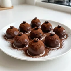 - 1 cup mascarpone cheese - 1 cup heavy cream - 1 cup chocolate wafer cookies, crushed - 2 tablespoons coffee powder - 2 tablespoons granulated sugar - 1 teaspoon vanilla extract - 1/4 cup cocoa powder (for dusting) - 1/4 cup dark chocolate, melted (for coating) - Optional: espresso beans (for garnish) Gathering the right ingredients is key to making the best tiramisu truffles. First, you need mascarpone cheese. This creamy cheese gives the truffles their rich texture. Heavy cream is next. It helps make a fluffy mixture that melts in your mouth. You will also need chocolate wafer cookies. Crush them well; they add a nice crunch. Coffee powder is essential for that classic tiramisu flavor. Granulated sugar sweetens the mix, while vanilla extract adds warmth. Don’t forget cocoa powder! You will use it to dust the truffles. Finally, you need dark chocolate for coating. It brings a deep, rich taste. If you want to impress, add espresso beans as a garnish. They look great and taste amazing! {{ingredient_image_1}} 1. Start by taking a large bowl. Add 1 cup of mascarpone cheese. Whisk it until smooth. This makes a creamy base for your truffles. 2. In a separate bowl, pour 1 cup of heavy cream. Add 2 tablespoons of granulated sugar and 1 teaspoon of vanilla extract. Whip this mixture until soft peaks form. This adds air and lightness. 3. Next, gently fold the whipped cream into the mascarpone cheese. Use a spatula to combine them fully. This helps keep the mixture airy and fluffy. 4. In another bowl, mix 1 cup of crushed chocolate wafer cookies and 2 tablespoons of coffee powder. Stir well to combine the flavors. 5. Gradually fold this cookie mixture into the mascarpone and whipped cream blend. Ensure it is fully incorporated. This gives the truffles their rich taste. 6. Once everything is mixed, cover the bowl with plastic wrap. Refrigerate it for at least 2 hours. This helps the mixture firm up. 7. After chilling, use a small cookie scoop or your hands. Form the mixture into small balls, about 1 inch in diameter. 8. Roll each ball in 1/4 cup of cocoa powder to coat. This adds a nice flavor and look. 9. Next, dip half of each truffle into 1/4 cup of melted dark chocolate. This gives a richer taste. 10. Place the coated truffles on a parchment-lined baking sheet. If you want, top each with an espresso bean for a fancy touch. 11. Finally, refrigerate the truffles for 30 minutes. This allows the chocolate to set properly. Enjoy your delicious treat! - Achieving the right consistency: Your mixture should be thick and creamy. Aim for a smooth blend, not too runny or stiff. - How to fold ingredients properly: Use a gentle motion when folding. This keeps the air in the whipped cream for a light texture. - Ensuring the chocolate coating sets: After dipping the truffles, chill them again. This helps the chocolate harden and stay intact. - Overwhipping cream: Stop when you see soft peaks. Overwhipped cream can become grainy and lose its fluff. - Incorrect ratios of ingredients: Follow the recipe closely. Too much or too little of any ingredient can change the taste. - Not chilling long enough: Give the mixture at least two hours in the fridge. This helps the flavors meld and makes shaping easier. Pro Tips Use Room Temperature Mascarpone: This makes it easier to whisk and ensures a smoother texture for your truffles. Chill Your Mixing Bowl: For the best whipped cream results, chill your mixing bowl and beaters beforehand to help it whip up faster. Experiment with Flavors: Consider adding a splash of coffee liqueur or flavored extracts to enhance the taste of your truffles. Store Properly: Keep your truffles in an airtight container in the refrigerator to maintain freshness and prevent them from drying out. {{image_2}} For vegan tiramisu truffles, you can swap mascarpone and cream. Use cashew cream or silken tofu as a creamy base. Blend them until smooth. To sweeten, try maple syrup or agave nectar. Both add a nice flavor without dairy. If you need gluten-free truffles, choose gluten-free cookies. Look for brands that use almond flour or coconut flour. They work well in this recipe. You may need to adjust the amounts slightly. Just make sure the mixture holds together. To add a twist to your truffles, include flavored extracts. A drop of almond or hazelnut extract can enhance the taste. You can also infuse your truffles with spices like cinnamon. This gives a warm flavor that pairs nicely with coffee. To keep your tiramisu truffles fresh, follow these easy steps. First, store them in the fridge. Use an airtight container to prevent moisture loss and keep them tasting great. This helps maintain their creamy texture and rich flavor. If you want to store them longer, freezing is a smart option. Place the truffles on a baking sheet in a single layer. Freeze them until solid, about 1-2 hours. Then, transfer them to a freezer-safe bag or container. Make sure to remove as much air as possible. They will keep well this way for up to 2 months. In the fridge, expect your tiramisu truffles to last about a week. Keep an eye on them for any signs of spoilage. If they smell off or have a strange texture, it’s best to throw them away. When freezing, they can last up to 2 months. Just remember, the longer they sit, the more the texture may change. Always check for any discoloration or strange smells before enjoying them after freezing. Tiramisu truffles can last up to one week in the fridge. They stay fresh when stored in an airtight container. If you freeze them, they can last up to three months. Just thaw them in the fridge before serving. Yes, you can make tiramisu truffles ahead of time. The prep time is only 20 minutes, but they need to chill for at least 2 hours. You can serve them anytime after that. Making them early helps the flavors blend well. If you don't have mascarpone cheese, you can use cream cheese or ricotta cheese. Both options give a nice creamy texture. Mixing cream cheese with a bit of heavy cream can help mimic the taste of mascarpone. To make your tiramisu truffles less sweet, reduce the sugar in your recipe. You can cut the sugar in half for a more balanced flavor. Adding more cocoa powder can also help offset the sweetness. You’ve learned how to make delicious tiramisu truffles. We covered each ingredient and step clearly. From mixing mascarpone to coating with chocolate, each part is key. You can even try vegan or gluten-free options. Remember, storage matters. Keep them chilled for the best taste. Avoid common mistakes to nail your truffles. These treats are perfect for sharing or enjoying yourself. Dive in and impress everyone with your new skills!