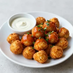 To make Air Fryer Buffalo Cauliflower Bites, you need the following ingredients: - 1 medium head of cauliflower, cut into florets - 1 cup all-purpose flour (or gluten-free flour) - 1 cup water (or plant-based milk) - 1 teaspoon garlic powder - 1 teaspoon onion powder - 1 teaspoon smoked paprika - Salt and pepper to taste - 1 cup buffalo sauce - 1 tablespoon olive oil - Fresh parsley, chopped (for garnish) These ingredients come together to create a tasty and crispy snack. The cauliflower gives a nice texture, while the buffalo sauce adds heat. You can adjust the buffalo sauce to your liking for more or less spice. Using flour helps the batter stick well to the cauliflower. If you're gluten-free, you can swap the all-purpose flour for gluten-free flour. This recipe uses simple seasonings like garlic powder and smoked paprika for flavor. Don't forget the fresh parsley! It makes a great garnish and adds a pop of color to your dish. You can also serve these bites with dips like ranch or blue cheese for extra taste. Enjoy making this fun snack! {{ingredient_image_1}} First, preheat your air fryer to 400°F (200°C). This step ensures your cauliflower bites cook evenly and get nice and crispy. While the fryer heats up, prepare your cauliflower. Cut one medium head into small florets. Make sure they are about the same size for cooking. This helps them cook evenly. Next, grab a large bowl. In this bowl, whisk together 1 cup of all-purpose flour, 1 cup of water, 1 teaspoon of garlic powder, 1 teaspoon of onion powder, 1 teaspoon of smoked paprika, and some salt and pepper. Mix until you have a smooth batter. The batter should be thick enough to coat the florets well. Now it’s time to coat your cauliflower. Dip each floret into the batter. Let any extra batter drip off. This keeps your bites from getting too soggy. Lightly coat the air fryer basket with 1 tablespoon of olive oil. This helps the bites not stick. Place the battered cauliflower in a single layer. You might need to cook in batches. Air fry the cauliflower bites for 12 to 15 minutes. Shake the basket halfway through. This ensures even crispiness. Once they are golden brown, take them out. In a large bowl, toss the cooked bites with 1 cup of buffalo sauce. Make sure each piece gets covered well. Return the coated cauliflower bites to the air fryer. Cook for another 2 to 3 minutes. This lets the sauce caramelize. When done, let them cool for a bit. Then, garnish with fresh parsley for a nice touch. Enjoy your crispy snack! For the best results, set your air fryer to 400°F (200°C). Preheat it for about 5 minutes. This helps the cauliflower cook evenly and get that perfect crisp. Cooking time is key. Aim for 12-15 minutes for the first fry. Shake the basket halfway through to ensure they cook well. To make your cauliflower bites super crispy, follow these tips: - Coat well: Make sure each floret is well-covered in the batter. This helps create a nice crust. - Don’t overcrowd: Place the florets in a single layer. If you pack them in, they won’t crisp up. - Shake the basket: Giving the basket a shake during cooking helps all sides get golden brown. - Second fry: After tossing with buffalo sauce, air fry for an extra 2-3 minutes. This step caramelizes the sauce and adds crunch. To present your buffalo cauliflower bites, use a large platter. Arrange them nicely for a fun look. Add celery sticks for crunch and a refreshing taste. Serve with ranch or blue cheese dressing for dipping. Garnish with fresh parsley to brighten the dish. Enjoy the vibrant colors and flavors! Pro Tips Choose Fresh Cauliflower: Selecting a fresh head of cauliflower will ensure your bites are crisp and flavorful. Look for florets that are tight and free from brown spots. Adjusting Spice Levels: If you prefer milder flavors, reduce the amount of buffalo sauce or opt for a milder sauce. You can always add more spice later if desired. Batch Cooking: To achieve the perfect crispy texture, avoid overcrowding the air fryer. Cook in batches if necessary to ensure even cooking. Serving Suggestions: Serve your buffalo cauliflower bites with a side of celery sticks and your favorite dipping sauce like ranch or blue cheese for a classic pairing. {{image_2}} If you need a gluten-free option, use alternative flours. Here are some great substitutes: - Almond flour - Chickpea flour - Oat flour - Rice flour These flours provide a nice texture and flavor. Just replace the all-purpose flour with your choice of gluten-free flour. You can easily adjust the heat of your buffalo sauce. To make it milder, try these tips: - Use less buffalo sauce. - Mix in some honey or maple syrup. - Combine with ranch dressing for a creamy taste. For extra heat, add more buffalo sauce or sprinkle some cayenne pepper into your batter. Want to boost the flavor? Here are some easy additions you can try: - Add a dash of cumin for earthiness. - Mix in some chili powder for a smoky taste. - Use Italian herbs for a fresh twist. Feel free to experiment with your favorite spices. The options are endless! To store leftover Air Fryer Buffalo Cauliflower Bites, let them cool first. Place them in an airtight container. Keep them in the fridge. They will stay fresh for up to three days. Make sure not to stack them too high. This helps keep them crispy. When it's time to reheat, the air fryer works best. Preheat it to 350°F (175°C). Place the cauliflower bites in a single layer. Heat for about 5-7 minutes. This keeps them crispy. Avoid using the microwave, as it makes them soggy. You can freeze Air Fryer Buffalo Cauliflower Bites. First, let them cool completely. Place them in a freezer-safe bag or container. They can stay frozen for up to three months. When ready to eat, thaw in the fridge overnight. Reheat in the air fryer for the best texture. Yes, you can use frozen cauliflower. Just remember to thaw it first. Pat it dry to remove excess moisture. This helps the batter stick better. Fresh cauliflower has a firmer texture. It often gives a better crunch. However, frozen works well when short on time. Buffalo cauliflower bites taste great with many sauces. I recommend ranch dressing for a cool contrast. Blue cheese dressing also adds a nice tang. You can try a simple yogurt dip too. For a spicy kick, consider sriracha or a spicy mayo. These dips enhance the flavors and keep things fun! These bites are best eaten fresh, but they last a few days. Store them in an airtight container in the fridge. They stay good for up to three days. To reheat, air fry them a few minutes for crispiness. Avoid microwaving, as it makes them soggy. Air Fryer Buffalo Cauliflower Bites are tasty and fun to make. You learned about the ingredients, preparation, and cooking steps to achieve a crispy texture. I shared tips for optimal settings and ways to serve them. Remember, you can adjust for gluten-free needs or heat levels. These bites store well, and you can even freeze them. Enjoy your culinary adventure, and impress your friends with this easy dish!
