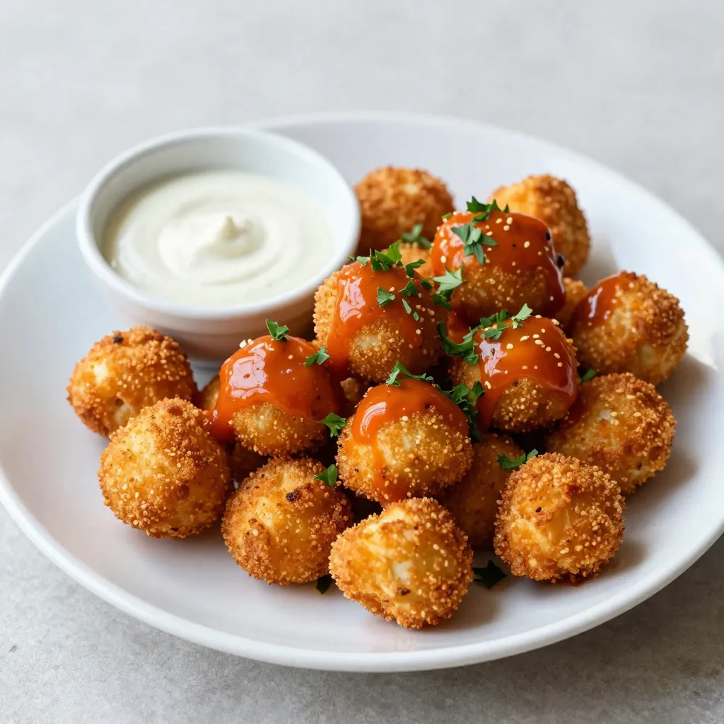 To make Air Fryer Buffalo Cauliflower Bites, you need the following ingredients: - 1 medium head of cauliflower, cut into florets - 1 cup all-purpose flour (or gluten-free flour) - 1 cup water (or plant-based milk) - 1 teaspoon garlic powder - 1 teaspoon onion powder - 1 teaspoon smoked paprika - Salt and pepper to taste - 1 cup buffalo sauce - 1 tablespoon olive oil - Fresh parsley, chopped (for garnish) These ingredients come together to create a tasty and crispy snack. The cauliflower gives a nice texture, while the buffalo sauce adds heat. You can adjust the buffalo sauce to your liking for more or less spice. Using flour helps the batter stick well to the cauliflower. If you're gluten-free, you can swap the all-purpose flour for gluten-free flour. This recipe uses simple seasonings like garlic powder and smoked paprika for flavor. Don't forget the fresh parsley! It makes a great garnish and adds a pop of color to your dish. You can also serve these bites with dips like ranch or blue cheese for extra taste. Enjoy making this fun snack! {{ingredient_image_1}} First, preheat your air fryer to 400°F (200°C). This step ensures your cauliflower bites cook evenly and get nice and crispy. While the fryer heats up, prepare your cauliflower. Cut one medium head into small florets. Make sure they are about the same size for cooking. This helps them cook evenly. Next, grab a large bowl. In this bowl, whisk together 1 cup of all-purpose flour, 1 cup of water, 1 teaspoon of garlic powder, 1 teaspoon of onion powder, 1 teaspoon of smoked paprika, and some salt and pepper. Mix until you have a smooth batter. The batter should be thick enough to coat the florets well. Now it’s time to coat your cauliflower. Dip each floret into the batter. Let any extra batter drip off. This keeps your bites from getting too soggy. Lightly coat the air fryer basket with 1 tablespoon of olive oil. This helps the bites not stick. Place the battered cauliflower in a single layer. You might need to cook in batches. Air fry the cauliflower bites for 12 to 15 minutes. Shake the basket halfway through. This ensures even crispiness. Once they are golden brown, take them out. In a large bowl, toss the cooked bites with 1 cup of buffalo sauce. Make sure each piece gets covered well. Return the coated cauliflower bites to the air fryer. Cook for another 2 to 3 minutes. This lets the sauce caramelize. When done, let them cool for a bit. Then, garnish with fresh parsley for a nice touch. Enjoy your crispy snack! For the best results, set your air fryer to 400°F (200°C). Preheat it for about 5 minutes. This helps the cauliflower cook evenly and get that perfect crisp. Cooking time is key. Aim for 12-15 minutes for the first fry. Shake the basket halfway through to ensure they cook well. To make your cauliflower bites super crispy, follow these tips: - Coat well: Make sure each floret is well-covered in the batter. This helps create a nice crust. - Don’t overcrowd: Place the florets in a single layer. If you pack them in, they won’t crisp up. - Shake the basket: Giving the basket a shake during cooking helps all sides get golden brown. - Second fry: After tossing with buffalo sauce, air fry for an extra 2-3 minutes. This step caramelizes the sauce and adds crunch. To present your buffalo cauliflower bites, use a large platter. Arrange them nicely for a fun look. Add celery sticks for crunch and a refreshing taste. Serve with ranch or blue cheese dressing for dipping. Garnish with fresh parsley to brighten the dish. Enjoy the vibrant colors and flavors! Pro Tips Choose Fresh Cauliflower: Selecting a fresh head of cauliflower will ensure your bites are crisp and flavorful. Look for florets that are tight and free from brown spots. Adjusting Spice Levels: If you prefer milder flavors, reduce the amount of buffalo sauce or opt for a milder sauce. You can always add more spice later if desired. Batch Cooking: To achieve the perfect crispy texture, avoid overcrowding the air fryer. Cook in batches if necessary to ensure even cooking. Serving Suggestions: Serve your buffalo cauliflower bites with a side of celery sticks and your favorite dipping sauce like ranch or blue cheese for a classic pairing. {{image_2}} If you need a gluten-free option, use alternative flours. Here are some great substitutes: - Almond flour - Chickpea flour - Oat flour - Rice flour These flours provide a nice texture and flavor. Just replace the all-purpose flour with your choice of gluten-free flour. You can easily adjust the heat of your buffalo sauce. To make it milder, try these tips: - Use less buffalo sauce. - Mix in some honey or maple syrup. - Combine with ranch dressing for a creamy taste. For extra heat, add more buffalo sauce or sprinkle some cayenne pepper into your batter. Want to boost the flavor? Here are some easy additions you can try: - Add a dash of cumin for earthiness. - Mix in some chili powder for a smoky taste. - Use Italian herbs for a fresh twist. Feel free to experiment with your favorite spices. The options are endless! To store leftover Air Fryer Buffalo Cauliflower Bites, let them cool first. Place them in an airtight container. Keep them in the fridge. They will stay fresh for up to three days. Make sure not to stack them too high. This helps keep them crispy. When it's time to reheat, the air fryer works best. Preheat it to 350°F (175°C). Place the cauliflower bites in a single layer. Heat for about 5-7 minutes. This keeps them crispy. Avoid using the microwave, as it makes them soggy. You can freeze Air Fryer Buffalo Cauliflower Bites. First, let them cool completely. Place them in a freezer-safe bag or container. They can stay frozen for up to three months. When ready to eat, thaw in the fridge overnight. Reheat in the air fryer for the best texture. Yes, you can use frozen cauliflower. Just remember to thaw it first. Pat it dry to remove excess moisture. This helps the batter stick better. Fresh cauliflower has a firmer texture. It often gives a better crunch. However, frozen works well when short on time. Buffalo cauliflower bites taste great with many sauces. I recommend ranch dressing for a cool contrast. Blue cheese dressing also adds a nice tang. You can try a simple yogurt dip too. For a spicy kick, consider sriracha or a spicy mayo. These dips enhance the flavors and keep things fun! These bites are best eaten fresh, but they last a few days. Store them in an airtight container in the fridge. They stay good for up to three days. To reheat, air fry them a few minutes for crispiness. Avoid microwaving, as it makes them soggy. Air Fryer Buffalo Cauliflower Bites are tasty and fun to make. You learned about the ingredients, preparation, and cooking steps to achieve a crispy texture. I shared tips for optimal settings and ways to serve them. Remember, you can adjust for gluten-free needs or heat levels. These bites store well, and you can even freeze them. Enjoy your culinary adventure, and impress your friends with this easy dish!
