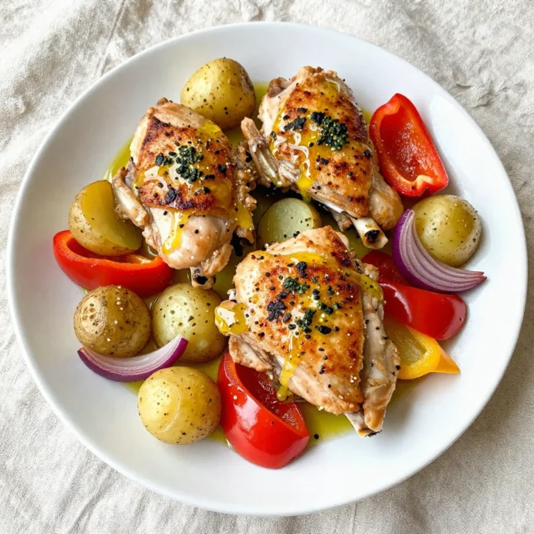 To make Sheet Pan Lemon Herb Chicken, you'll need simple, fresh ingredients. Each one adds flavor and nutrition. - Chicken and Vegetables - 4 bone-in, skin-on chicken thighs - 2 cups baby potatoes, halved - 1 bell pepper, sliced (any color) - 1 red onion, cut into wedges - Marinade Components - 4 cloves garlic, minced - 1/4 cup olive oil - Zest and juice of 1 lemon - Seasoning Elements - 1 tablespoon fresh rosemary, chopped - 1 tablespoon fresh thyme, chopped - Salt and pepper to taste These ingredients work together to create a bright and tasty meal. The lemon juice and zest give a fresh zing. The herbs add depth and warmth. The chicken stays juicy and tender while the veggies roast to perfection. Don't skip any of these items. Each ingredient plays an important role in making this dish a hit. {{ingredient_image_1}} First, you need to get your oven ready. Preheat it to 425Β°F (220Β°C). This high heat helps the chicken cook well and get crispy. While the oven heats up, take a large sheet pan and line it with parchment paper. This makes cleanup easy later on. Now, let's make the herb marinade. In a small bowl, add 1/4 cup of olive oil. Then, add the zest and juice of 1 lemon. This gives your dish a fresh taste. Next, add 4 cloves of minced garlic, 1 tablespoon of chopped rosemary, and 1 tablespoon of chopped thyme. Sprinkle in some salt and pepper to taste. Whisk everything together until it blends well. This marinade will make the chicken and veggies burst with flavor. It's time to arrange everything on the pan. Place the 4 bone-in, skin-on chicken thighs on one side of the sheet pan. Use a brush or your hands to coat the chicken with the herb marinade. Make sure to get some marinade under the chicken skin for extra flavor. On the other side of the pan, add 2 cups of halved baby potatoes, 1 sliced bell pepper, and wedges of 1 red onion. Drizzle the leftover marinade over the veggies and toss them gently to coat. Now, your pan is ready for the oven. Bake everything for 35-40 minutes. Make sure the chicken reaches 165Β°F (74Β°C) inside. This will keep it safe to eat. If you want crispy skin, broil it for 2-3 minutes at the end. Once it's done, take the pan out and let it rest for 5 minutes before serving. Enjoy your delicious sheet pan lemon herb chicken! To get the best flavor, you must marinate the chicken well. Mix olive oil, lemon zest, lemon juice, minced garlic, rosemary, thyme, salt, and pepper. This herb marinade works magic. Coat the chicken under the skin. This step is key to locking in flavor. Let the chicken sit in the marinade for at least 30 minutes. If you have more time, let it marinate longer. This gives the herbs time to infuse into the meat. The right oven temperature is crucial. Preheat your oven to 425Β°F (220Β°C). This high heat helps the chicken skin become crispy. Place chicken thighs skin-side up on the pan. Arrange the veggies around them for even cooking. Bake for 35-40 minutes. Use a meat thermometer to check for doneness. It should read 165Β°F (74Β°C). For extra crispiness on the skin, broil for 2-3 minutes at the end. Keep an eye on it to avoid burning. The chicken will be juicy and flavorful. Not all ovens cook the same. If you have a convection oven, reduce the cooking time by about 5-10 minutes. Convection ovens circulate air, cooking food faster. If using a toaster oven, check the chicken often. Smaller ovens can cook unevenly. Always use a meat thermometer for best results. This ensures the chicken is safe to eat and perfectly cooked. Adjust cooking times based on your oven's quirks. This makes sure your meal turns out great every time. Pro Tips Marinate for Flavor: For even more depth of flavor, marinate the chicken in the herb mixture for a few hours or overnight in the refrigerator. Vegetable Variations: Feel free to swap in your favorite vegetables, such as zucchini or carrots, to keep things interesting. Check for Doneness: Always use a meat thermometer to ensure the chicken reaches an internal temperature of 165Β°F (74Β°C) for safe eating. Serve with a Side: Pair this dish with a fresh green salad or steamed rice for a complete meal. {{image_2}} You can change the chicken cuts in this recipe. Try using chicken breasts for a leaner option. Bone-in cuts add more flavor, but skinless cuts work too. Adjust cooking time based on the cut. Breasts might cook faster, so check them sooner. Feel free to mix in other vegetables. Carrots, zucchini, or asparagus will add color and taste. Just cut them to similar sizes for even cooking. You can also use frozen veggies for a quick meal. They cook well and save prep time. Herbs and spices can elevate your dish. Use dill or oregano for a different twist. For heat, add red pepper flakes or smoked paprika. Experiment with flavors to match your taste. Mixing in fresh herbs gives a bright, fresh touch to the meal. After you enjoy your meal, let the leftovers cool down. Place the chicken and veggies in an airtight container. Keep them in the fridge. They will stay fresh for up to four days. Make sure to store them together for the best taste. When you're ready to enjoy the leftovers, preheat your oven to 350Β°F (175Β°C). Place the chicken and veggies on a baking sheet. Cover them with foil to keep them moist. Heat for about 15-20 minutes or until warm. You can also use a microwave, but the oven keeps the chicken skin crispy. If you have more leftovers, you can freeze them! Place the food in freezer-safe bags or containers. Remove as much air as possible before sealing. Label the bags with the date. You can freeze them for up to three months. When ready to eat, thaw in the fridge overnight before reheating. You can serve many sides with this dish. Try a fresh salad for a crisp bite. A side of steamed broccoli or green beans adds color and nutrients. You can also pair it with rice or bread to soak up the tasty juices. If you like something hearty, mashed potatoes work well too. Yes, you can use boneless chicken thighs. They will cook faster than bone-in thighs. Adjust the cooking time to about 25-30 minutes. Check the chicken's internal temperature to ensure it reaches 165Β°F (74Β°C). Boneless thighs will remain juicy and flavorful with the marinade. To know if the chicken is done, use a meat thermometer. Insert it into the thickest part of the thigh without touching the bone. When it reads 165Β°F (74Β°C), the chicken is fully cooked. Alternatively, cut into the chicken; the juices should run clear, not pink. Always ensure safe cooking for your meals! This blog post covered the key ingredients, steps, and tips for making sheet pan lemon herb chicken. You learned how to prepare the marinade, arrange the chicken and vegetables, and ensure great flavor. We explored variations and how to store leftovers. Remember, cooking is about fun and creativity. Use these ideas to make your dish special. Enjoy your cooking journey!