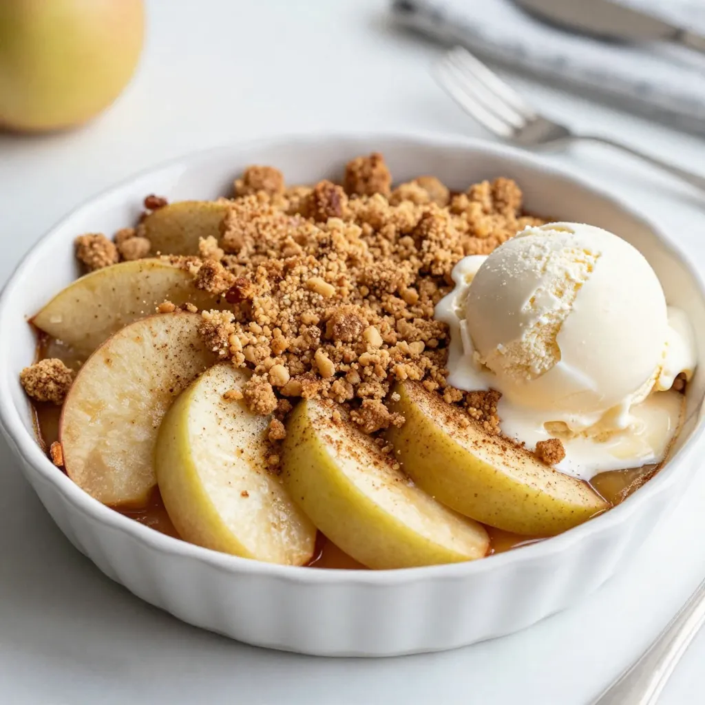To make a great apple crumble, you need simple ingredients. Here’s what you will use: - 4 large Granny Smith apples, peeled, cored, and sliced - 1 tablespoon lemon juice - 1 tablespoon cinnamon - 1/2 cup brown sugar - 1/2 cup rolled oats - 1/2 cup all-purpose flour - 1/2 cup unsalted butter, melted - 1/4 cup granulated sugar - 1/4 teaspoon salt - 1/4 teaspoon nutmeg - Vanilla ice cream (for serving, optional) You can swap some ingredients if needed. Here are a few ideas: - Instead of Granny Smith apples, use Honeycrisp or Fuji for a sweeter taste. - For brown sugar, you can use coconut sugar as a healthier choice. - If you lack rolled oats, quick oats work well too. - Use a dairy-free butter for a vegan version of this recipe. Choosing the right apples makes a big difference. Here are my favorite types: - Granny Smith: Tart and firm, perfect for baking. - Honeycrisp: Sweet and juicy for a balanced flavor. - Fuji: Sweet and crisp, great for a softer texture. Using these apples gives your crumble the best flavor and texture. {{ingredient_image_1}} To start, gather four large Granny Smith apples. These apples add a nice tartness. First, peel the apples with a sharp knife. Then, core them to remove the seeds. Next, slice the apples into thin wedges. In a large bowl, combine the apple slices with one tablespoon of lemon juice. This helps keep the apples fresh. Add one tablespoon of cinnamon and half a cup of brown sugar. Toss the mixture well to coat the apples evenly. Now, spread the apple mix in a 9x13 inch baking dish. Make sure the apples are in an even layer for best baking. In another bowl, mix half a cup of rolled oats and half a cup of all-purpose flour. Add half a cup of melted unsalted butter to the dry ingredients. This gives the topping a rich flavor. Stir in a quarter cup of granulated sugar, a quarter teaspoon of salt, and a quarter teaspoon of nutmeg. Mix everything until it looks like coarse crumbs. This crumbly texture is key to a great topping. Pour the crumble mixture over the apples. Make sure to cover the apples completely so they bake well. Preheat your oven to 350°F (175°C). Once the oven is ready, place the baking dish inside. Bake for about 35 to 40 minutes. The apples should become tender and the topping golden brown. When it's done, remove it from the oven. Let the crumble cool for a few minutes. For a delicious treat, serve it warm with a scoop of vanilla ice cream on top. This adds a nice creamy touch to the warm crumble. Enjoy your homemade apple crumble! When making apple crumble, pick the right apples. Granny Smith apples work great because they are tart and firm. Their flavor holds up well during baking. Look for apples that feel heavy for their size and have no bruises. Fresh apples give the best taste and texture. You can also try Honeycrisp or Fuji for a sweeter option. Just remember, a mix of tart and sweet apples can add depth to your dish. To get a crispy topping, use cold butter. Cold butter helps create a crumbly texture. Mix the oats, flour, and sugar with the cold butter until it looks like coarse crumbs. Don’t overmix; a few clumps are okay. Spread the topping evenly over the apples. This way, it bakes evenly and gets nice and golden. For an extra crunch, consider adding chopped nuts like walnuts or pecans. They add flavor and texture. Serve your apple crumble warm for the best taste. A scoop of vanilla ice cream on top makes it even better. The cold ice cream melts slightly, adding creaminess. You can also drizzle caramel sauce over it for extra sweetness. If you want something lighter, serve with whipped cream or yogurt. Pairing with coffee or tea can enhance the cozy feeling of this dessert. Enjoy it on a chilly day, and it will warm your heart! Pro Tips Choose the Right Apples: For the best flavor and texture, opt for tart apples like Granny Smith. They hold their shape well during baking and complement the sweetness of the crumble topping. Enhance with Spices: Consider adding a pinch of cloves or allspice along with the nutmeg for an extra layer of warmth and complexity in flavor. Make Ahead: You can prepare the apple filling and crumble topping separately ahead of time. Just assemble and bake when you’re ready to serve for a freshly baked dessert. Serve It Right: For a delightful contrast in temperature and texture, serve warm apple crumble with a scoop of cold vanilla ice cream on top. {{image_2}} You can easily make a gluten-free apple crumble. Start by swapping all-purpose flour with gluten-free flour. This simple change keeps the texture light and tasty. Use oats labeled gluten-free to ensure safety. Your crumble will still be delicious and satisfying. Mixing in other fruits adds fun flavors. You can try pears, berries, or cherries. They pair well with apples and add a new taste. Just chop the fruits and mix them in with the apples. This makes your crumble even more exciting and colorful. You can change the flavor of your apple crumble by adding spices or extracts. Try nutmeg or ginger for a warm twist. You can also add a splash of vanilla or almond extract for extra depth. These simple additions can transform your dish into something special. Be creative and find what you love! After enjoying your classic apple crumble, let it cool. Cover it with plastic wrap or aluminum foil. You can also place it in an airtight container. Store it in the fridge. It will stay fresh for up to three days. To reheat, preheat your oven to 350°F (175°C). Place the crumble in an oven-safe dish. Cover it with foil to keep it moist. Heat it for about 15 to 20 minutes. Check if it’s warm throughout before serving. You can freeze apple crumble for later use. First, let it cool completely. Wrap it tightly in plastic wrap. Then, place it in a freezer bag or container. It will last up to three months in the freezer. When ready to eat, thaw it in the fridge overnight. Reheat it in the oven as before. Enjoy a warm slice of apple goodness anytime! Yes, you can prepare apple crumble ahead. First, follow the recipe steps to mix the apples and crumble. Place the apple mixture in the baking dish. Then, cover it with cling wrap. You can store it in the fridge for up to 24 hours. When ready to bake, just add the crumble topping and bake as directed. This saves time on busy days! If you don't have Granny Smith apples, use other tart apples. Good options include Honeycrisp, Braeburn, or Jonagold. These apples also hold their shape while baking. They add a nice flavor to your crumble. Avoid soft apples like Red Delicious, as they may turn mushy. To keep apples crisp, slice them thick. About 1/2-inch slices work well. Toss them with lemon juice right away. This helps keep their shape. You can also bake the crumble for a shorter time. Check for tenderness after 30 minutes. This way, you’ll enjoy a nice texture in your apple crumble! You learned about making a delicious apple crumble. We covered ingredients, step-by-step instructions, and useful tips. Substitutions and variations let you customize your dessert. Proper storage keeps leftovers fresh for later. Remember, choosing the right apples is key. A crispy topping makes all the difference. With these tips, you can enjoy the perfect apple crumble anytime. Happy baking!
