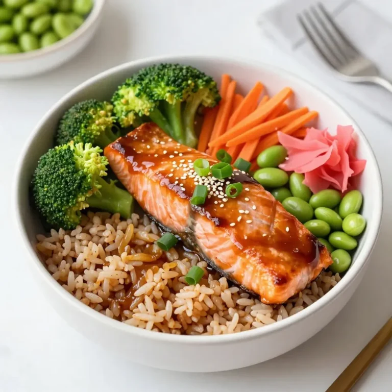 To create your Minute Teriyaki Salmon Bowls, gather these key ingredients: - 2 salmon fillets - 1/4 cup teriyaki sauce (store-bought or homemade) - 1 cup cooked brown rice - 1 cup steamed broccoli florets - 1/2 cup shredded carrots - 1/4 cup edamame, shelled - 2 green onions, sliced - 1 tablespoon sesame seeds - Salt and pepper, to taste Each ingredient plays a vital role. The salmon provides protein, while the teriyaki sauce adds a sweet and savory taste. Brown rice offers a hearty base, and the veggies bring color and crunch. You can enhance your dish with these optional ingredients: - Pickled ginger for garnish Adding pickled ginger gives a bright contrast to the dish. It adds a tangy kick that complements the teriyaki sauce nicely. To make cooking easier, use these tools: - Non-stick skillet - Shallow dish for marinating - Cooking spoon or spatula - Serving bowls These tools simplify your cooking process. A non-stick skillet ensures the salmon cooks evenly without sticking. A shallow dish helps the teriyaki sauce coat the fish well. {{ingredient_image_1}} Start by getting a shallow dish. Pour 1/4 cup of teriyaki sauce into it. Place 2 salmon fillets in the dish. Make sure the sauce covers the salmon well. Let it sit for about 5 minutes. This step adds flavor and helps the salmon stay moist. Now, grab a non-stick skillet. Heat it on medium. Take the salmon out of the marinade, but save the sauce. Add a pinch of salt and pepper to the salmon. Place the salmon skin-side down in the skillet. Cook for 4 to 5 minutes. Flip the fillets and cook for another 3 to 4 minutes. The salmon should flake easily with a fork. Pour the reserved teriyaki sauce into the skillet. Let it cook for one more minute. This thickens the sauce and gives the salmon a nice glaze. Take two serving bowls and add a cup of cooked brown rice to each. Next, top the rice with steamed broccoli florets, shredded carrots, and shelled edamame. Now, place the teriyaki-glazed salmon on top of the veggies and rice. For the final touch, sprinkle sliced green onions and sesame seeds. You can add pickled ginger on the side if you like. Enjoy your meal! Cooking salmon can be simple. First, always choose fresh fillets. Look for bright pink color and firm texture. Next, use a non-stick skillet for even cooking. Heat your skillet to medium heat before adding the fish. This helps to prevent sticking. Season the salmon with salt and pepper for extra flavor. Cook it skin-side down first. This keeps the fish moist. Flip the fillets carefully with a spatula. Cook until the salmon flakes easily with a fork. To get a great glaze, start with your teriyaki sauce. You can use store-bought or homemade. After cooking the salmon, pour the reserved sauce into the skillet. Let it simmer for a minute. This thickens the sauce and creates a nice shine on the fish. Make sure to coat the salmon evenly for the best flavor. The glaze should be sticky but not overly thick. A colorful bowl is a feast for the eyes. Start with a base of brown rice. Then, layer steamed broccoli, carrots, and edamame. Place the teriyaki salmon on top. This creates a nice height. For garnish, sprinkle green onions and sesame seeds. Add a lime wedge for a pop of color. You can also include pickled ginger for a unique touch. This makes your meal look vibrant and tasty. Pro Tips Marinating Time: For best results, allow the salmon to marinate for at least 15-30 minutes, if time permits. This enhances the flavor and tenderness of the fish. Searing Technique: Ensure your skillet is hot before adding the salmon. This will help achieve a crispy skin and prevent sticking. Vegetable Variations: Feel free to swap out the vegetables based on your preference or what you have on hand. Bell peppers, snap peas, or spinach make great alternatives. Leftover Storage: If you have leftovers, store the salmon and vegetables separately from the rice in airtight containers to maintain their texture. {{image_2}} You can swap salmon for other proteins. Chicken works great with teriyaki sauce. Shrimp is also a fast option. If you want beef, use tender cuts like flank steak. Cook them the same way as salmon. Adjust cook times based on the protein you choose. For a vegetarian bowl, try firm tofu. Cut the tofu into cubes and press it to remove water. Marinate the tofu in teriyaki sauce for flavor. Cook the tofu in the skillet until golden on all sides. This gives it a nice texture and taste. You can mix and match veggies to fit your taste. Bell peppers add a sweet crunch, while snap peas give a fresh snap. You could also use zucchini or bok choy for variety. Try adding spinach for extra greens. The goal is to keep it colorful and nutritious. Once you finish your meal, let the salmon cool down. Place the salmon and veggies in an airtight container. Keep the rice separate to avoid sogginess. Store everything in the fridge for up to three days. This way, you keep the flavors fresh. To reheat, you have a few options. The microwave works well. Place the salmon and veggies on a plate and cover it with a damp paper towel. Heat for about 1-2 minutes, checking often. You can also use a skillet. Just add a bit of water and cover it. Heat on low until warm. If you want to save for later, freezing is a great option. Separate the salmon, rice, and veggies into individual containers. Make sure they are freezer-safe. They can stay frozen for up to two months. When ready to eat, thaw overnight in the fridge. Then, reheat according to the instructions above. Cooking salmon usually takes about 8 to 10 minutes. You want to cook it until it flakes easily with a fork. For best results, heat your skillet over medium heat. Cook the salmon skin-side down for about 4 to 5 minutes. Flip it and cook for another 3 to 4 minutes. This method keeps the salmon moist and tasty. Yes, you can use many sauces. Soy sauce mixed with honey or maple syrup works well. You might also try a spicy garlic sauce for a kick. Just remember to adjust the cooking time based on the sauce you choose. Each sauce brings a unique flavor. If you want a different base, try white rice, quinoa, or cauliflower rice. Each option has its own flavor and texture. Quinoa adds protein, while cauliflower rice keeps it light and low-carb. Choose what you enjoy most for a tasty meal. Marinating the salmon is not necessary, but it helps add flavor. Just five minutes in teriyaki sauce makes a big difference. If you're short on time, you can skip it. However, marinating gives the fish a richer taste and better texture. This article covered how to make teriyaki salmon bowls. We explored essential ingredients, marinating, and cooking methods. You learned tips for perfect glaze and bowl presentation. In summary, customizing your dish can elevate the meal. Don't forget to store and reheat leftovers properly. Enjoy your cooking adventure—delicious meals await!