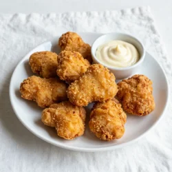 To make these tasty nuggets, you need simple, easy-to-find items. Here’s what to gather: - 1 lb boneless chicken breasts, cut into bite-sized pieces - 1 cup dill pickle juice - 1 cup buttermilk - 1 cup all-purpose flour These main ingredients give you flavor and texture. The chicken serves as the base. The dill pickle juice adds a nice tang. Buttermilk keeps the nuggets moist and tender. The flour forms a crispy coating. Seasoning is key for flavor. Here’s what you’ll need: - 1 teaspoon garlic powder - 1 teaspoon onion powder - 1 teaspoon paprika - ½ teaspoon black pepper - ½ teaspoon cayenne pepper (optional for spice) These spices add depth and taste. Garlic and onion powder give a savory kick. Paprika adds a mild sweetness and color. Black pepper gives warmth, while cayenne is for those who like heat. Choosing the right oil matters for frying. You can use: - Canola oil - Peanut oil Canola oil is light and has a high smoke point. Peanut oil has a nutty flavor and also works well for frying. Both choices help achieve that perfect golden brown color on your nuggets. {{ingredient_image_1}} Start by cutting the chicken breasts into bite-sized pieces. Place the pieces in a large bowl. Pour the dill pickle juice over the chicken. This brine adds flavor and keeps the chicken moist. Cover the bowl and refrigerate for at least 30 minutes, but up to 2 hours works best. Once marinated, drain the pickle juice and pat the chicken dry with paper towels. In a separate bowl, pour in 1 cup of buttermilk. Add the chicken pieces to the buttermilk. Make sure all the chicken is coated well. Let it sit for 10 to 15 minutes. This step tenderizes the chicken and adds creaminess. Grab another bowl and whisk together your dry ingredients. Combine 1 cup of all-purpose flour with 1 teaspoon of garlic powder, 1 teaspoon of onion powder, and 1 teaspoon of paprika. Then, add ½ teaspoon of black pepper and ½ teaspoon of cayenne pepper if you like it spicy. This mixture gives the nuggets their signature crunch. Take the chicken out of the buttermilk. Let the excess buttermilk drip off. Dredge each piece in the seasoned flour mix. Make sure each piece is fully covered. Shake off any extra flour to avoid clumping. This step is key for a crispy texture. In a deep skillet or fryer, pour in enough oil to cover the bottom by about 1 inch. Heat the oil to 350°F (175°C). Use a thermometer to check the temperature. This ensures the nuggets fry evenly and turn golden brown. Carefully add a handful of chicken nuggets to the hot oil. Fry in batches to keep them from sticking together. Cook for 3 to 4 minutes on each side. Look for a golden brown color. Check that the internal temperature reaches 165°F (74°C). This step ensures the chicken is safe to eat. Once the nuggets are golden and cooked, transfer them to a plate lined with paper towels. This helps drain any excess oil. Repeat the frying process for the remaining chicken pieces. Serve them hot with your favorite dipping sauce. Enjoy the crunchy delight of your homemade nuggets! To get that crispy crunch, the oil needs to be hot. Aim for 350°F. If the oil is too cool, the nuggets will soak up oil and become soggy. If it's too hot, they might burn on the outside before cooking inside. Marinate the chicken in pickle juice. This adds flavor and keeps it tender. After marinating, coat the chicken well in the buttermilk. Let it sit for 10-15 minutes before frying. This helps the flour stick better. These nuggets shine with the right sauces. Honey mustard is a classic choice. It's sweet and tangy, perfect for the crispy nuggets. Barbecue sauce adds a smoky flavor. You can also try ranch dressing for a creamy dip. Want something spicy? Sriracha mixed with mayo gives a nice kick. Feel free to explore different sauces based on your taste! Safety is key when frying. Always use a deep skillet or fryer for best results. Keep a close eye on the oil temperature. Use a thermometer if you have one. Never leave hot oil unattended. When adding chicken, do so carefully to avoid splashes. Use tongs to keep your hands safe. Have a plate ready lined with paper towels to drain excess oil after frying. Pro Tips Marination Time: The longer you marinate the chicken in pickle juice, the more flavorful and tender it will become. Aim for at least 2 hours for the best results. Oil Temperature: Ensure the oil is at the right temperature (350°F/175°C) before frying. If it's too hot, the nuggets will burn; if too cool, they will absorb excess oil and become greasy. Batch Frying: Fry the chicken nuggets in small batches to avoid overcrowding the skillet. This helps maintain the oil temperature and ensures even cooking. Serving Fresh: For the best texture, serve the nuggets immediately after frying. If you need to keep them warm, place them in a single layer on a baking sheet in a warm oven. {{image_2}} You can make your nuggets spicier by adding more cayenne pepper. Start with ½ teaspoon for a mild kick. If you love heat, try 1 teaspoon or more. The spice adds a nice warmth that pairs well with the chicken. Taste your flour mix before coating the chicken. This lets you find the right level of spice for your taste. If you prefer a healthier option, try baking or air-frying the nuggets. For baking, preheat your oven to 400°F (200°C). Place the coated nuggets on a baking sheet. Use parchment paper to prevent sticking. Bake for 15-20 minutes, flipping halfway through. For air-frying, set the air fryer to 400°F (200°C) and cook for 10-12 minutes. Both methods give you crispy nuggets with less oil. You can swap some ingredients for healthier choices. Use whole wheat flour instead of all-purpose flour. This adds fiber to your nuggets. You can also use almond milk instead of buttermilk for a dairy-free option. Marinating in low-sodium pickle juice helps cut back on salt. These small changes keep the taste while making the dish a bit lighter. After enjoying these tasty nuggets, you may have some left. To store them, let the nuggets cool at room temperature. Then, place them in an airtight container. You can keep them in the fridge for up to 3 days. This way, they stay fresh and ready for your next meal. When you're ready to enjoy the leftovers, reheating them is easy. Preheat your oven to 350°F (175°C). Place the nuggets on a baking sheet. Heat them for about 10-15 minutes. This keeps them crispy and warm. If you prefer a microwave, use it for 1-2 minutes. However, this may make them a bit soft. Freezing is a great option if you want to save nuggets for later. Start by letting them cool completely. Then, arrange them in a single layer on a baking sheet. Freeze them for 1-2 hours until solid. After that, transfer them to a freezer bag. You can store them for up to 3 months. When you're ready to eat, just reheat as mentioned before! You should marinate the chicken for at least 30 minutes. For the best taste, try to let it sit for 2 hours. This helps the chicken soak up the dill pickle juice, making it juicy and flavorful. Yes, you can! Simply swap the all-purpose flour for a gluten-free flour blend. Many brands offer great blends that work well in frying. This way, everyone can enjoy the tasty nuggets. Canola oil or peanut oil works best for frying these nuggets. Both oils have a high smoke point. This means they can heat up without burning, giving you crispy and golden nuggets. To make a big batch, just double or triple the recipe. Marinate multiple pounds of chicken at once. Fry them in batches to keep them crispy. This way, you can serve many guests easily. Absolutely! These nuggets are perfect for kids. They are crunchy, tasty, and easy to eat. Serve them with dipping sauces like honey mustard or barbecue sauce for extra fun. You learned how to make Chick-Fil-A style nuggets. We covered ingredients, steps, and tips for perfect results. Any cook can marinate, coat, and fry these nuggets with ease. Add your favorite sauces or spice them up for more flavor. Store leftovers for quick meals later. This recipe is great for families and gatherings. With these details, you can create nuggets everyone will love. Enjoy your cooking adventure!