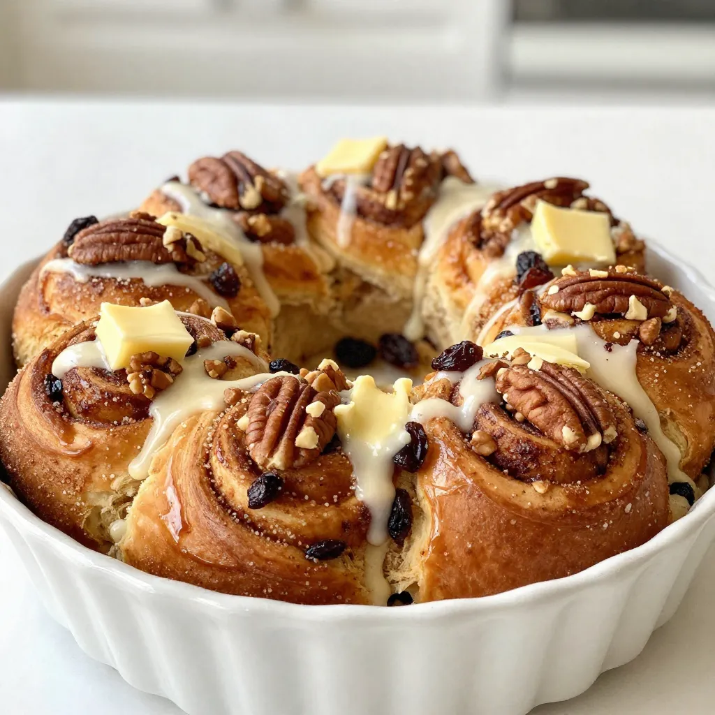 For this tasty treat, you need just a few key ingredients: - 2 cans (12 oz each) refrigerated cinnamon rolls (with icing) - 1 cup granulated sugar - 3 tablespoons ground cinnamon - 1/2 cup unsalted butter, melted These items create the soft, sweet base of the monkey bread. The cinnamon rolls give it that classic flavor. The sugar and cinnamon mix adds a warm, sweet touch. The melted butter helps everything stick together and keeps it moist. You can make your monkey bread even better with these fun add-ins: - 1/2 cup chopped pecans (optional) - 1/4 cup raisins (optional) Pecans add a nice crunch. Raisins bring a touch of chewiness. You can choose one or both, or leave them out if you like. This recipe is all about your taste! To make this recipe, you will need a few simple tools: - Bundt pan or deep dish oven-safe skillet - Mixing bowl - Non-stick cooking spray - Sharp knife for cutting cinnamon rolls Using these tools will help you create the perfect monkey bread. The bundt pan gives it a lovely shape. Enjoy making this fun and easy recipe! {{ingredient_image_1}} First, gather all the ingredients. You need two cans of refrigerated cinnamon rolls. Each can should be 12 ounces. Also, have a cup of granulated sugar and three tablespoons of ground cinnamon ready. Melt half a cup of unsalted butter in a bowl. If you like, chop half a cup of pecans and set aside a quarter cup of raisins. Preheat your oven to 350°F (175°C). Grease a bundt pan or a deep dish with non-stick spray. This step helps the bread come out easily. In a mixing bowl, combine the granulated sugar and ground cinnamon. Use a spoon to mix them well. This mixture gives your monkey bread that sweet, spicy flavor. You can set this bowl aside. You will use it soon to coat the dough. Open the cinnamon roll cans and take out each roll. Cut each roll into four pieces. Take each piece and dip it into the melted butter. Then, roll it in the cinnamon-sugar mix to coat it well. Start layering half of the coated pieces in the prepared bundt pan. If you're using pecans or raisins, sprinkle half of these over the first layer. Next, add the remaining dough pieces on top. Sprinkle the rest of the nuts and raisins if you want. Pour any leftover melted butter over everything. You can sprinkle a bit more cinnamon-sugar on top for extra flavor. Bake your monkey bread for 30 to 35 minutes until it's golden brown. After baking, let it cool for ten minutes before flipping it onto a plate. Drizzle the icing from the cinnamon rolls over the warm bread. Enjoy pulling apart this sweet treat! To make your monkey bread shine, follow these tips: - Use fresh cinnamon rolls. Check the expiration date on the cans. - Grease the pan well. This helps the bread come out easily. - Mix the sugar and cinnamon well. This helps every piece taste great. - Don’t skip the melted butter. It adds flavor and keeps the bread moist. - Bake until golden brown. The bread should look and smell amazing. Here are some mistakes to watch out for: - Cutting the dough too small. Keep pieces about the same size for even cooking. - Not layering correctly. Layering helps the flavors mix well. - Overbaking or underbaking. Check the bread at 30 minutes for doneness. - Skipping the icing drizzle. It makes the bread even sweeter and more fun. Serving monkey bread is a treat! Here’s how: - Serve it warm. It tastes best fresh from the oven. - Add extra pecans or raisins on top for a nice touch. - Dust it with powdered sugar for a pretty look. - Let everyone pull apart their pieces. It makes sharing fun and easy! - Pair it with coffee or hot chocolate for a cozy snack. Pro Tips Use Fresh Ingredients: For the best flavor, ensure your cinnamon rolls are fresh. Check the expiration date when purchasing. Customize Your Add-Ins: Feel free to add other ingredients like chocolate chips or dried fruit for a unique twist on the classic recipe. Monitor Baking Time: Keep an eye on your monkey bread as it bakes. Ovens can vary, and you want it perfectly golden without overbaking. Serve Warm: This treat is best enjoyed warm. If you have leftovers, reheat them slightly in the microwave for that fresh-out-of-the-oven taste. {{image_2}} You can change the flavor of your cinnamon roll monkey bread easily. Try adding vanilla extract or nutmeg to the dough. These flavors blend well with the cinnamon. You can also swap out the icing for cream cheese frosting if you want a tangy twist. Nuts and fruits can change the taste. Use walnuts or almonds instead of pecans for a different crunch. You can mix in dried cranberries or chopped apples for a fruity burst. These additions bring new textures and flavors to each bite. If you want to switch up the dough, use biscuit dough instead of cinnamon rolls. This change gives a flakier texture and a different taste. You can also try pizza dough for a savory version. Each option changes the dish while keeping it fun and easy. To store leftover monkey bread, first let it cool completely. Then, wrap it tightly in plastic wrap. You can also place it in an airtight container. This keeps it fresh for about three days at room temperature. If you want to store it longer, consider freezing it. To reheat your monkey bread, preheat your oven to 350°F (175°C). Place the bread on a baking sheet and cover it loosely with foil. Heat for about 10 to 15 minutes. This helps keep the bread moist while warming it up. You can also reheat it in the microwave. Just warm it for 15 to 20 seconds at a time, checking after each interval. If you want to freeze your monkey bread, wrap it tightly in plastic wrap. Then, place it in a freezer bag or container. It can last up to three months in the freezer. When you are ready to eat it, let it thaw in the fridge overnight. Then, reheat it as mentioned above. This way, you can enjoy fresh-tasting cinnamon roll monkey bread anytime! Cinnamon Roll Monkey Bread is a fun and tasty dessert. It combines pieces of cinnamon roll dough into a gooey, sweet treat. You pull apart the pieces, making it perfect for sharing. The bread bakes in a bundt pan, creating a beautiful shape. It is often topped with icing for extra sweetness. Yes, you can make this recipe ahead of time. You can prepare the dough and layer it in the pan. Just cover it tightly and store it in the fridge overnight. When you are ready to bake, let it sit at room temperature for 30 minutes. Then, bake as usual. This saves time on a busy morning or for a special event. To check if your monkey bread is done, look for a golden brown color. You can also insert a toothpick into the center. If it comes out clean, the bread is ready. It should feel firm but springy to the touch. Make sure not to underbake it, or it may be doughy inside. You can serve Cinnamon Roll Monkey Bread with a variety of items. Fresh fruit pairs nicely with the sweet bread. You can also add whipped cream for a creamy touch. A scoop of vanilla ice cream makes it even more special. For a fun twist, try serving it with coffee or hot chocolate. Cinnamon Roll Monkey Bread combines easy steps and fun flavors. We explored main ingredients, add-ins, and essential tools. You now have clear steps to prepare, layer, and bake your bread. Remember the baking tips to avoid common mistakes. Feel free to try different flavors and storage methods. Lastly, use the FAQs as helpful guides. Enjoy making this tasty treat!