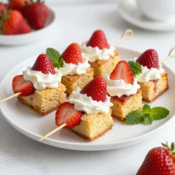 To make these yummy strawberry shortcake kabobs, gather these items: - 2 cups fresh strawberries, hulled - 1 cup pound cake, cut into 1-inch cubes - 1 cup whipped cream (store-bought or homemade) - Skewers (8-10 inches in length) You can add your twist with these optional ingredients: - 1 tablespoon honey - 1 teaspoon vanilla extract - Fresh mint leaves for garnish Honey adds sweetness, while vanilla gives a lovely flavor. Mint leaves brighten up the dish, too. You will need a few simple tools: - A mixing bowl for your whipped cream - A knife for cutting the pound cake - A cutting board for safe prep - Skewers for assembling the kabobs Having the right tools helps make the process smooth and fun. With these ingredients and tools, you are ready to create a treat everyone will love! {{ingredient_image_1}} To make the whipped cream, start with cold heavy cream. Pour it into a bowl and whip it until soft peaks form. This means the cream should hold its shape but still be soft. If you want extra flavor, gently fold in honey and vanilla extract. Honey adds a nice touch of sweetness. Set your whipped cream aside. You will use it soon. Next, wash the fresh strawberries under cool water. This step removes dirt and helps keep them fresh. After washing, hull the strawberries by removing the green tops. You can use a small knife or a huller. Make sure to be careful when cutting. Once you hull them, they will look clean and ready to eat. Now it’s time to put everything together. Take a skewer and start by threading a strawberry onto it. Next, add a cube of pound cake. Then, add another strawberry. Repeat this pattern until you fill the skewer, leaving some space at both ends. Aim for 2-3 strawberry and pound cake pairs on each skewer. Once you finish, arrange the kabobs on a serving platter. Right before serving, drizzle whipped cream over the kabobs or put it in a bowl for dipping. To make it pretty, add fresh mint leaves on the platter. Enjoy your tasty treat! Whipping cream can be simple if you follow a few steps. First, chill your bowl and beaters in the fridge for 10 minutes. Cold tools help the cream whip faster. Use heavy cream for the best results. When you start whipping, do it on medium speed. This lets the cream thicken evenly. Stop when soft peaks form. Soft peaks should hold their shape but still droop slightly. If you want sweet cream, add honey or vanilla extract after soft peaks form. This keeps the cream light and fluffy. Assembling kabobs is fun and easy. Start with a fresh strawberry, thread it onto the skewer, and then add a cube of pound cake. Repeat this pattern with another strawberry and cake. Make sure to leave some space on both ends of the skewer. This helps with handling and keeps the kabob from falling apart. Aim for 2-3 pairs of strawberries and cake on each skewer. For a fun twist, mix up the order or add a mint leaf between each piece. Strawberry shortcake kabobs are perfect for any event. Arrange them on a big platter for a colorful display. Drizzle whipped cream over the top to make them look fancy. You can also serve the whipped cream in a small bowl for dipping. For a bright touch, add fresh mint leaves around the kabobs. This adds color and a fresh smell. These kabobs are great for summer parties, picnics, or family gatherings. They are easy to grab and eat, making them a hit with everyone! Pro Tips Use ripe strawberries: Choose strawberries that are bright red and firm for the best flavor and sweetness. Chill your whipped cream: If possible, chill your mixing bowl and beaters before whipping cream to help it stabilize better. Mix and match: Feel free to substitute other fruits like blueberries or bananas, and different cake types for a unique twist on the kabobs. Presentation matters: Arrange the kabobs in a colorful pattern on the platter, and sprinkle with mint for an eye-catching finish. {{image_2}} While strawberries shine in this dish, you can mix it up! Try using blueberries, raspberries, or even banana slices. These fruits add color and flavor diversity. For a tropical twist, use pineapple or mango. Each fruit gives a new taste to your kabobs. You can combine different fruits for fun and tasty results! Pound cake works well, but don’t stop there! You can use sponge cake, angel food cake, or even brownies. Each cake type offers a unique texture and flavor. For a richer taste, use chocolate cake. If you want something lighter, go for angel food cake. Feel free to experiment to find your favorite! Whipped cream is great as it is, but you can spice it up! Add a splash of almond extract for a nutty hint. Mix in cocoa powder for chocolate lovers. For a fruity twist, try folding in some pureed berries. You can even add a sprinkle of cinnamon or nutmeg for warmth. Let your creative side shine in the kitchen! Store your strawberry shortcake kabobs in a sealed container. This keeps them fresh and tasty. Place parchment paper between layers to avoid sticking. Enjoy them within one day for the best flavor. To keep your ingredients fresh, store strawberries in the fridge. Do not wash them until you are ready to use them. This helps keep moisture away. Keep the pound cake in an airtight container. If you make whipped cream, use it within two days. You can prepare some parts ahead of time. Slice the pound cake a day before. Wash and hull strawberries, but wait to assemble kabobs. Assemble them just before serving. This keeps the cake and strawberries from getting soggy. If you must assemble early, drizzle whipped cream right before serving. Yes, you can use frozen strawberries. Just remember to thaw them first. Drain any extra juice after thawing. This helps keep the kabobs from getting soggy. Fresh strawberries taste best, but frozen ones work in a pinch. You can use yogurt or cool whip as a substitute for whipped cream. Greek yogurt adds protein and tanginess. If you want a sweeter option, cool whip is a great choice. Both give a nice flavor and texture to the kabobs. To make kabobs ahead of time, assemble them a few hours before your event. Keep them covered in the fridge. If you want to add whipped cream, wait until just before serving. This keeps the kabobs fresh and tasty. In this post, we explored the key ingredients for tasty fruit kabobs. You learned how to prepare whipped cream and strawberries, and assemble the kabobs. We covered tips for whipping cream, suggested serving ideas, and offered fun variations with other fruits and cakes. Finally, remember that storing your kabobs properly keeps them fresh and ready to enjoy. Now, you can impress your guests with these tasty treats! Enjoy your kabob-making experience!