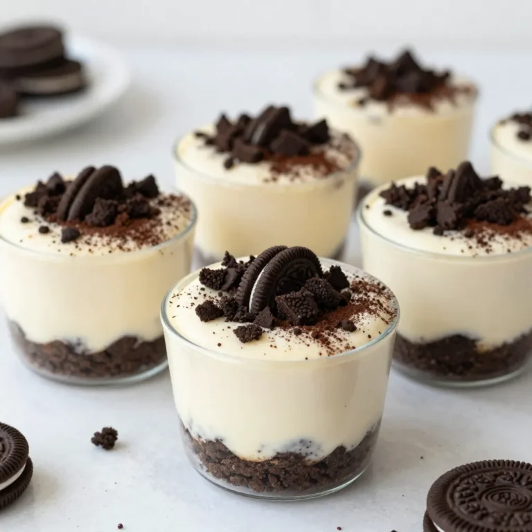 To make these No-Bake Oreo Cheesecake Cups, you need a few simple ingredients. Here’s what you'll need: - 24 Oreo cookies (15 for crust, 9 for filling and garnish) - 4 tablespoons unsalted butter, melted - 2 cups cream cheese, softened - 1 cup powdered sugar - 1 teaspoon vanilla extract - 1 cup heavy whipping cream - 1 tablespoon cocoa powder (optional for garnish) Each ingredient plays a key role in creating a rich and creamy dessert. The Oreo cookies provide a delicious chocolate flavor and a crunchy texture. The unsalted butter helps bind the crust together. Cream cheese gives the filling its creamy consistency. Powdered sugar adds sweetness, and vanilla extract enhances the overall flavor. Finally, heavy whipping cream makes the cheesecake light and fluffy. You can garnish with cocoa powder for a nice touch. This dessert is perfect for any occasion. {{ingredient_image_1}} To start, crush 15 Oreo cookies into fine crumbs. You can use a food processor for this. If you don't have one, put the cookies in a sealed plastic bag and crush them with a rolling pin. This method makes it fun and easy! Next, mix the crumbs with 4 tablespoons of melted butter in a bowl until the mixture looks like wet sand. Now, divide the Oreo mixture evenly into 6 to 8 small cups or jars. You want to press the crust down firmly. This step is key for a solid base. Don’t rush; make sure it’s packed well to hold the filling later. In a separate bowl, take 2 cups of softened cream cheese and beat it with an electric mixer until it’s smooth. Now, slowly add 1 cup of powdered sugar and 1 teaspoon of vanilla extract. Mix well until everything is combined and creamy. Next, whip 1 cup of heavy cream in another bowl until stiff peaks form. This gives your cheesecake a light and airy texture. Gently fold the whipped cream into the cream cheese mixture. Be careful not to deflate the cream. Then, fold in 9 crushed Oreo cookies for added crunch and flavor. Spoon or pipe the cheesecake filling into the cups over the crust layer. Fill them to the top and smooth out the surface with a spatula. This part is where you can get creative! Finally, refrigerate the cups for at least 2 hours. This step is important for the cheesecake to set. Just before serving, crush the remaining 9 Oreos and sprinkle them on top. If you like, you can also dust with cocoa powder for a special touch. Enjoy your rich and creamy dessert! Using room temperature ingredients is key. When the cream cheese is soft, it blends better. This makes your filling smooth and creamy. Let your cream cheese sit out for about 30 minutes before mixing. To achieve stiff whipped cream, start with cold heavy cream. Use a chilled mixing bowl and beaters. Whip the cream until it forms stiff peaks. This gives your cheesecake a light texture. You can present your cheesecake cups in fun ways. Use clear cups to show off the layers. Add a mint sprig or chocolate shavings on top for style. Pair these cups with coffee or milk for a cozy treat. You can also serve them with fruit, like strawberries or raspberries, for a fresh touch. Avoid overmixing the filling. This can make your cheesecake dense. Mix just until combined for the best texture. Insufficient chilling time is another mistake. Be sure to chill your cups for at least 2 hours. This helps them set properly and enhances the flavors. Pro Tips Chill Your Ingredients: For a smoother cheesecake filling, ensure your cream cheese is at room temperature before mixing. This helps to avoid lumps and creates a creamy texture. Use a Piping Bag: For a more visually appealing presentation, use a piping bag to fill the cups with the cheesecake mixture. This allows for clean edges and a professional look. Experiment with Flavors: Feel free to add different flavor extracts, like almond or mint, to the cheesecake filling for a unique twist on the classic Oreo flavor. Perfect the Whip: When whipping the cream, make sure your bowl and beaters are cold. This helps achieve stiff peaks more easily and adds lightness to your cheesecake. {{image_2}} You can spice up your No-Bake Oreo Cheesecake Cups with different flavors. Adding extracts can change the taste. Mint extract gives a fresh twist. Chocolate extract adds more depth. Flavored cream cheese is another great option. Use strawberry or caramel cream cheese for unique flavors. These small changes can make a big impact. Switching up the garnish can also change the look and taste. Instead of Oreos, try using different cookies, like chocolate wafers or graham crackers. Each cookie brings a new flavor. Adding fruit or nuts can create a nice texture contrast. Fresh berries or crushed nuts on top add color and crunch. This makes your dessert even more enjoyable. If you need gluten-free options, use gluten-free Oreos. This way, everyone can enjoy the dessert. For vegans, you can substitute cream cheese with cashew cream or coconut cream. Use coconut whipped cream instead of heavy cream. These swaps keep the dessert rich and creamy without animal products. Store your No-Bake Oreo Cheesecake Cups in the fridge to keep them fresh. Use an airtight container or cover them with plastic wrap. This will help maintain their creamy texture and flavor. You should eat them within 3 to 5 days for the best taste. You can freeze these cheesecake cups for longer storage. To freeze, place them in a freezer-safe container. Make sure to leave some space for expansion. When you want to eat them, thaw them in the fridge overnight. This helps keep the texture smooth and creamy. Avoid microwaving them, as this can make them watery. Enjoy your delicious dessert even after freezing! No-Bake Oreo Cheesecake Cups stay fresh for about 3 to 5 days in the fridge. Store them in an airtight container to keep them safe from other smells. If you see any liquid forming on top or a change in color, it's time to toss them. Freshness is key for the best taste. Yes, you can use low-fat cream cheese. The taste will be less rich, and the texture may be a bit firmer. This change can lead to a slightly different experience. If you want a lighter dessert, it’s a good option. To change the number of servings, you can scale the recipe up or down easily. For more cups, double the ingredients. For fewer, halve them. Use small cups for portion control. This method helps you manage how much you serve at one time, making it easy to enjoy without overdoing it. This recipe for No-Bake Oreo Cheesecake Cups covers all the key steps. We made a delicious crust and creamy filling using simple ingredients. Remember to enjoy experimenting with flavors and toppings. Pay attention to the tips to get it just right. With a little care, you can create a tasty treat. These desserts are great for sharing and can fit many diets. So, gather your ingredients and get started on this easy, fun dessert!